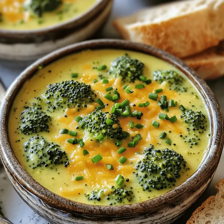 - 2 tablespoons unsalted butter - 1 medium onion, diced - 2 cloves garlic, minced - 4 cups fresh broccoli florets - 4 cups vegetable broth - 1 medium potato, peeled and diced - 1 cup heavy cream or coconut milk for a dairy-free option - 2 cups shredded sharp cheddar cheese - 1 teaspoon Dijon mustard - Salt and pepper to taste - Fresh chives for garnish This soup is not only creamy but also packed with flavor. To start, you need unsalted butter. It adds richness without extra salt. Next, grab a medium onion, diced finely. This will give a nice base flavor. You will also need minced garlic. It adds a wonderful aroma. Fresh broccoli florets are the star of this dish. Their bright green color makes the soup vibrant. You will also need a peeled and diced potato. This adds creaminess and helps thicken the soup. For the liquid, use vegetable broth. It gives a deep flavor without overpowering the dish. Heavy cream or coconut milk comes next. This makes the soup super creamy. If you want a lighter option, coconut milk works great too. Shredded sharp cheddar cheese is a must. It melts beautifully and adds a rich taste. Don't forget Dijon mustard; it gives a hint of tang. Lastly, season with salt and pepper to taste. Fresh chives make a lovely garnish. They add color and freshness to each bowl. With these simple yet tasty ingredients, you can create a delightful bowl of broccoli cheddar soup. Making One Pot Creamy Broccoli Cheddar Soup is easy and fun. Start with a large pot. A big pot helps cook all the ingredients evenly. This means more flavor in your soup. Follow these steps for a tasty meal. 1. Sautéing onion and garlic: First, melt 2 tablespoons of unsalted butter in the pot over medium heat. Add 1 medium diced onion. Sauté for 3-4 minutes until it turns clear. Then, add 2 minced garlic cloves. Cook for 1 more minute. The smell will be great! 2. Incorporating broccoli and potato: Now, stir in 4 cups of fresh broccoli florets and 1 peeled, diced potato. Pour in 4 cups of vegetable broth. Bring this mix to a boil. Then, lower the heat to simmer. Cover the pot and let it cook for 15-20 minutes. The broccoli and potato should be soft. 3. Blending for a creamy texture: After cooking, use an immersion blender. Blend the soup until smooth. If you don't have one, carefully pour the soup into a regular blender in batches. Blend until it is creamy. 4. Adding dairy and seasoning: Stir in 1 cup of heavy cream or coconut milk for a dairy-free option. Add 2 cups of shredded sharp cheddar cheese and 1 teaspoon of Dijon mustard. Mix well until the cheese melts. Finally, add salt and pepper to taste. Serve your soup hot, topped with fresh chives. Enjoy this comforting dish! To make the best One Pot Creamy Broccoli Cheddar Soup, focus on the cooking and blending steps. Start by sautéing the onion and garlic until they become soft. This adds a great flavor base. After adding the broccoli and potato, let the soup simmer. This helps to soften the veggies. For blending, I recommend using an immersion blender. It makes life easier since you blend right in the pot. If you don’t have one, a regular blender works too. Just be careful to blend in small batches. Hot soup can spill easily, so let it cool slightly before blending. Presentation matters! Serve your soup in warm bowls. Add a sprinkle of extra cheese and a few chives. This adds color and looks inviting. Pair your soup with crusty bread. It’s perfect for dipping. The bread adds a nice crunch and complements the creamy soup. You can also serve a side salad for a fresh touch. Enjoy your meal! {{image_2}} You can make this soup fit your needs. For a dairy-free version, use coconut milk instead of heavy cream. This gives the soup a light, sweet flavor. Coconut milk also keeps the soup rich and creamy. If you need gluten-free options, check your vegetable broth. Most brands are gluten-free, but it's good to read the label. You can also skip the potato for a lower-carb soup. The broccoli still gives a nice texture. Want to spice things up? Add a pinch of cayenne pepper or paprika. These spices add warmth and depth to the soup. You can also mix in other veggies like carrots or spinach for extra nutrition. If you want to change the cheese, try using gouda or Monterey Jack. These cheeses melt well and give a different taste. You can even use vegan cheese for a plant-based option. The fun is in playing with the flavors! To keep your soup fresh, store it in an airtight container. This helps prevent odors and keeps the soup tasty. You can refrigerate the soup for up to three days. If you want to save some for later, freeze it in a freezer-safe container. It will last for about three months in the freezer. When you want to enjoy it again, just thaw it in the fridge overnight. When reheating the soup, do it slowly on low heat. This keeps it creamy and prevents it from separating. Stir often to mix the ingredients well. If the soup seems too thick, add a splash of vegetable broth or water to thin it out. Heat until it is warm but not boiling. Enjoy your delicious, creamy soup! How can I make this soup vegan? You can make this soup vegan by swapping heavy cream for coconut milk. Use vegetable broth and skip the cheese. You can add nutritional yeast for a cheesy flavor. Can I use frozen broccoli instead of fresh? Yes, you can use frozen broccoli. Just add it to the pot when you would add fresh broccoli. Frozen broccoli cooks faster, so check it after about 10 minutes. What can I substitute for heavy cream? You can use coconut milk for a dairy-free option. Almond milk or cashew cream also works, but it may change the flavor a bit. Is it possible to make this soup in a slow cooker? Yes, you can make this soup in a slow cooker. Add all the ingredients except the cheese and cream. Cook on low for 6-8 hours. Blend and then stir in the cheese and cream at the end. This soup recipe uses fresh ingredients like broccoli, onion, and cheese. You can follow the step-by-step process to create a creamy and tasty dish. Remember to use a large pot and the right tools for blending. You can also modify the recipe for dietary needs or enhance flavors with spices. Store leftovers properly to keep them fresh. With these tips and tricks, you’ll master this soup. Enjoy your cooking and share it with others. Your kitchen will be filled with warmth and flavor!