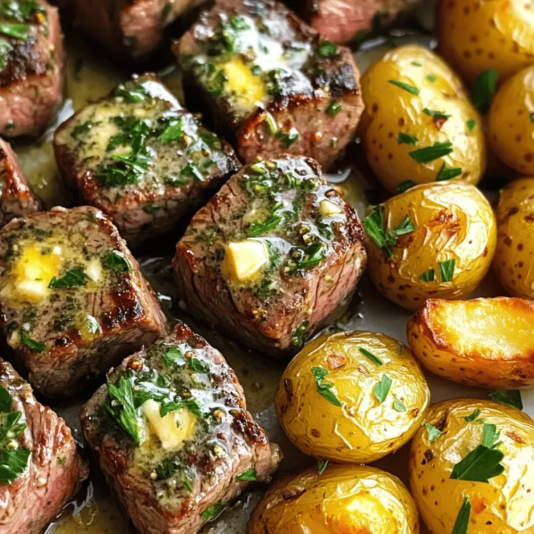 - 1 pound sirloin steak, cut into bite-sized cubes - 1 pound baby potatoes, halved - 4 cloves garlic, minced - 2 tablespoons fresh rosemary, finely chopped - 2 tablespoons fresh thyme, finely chopped - 3 tablespoons olive oil - Salt and pepper to taste - 1 tablespoon butter - 1 tablespoon fresh parsley, chopped for garnish - Optional seasonings like paprika or onion powder - Side dishes or sauces such as chimichurri or a fresh salad When I make Garlic Herb Steak Bites and Potatoes, I focus on quality ingredients. For the steak, I choose sirloin for its great flavor and tenderness. Baby potatoes are perfect because they cook evenly and have a lovely texture. I love using fresh herbs like rosemary and thyme. They add depth and aroma. Garlic is a must; it gives that rich taste everyone loves. Olive oil helps everything cook nicely while adding flavor. Feel free to play with optional seasonings. Paprika gives a nice color and warmth. Onion powder adds a savory touch. Pairing these bites with chimichurri or a salad brings freshness to the meal. Choosing fresh, high-quality ingredients sets you up for success in this dish. Each component works together to create a tasty and satisfying meal. - Preheat the oven to 400°F (200°C). - In a bowl, mix the halved baby potatoes with olive oil, minced garlic, salt, and pepper. To start, preheating the oven is key. It ensures even cooking of the potatoes. I like to mix potatoes in a large bowl. This gives them enough space to combine well with the oil and spices. - Spread seasoned potatoes on a baking sheet. - Roast until golden brown and tender (25-30 minutes). Once mixed, spread your potatoes on a baking sheet. Use a single layer for even roasting. I find that flipping them halfway helps achieve that perfect golden color. You want them tender and crispy! - Season and sear steak cubes in a skillet. - Add butter and herbs; meld flavors. While the potatoes cook, it's time for the steak. Season the cubes with salt, pepper, and the rest of the minced garlic. Heat a skillet over medium-high heat and add olive oil. Sear the steak cubes in batches to avoid crowding. Cook each side for about 2-3 minutes for medium-rare. When done, add butter, rosemary, and thyme to the skillet. Stir well to coat the steak in melted butter. This step combines all those delicious flavors. Cook for one more minute to let everything meld together. Trust me, you’ll love how the garlic and herbs enhance the steak bites! To get the best steak bites, aim for medium-rare. Cook the steak cubes in a hot skillet. Sear them for about 2-3 minutes on each side. You want a nice brown crust. Check the steak's doneness with a meat thermometer. It should reach 130°F (54°C) for medium-rare. If you want it more done, cook a little longer. Resting the meat is key. After cooking, let the steak sit for a minute. This helps the juices spread inside. A rested steak will be more juicy and tender. For more flavor, think about marinades. A simple mix of olive oil, soy sauce, and vinegar works well. You can also add spices like paprika or onion powder. These give a nice kick. When serving, arrange the steak bites and potatoes on a platter. Garnish with fresh parsley for color. This simple touch makes your dish look fancy. Serve with a side like chimichurri for extra flavor. Enjoy your delicious meal! {{image_2}} You can change the cut of meat for more flavor. Try ribeye or tenderloin instead of sirloin. Both cuts will give you a rich taste and juicy bites. If you want a vegetarian option, use mushrooms or tofu. Mushrooms will soak up the flavors well, while tofu adds protein and texture. Experiment with different herbs and spices to find your favorite mix. Try adding oregano or basil for a new twist. For a kick, add crushed red pepper flakes or cayenne. If you prefer sweetness, drizzle honey or maple syrup over the steak before cooking. These swaps let you make this dish your own. To keep your garlic herb steak bites and potatoes fresh, follow these steps: - Cool Down: Let the dish cool to room temperature. - Use Airtight Containers: Place the steak bites and potatoes in separate airtight containers. This helps keep them fresh. - Refrigerate: Store in the fridge for up to 3 days. This method helps maintain the flavors and textures of your meal. If you want to keep them longer, consider freezing. To enjoy your leftovers, reheating is key. Here are some tips: - Oven Method: Preheat your oven to 350°F (175°C). Place the steak bites and potatoes on a baking sheet. Heat for about 10-15 minutes. This keeps everything crispy and delicious. - Microwave Method: If you’re in a hurry, you can use the microwave. Place the steak and potatoes in a microwave-safe dish. Heat in short bursts of 30 seconds, stirring in between. This way, you avoid overcooking. Both methods will keep your meal tasty, but the oven usually maintains better texture. Enjoy your delicious leftovers! Can I substitute the sirloin steak with another type of meat? Yes, you can use other meats. Ribeye and tenderloin work well, too. Chicken or pork also make good choices. Just adjust cooking times for different meats. How do I know if my potatoes are fully cooked? To check if potatoes are done, poke them with a fork. They should feel soft. If the fork goes in easily, they are ready. If not, roast them a bit longer. What herb combinations work best for steak? Rosemary and thyme are great for steak. You can also try oregano or basil for a different taste. Mix different herbs to find your favorite flavor. Can this recipe be made in an air fryer? Yes, you can use an air fryer! Cook the potatoes and steak bites in batches. Set the air fryer to 400°F and check for doneness. This method gives a nice crisp! How can I make this recipe gluten-free? This recipe is already gluten-free as it stands. Just be sure to check your ingredients. Avoid any sauces or seasonings that may contain gluten. This recipe for garlic herb steak bites and potatoes is simple and tasty. You learned how to cook steak perfectly and roast potatoes until golden. I shared tips on enhancing flavors and suggested storage methods. Feel free to swap ingredients or try new herbs for a unique twist. With these steps, you can impress anyone at the dinner table. Enjoy your cooking and make this dish a favorite!