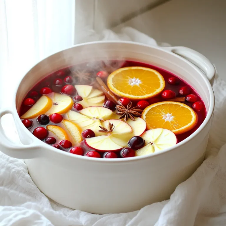 - 4 cups cranberry juice - 2 cups apple juice - 1 cup water - 1 orange, sliced - 1 lemon, sliced - 1 tablespoon fresh ginger, grated - 4 cinnamon sticks - 5 whole cloves - 5 star anise pods - 2 tablespoons honey (adjustable) - Fresh cranberries and apple slices for garnish To make this warm and cozy drink, you'll need a mix of juices, spices, and fresh fruit. Start with cranberry juice and apple juice as your base. This combination gives a sweet and tart flavor. Adding water makes it lighter and refreshing. Fresh ginger adds a warm kick, while cinnamon, cloves, and star anise bring warmth and depth. Slicing an orange and a lemon adds bright notes. These fruits not only taste great but also look festive. Honey sweetens the punch, and you can adjust it based on your taste. Fresh cranberries and apple slices make the drink visually appealing when served. Each ingredient works together to create a delightful experience. You will find the balance of sweet, tart, and spicy flavors makes this punch perfect for gatherings. Enjoy the aromas and flavors as they fill your kitchen while you prepare this delightful drink. 1. First, combine the cranberry juice, apple juice, and water in a large pot. 2. Next, add the sliced orange, sliced lemon, grated ginger, cinnamon sticks, whole cloves, and star anise. 3. Place the pot over medium heat and bring the mix to a gentle simmer. - You can strain out the spices and fruit or leave them in for a rustic look. - Garnish your punch with fresh cranberries and apple slices for a festive touch. - If you want a sweeter punch, adjust the sweetness with honey to fit your taste. - Let it simmer for 20 to 30 minutes. This will give the flavors time to blend perfectly. Using fresh ingredients makes a big difference. Fresh fruits, like oranges and lemons, give your punch brightness. Fresh ginger adds warmth and spice. If you want to change the sweetness, try different sweeteners. Maple syrup or agave can be fun options. Adjust honey to suit your taste. To get the best flavor, steep the mix just right. A simmer of 20-30 minutes allows the spices to blend well. Keep the punch warm in a slow cooker or over low heat while serving. This keeps the flavors alive and the drink enjoyable for everyone. Choose a sturdy pot for mulling. A large pot helps all the flavors mix well. For garnishing, use a sharp knife and cutting board. A fine mesh sieve is handy for straining if you want a clear punch. These tools make the process smooth and easy. {{image_2}} You can make Mulled Cranberry Apple Punch even more fun by adding alcohol. Rum or whiskey are both great choices. Start with one cup of rum or whiskey for a warm twist. This will add depth and warmth to the punch. If you want a sweeter taste, choose spiced rum. If you prefer a stronger kick, whiskey works well. Just add it after you finish simmering the punch. Always taste before serving to make sure it’s just right. One great way to switch things up is to use different fruit juices. Instead of cranberry and apple, try pear or pomegranate for a new flavor. These juices bring their own sweetness and a unique taste to the punch. For summer, consider using berries like strawberries or blueberries. They add freshness and a pop of color. You can mash the berries before adding them to release more juice and flavor. If you want to save time, use pre-mixed mulling spices. This option gives you a quick way to infuse rich flavors. You can find these spices at most grocery stores. If you want to get creative, swap out spices to match your taste. For example, use nutmeg instead of star anise. Or try cardamom for a different aroma. The key is to adjust the spices so you enjoy every sip. To keep your mulled cranberry apple punch fresh, store any leftovers in the fridge. Use an airtight container to avoid spills and keep flavors intact. Make sure to cool the punch to room temperature before sealing it. The punch will stay good for up to five days. If you notice any change in smell or color, it’s best to toss it. When reheating your punch, do it slowly on the stove. Pour the punch into a pot and heat it over low heat. Avoid boiling, as high heat can change the flavors and make it taste different. Stir it gently while warming. You can also microwave it in a heat-safe container. Heat in short intervals and stir between to ensure even warmth. You can freeze your punch if you have lots left over. Pour the cooled punch into freezer-safe containers, leaving some space at the top. Liquids expand when frozen, so this step is important. It can last up to three months in the freezer. To thaw, place the container in the fridge overnight. Once thawed, heat it gently and stir well before serving. Mulled Cranberry Apple Punch is a warm, spiced drink. It combines cranberry juice and apple juice, creating a sweet and tangy flavor. The drink often includes spices like cinnamon and cloves, which add warmth. This drink traces its roots to holiday traditions where people mull wine and cider. It’s perfect for gatherings, warming hearts and hands during chilly seasons. You can store Mulled Cranberry Apple Punch in the fridge for about three days. Make sure to keep it in an airtight container to keep it fresh. If you want to save it longer, consider freezing it. Just remember to leave some space in the container for expansion. When you want to drink it again, thaw it in the fridge overnight and reheat gently. Yes, you can make this punch ahead of time. Prepare the drink and let it cool before storing it. When you're ready to serve, just reheat it on the stove until warm. This way, you save time and still enjoy all the cozy flavors. If you want the best taste, try to consume it within two days after making it. This blog post shows you how to create a delicious mulled cranberry apple punch. We covered the key ingredients, step-by-step instructions, and tasty tips to enhance your drink. You now know how to serve it, store leftovers, and even add variations. Crafting this punch allows you to impress guests and enjoy festive flavors. Remember, using fresh ingredients will always give you the best taste. Now, grab your pot and start making your winter drink!