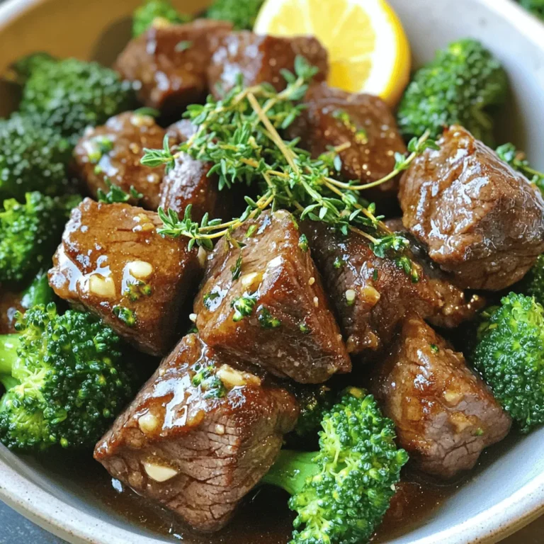 - 1 lb sirloin steak, cut into bite-sized cubes - 2 tablespoons olive oil - 4 tablespoons unsalted butter - 5 cloves garlic, minced - 1 teaspoon fresh thyme leaves (or ½ teaspoon dried thyme) - 1 teaspoon salt - ½ teaspoon black pepper - 2 cups broccoli florets - Zest of 1 lemon - Juice of 1 lemon - Pinch of red pepper flakes (optional) For this recipe, I recommend using sirloin steak. It has good flavor and cooks well. If you want, you can swap the steak for chicken or shrimp. Just adjust the cooking time as these proteins cook differently. Olive oil adds a nice touch, but you can use any oil you have on hand. Butter is key for flavor, so I suggest sticking with unsalted. For garlic, fresh is best, but jarred minced garlic works too. The thyme gives a great taste, but if you don’t have it, skip it or use Italian seasoning. Fresh broccoli is vibrant and crunchy. Frozen broccoli is okay, but it may not stay as crisp. If you like some heat, add red pepper flakes. Otherwise, leave them out for a milder dish. Make sure you have a lemon on hand for zest and juice. This brightens the dish and adds freshness. Enjoy your cooking! 1. Start by cutting the sirloin steak into bite-sized cubes. This makes it easy to cook and eat. 2. Season the steak cubes with salt, black pepper, and thyme. Mix well. 3. Let the steak marinate for about 15 minutes. This step adds flavor and tenderness. 4. Heat olive oil in a large skillet over medium-high heat. Wait until it shimmers. 5. Add the steak in a single layer. Cook in batches if needed to avoid crowding. 6. Sear the steak bites for 2-3 minutes on each side. They should be browned and cooked to your liking. 1. Remove the cooked steak and place it on a plate. Cover it to keep it warm. 2. In the same skillet, add unsalted butter and minced garlic. Sauté for 1 minute. 3. Add the broccoli florets to the skillet. Stir-fry for 3-5 minutes until bright and tender. 4. Return the steak bites to the skillet. Mix everything together gently. 1. Add the lemon zest and juice. Toss the mixture to coat well. 2. If you like some heat, sprinkle in red pepper flakes. This adds a nice kick. 3. Cook for an additional 1-2 minutes to heat everything through. 4. Taste and adjust seasoning if needed. 5. Serve the garlic butter steak bites and broccoli in shallow bowls. Garnish with fresh thyme and a squeeze of lemon for added brightness. The best way to cook steak bites is to aim for medium-rare. This keeps them juicy and tender. Sear the cubes for 2-3 minutes per side. Use a hot skillet to get nice browning. Always let the steak rest after cooking. This helps the juices stay inside. To keep broccoli vibrant, cook it quickly. Add it to the pan with garlic for about 3-5 minutes. Stir it often. You want bright green florets that are still crisp. A splash of lemon juice at the end will also help. For a great presentation, serve steak bites and broccoli in shallow bowls. Sprinkle fresh thyme leaves on top. Add a squeeze of lemon juice for a pop of flavor. The colors will look amazing together. Pair this dish with simple sides like rice or mashed potatoes. A light salad also works well. For beverages, try a glass of red wine. It complements the steak nicely. You can add more flavor with optional ingredients. A pinch of red pepper flakes gives a nice kick. If you like heat, try it! For garnishing, consider adding lemon zest or fresh herbs. They brighten the dish and make it more appealing. You could also drizzle some garlic butter over the top before serving. This adds richness and enhances the flavor. {{image_2}} You can change the protein in this dish. Try using chicken or shrimp instead of steak. Both options cook quickly and soak up flavors well. For a lighter touch, chicken pairs nicely with garlic butter. Shrimp adds a sweet taste that works great with the lemon juice. You can also switch up the vegetables. Asparagus or green beans are fantastic choices. Asparagus adds a nice crunch and a fresh taste. Green beans bring a mild flavor that complements the steak and garlic butter. Adjusting seasonings can elevate this dish. Try adding fresh herbs like parsley or rosemary for a different taste. You can also use spices like paprika or cumin for a warm flavor. These changes can make each meal unique. Adding sauces or marinades can enhance the flavors too. A splash of soy sauce adds a savory twist. You could also try teriyaki sauce for a sweet and tangy taste. These options can add a whole new layer to the dish. This recipe can easily fit different diets. To make it gluten-free, just check the sauces and use gluten-free options. For low-carb diets, skip any high-carb sides and keep it simple with more veggies. If you want a vegetarian or vegan version, replace the steak with mushrooms or tofu. Both options absorb flavors well and provide a good texture. Use vegan butter for a plant-based alternative, keeping the dish tasty and satisfying. To keep your Garlic Butter Steak Bites with Broccoli fresh, use airtight containers. Glass or plastic containers work well. Store leftovers in the fridge for up to three days. After that, the taste and texture may change. For the best taste, reheat on the stove over low heat. Add a splash of water or broth to keep the dish moist. Stir occasionally to avoid burning. If using a microwave, heat in short bursts. This method helps prevent overcooking the steak. To freeze, place the cooked steak bites and broccoli in freezer-safe bags. Remove as much air as possible. You can freeze for up to three months. For thawing, move the dish to the fridge overnight. This method helps maintain the texture and flavor. How do I make steak bites tender? To make steak bites tender, start with good quality meat. Sirloin works well. Cut it against the grain into small cubes. Marinate the meat with salt, pepper, and thyme for about 15 minutes. This helps to break down the fibers. Cook the steak quickly over high heat for a rich crust. This method keeps the inside juicy. Can I substitute the steak with another protein? Yes, you can use chicken or shrimp instead of steak. Cut chicken into bite-sized pieces. For shrimp, use large, raw shrimp. Adjust the cooking time as needed. Chicken takes a bit longer than steak, while shrimp cooks quickly. Both options will still taste great with the garlic butter. What is the best cooking time for medium-rare steak? For medium-rare steak, cook each side for 2-3 minutes. Your steak should reach an internal temperature of 130°F to 135°F. Use a meat thermometer for best results. Remove it from the heat and let it rest for a few minutes. This helps keep it juicy. How long will it take to cook the broccoli properly? Cook the broccoli for about 3-5 minutes in the skillet. You want it tender but still bright green. Stir-frying it with garlic adds great flavor. Avoid overcooking to keep the broccoli crisp and vibrant. Can I use frozen broccoli for this recipe? Yes, frozen broccoli can work well. Just make sure to thaw and drain it first. This prevents excess water from making the dish soggy. You can add it to the skillet for the last few minutes of cooking. What wine pairs well with Garlic Butter Steak Bites with Broccoli? A nice red wine pairs well with this dish. Try a Cabernet Sauvignon or a Merlot. These wines complement the rich flavors of the steak and butter. If you prefer white wine, a Chardonnay works too. It adds a nice balance to the meal. This article covered everything you need to know for making Garlic Butter Steak Bites with Broccoli. We explored key ingredients, step-by-step cooking instructions, plus tips for a great dish. You learned how to customize the recipe with variations and smart substitutions. Storing and reheating tips ensure your leftovers taste fresh. Cooking at home can be easy and fun. With these insights, you can impress your family and friends with delicious meals. Enjoy experimenting and sharing your variations!