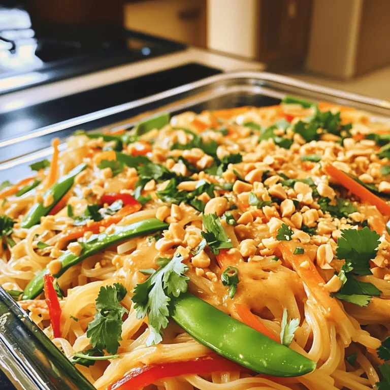 - 8 oz rice noodles - 1 cup snap peas, trimmed - 1 red bell pepper, thinly sliced - 1 carrot, julienned - 3 green onions, chopped - 1/4 cup creamy peanut butter - 2 tablespoons soy sauce (or tamari for gluten-free) - 1 tablespoon fresh lime juice - 1 tablespoon sriracha (adjust to taste) - 1 teaspoon sesame oil - 1 tablespoon honey or maple syrup - Crushed peanuts and cilantro, for garnish Gather these ingredients for a tasty dish. Rice noodles are the base. They soak up all the flavors. Snap peas add crunch, while red bell pepper and carrot bring color. Green onions give a fresh bite. The peanut sauce is the star here. Creamy peanut butter pairs with soy sauce for saltiness. Fresh lime juice adds brightness, and sriracha brings heat. Sesame oil adds depth, and honey or maple syrup balances the spice. These ingredients let you create a flavorful meal. Each item plays a role. You can also adjust flavors to fit your taste. Start by boiling a large pot of water. Add the rice noodles when the water is rolling. Cook them for about 6-8 minutes, or until they are al dente. When done, drain the noodles and rinse them under cold water. This stops the cooking and keeps them from sticking. Set your noodles aside for later. While the noodles cook, heat a large skillet over medium-high heat. Add a splash of water to the skillet. Toss in the snap peas, red bell pepper, and carrot. Sauté these colorful veggies for around 3-4 minutes. You want them bright and just tender. Next, add the chopped green onions and cook for one more minute. This adds a nice crunch to your dish. In a medium bowl, combine the creamy peanut butter, soy sauce, fresh lime juice, sriracha, sesame oil, and honey. Whisk these ingredients together until smooth. If the sauce feels too thick, add a little water. Keep whisking until you achieve your desired consistency. This sauce makes the dish flavorful and rich. Now it’s time to bring everything together. Add the cooked noodles to the skillet with the sautéed vegetables. Pour the peanut sauce over the top. Mix everything gently to coat the noodles and veggies well. Heat the dish for another 2-3 minutes. This warms everything nicely and allows the flavors to blend. When ready, serve the noodles warm. Top each plate with crushed peanuts and fresh cilantro. This adds a nice crunch and fresh flavor to the dish. Enjoy your meal at a warm temperature for the best taste! To make perfect rice noodles, start with boiling water. Follow the package instructions for cooking time. It usually takes about 5-7 minutes. You want them to be al dente, or firm to the bite. After cooking, drain the noodles and rinse them under cold water. This stops the cooking process and keeps them from sticking. Make sure to rinse well; it helps remove extra starch. You can adjust the spice in the peanut sauce to fit your taste. If you like it mild, use less sriracha. For more heat, add a bit more. Taste the sauce as you mix it to find your perfect balance. Feel free to substitute ingredients in the peanut sauce. If you don’t have honey, use maple syrup. You can also swap soy sauce with tamari for a gluten-free option. To boost the flavor of your dish, add extra seasonings. A pinch of garlic powder or ginger can work wonders. You could also sprinkle some crushed red pepper flakes for added heat. Don’t forget about garnishes! Fresh cilantro adds bright flavor, while crushed peanuts give a nice crunch. You could also add lime wedges for an extra zing when serving. {{image_2}} You can easily change the protein in your spicy Thai peanut noodles. Adding cooked chicken gives the dish a hearty touch. Grilled shrimp adds a fresh twist, while tofu makes it a great vegan option. If you want a vegetarian dish, just stick with tofu or add more veggies. Feel free to swap vegetables based on what you have. If snap peas are out of season, try using broccoli or bell peppers. Zucchini works well, too! Carrots can be replaced with thinly sliced radishes for a different crunch. The goal is to keep it colorful and fresh. For gluten-free options, use rice noodles and tamari instead of soy sauce. Rice noodles are naturally gluten-free and easy to cook. Tamari adds the same great flavor without gluten. Check the labels to ensure everything fits your dietary needs. To store your spicy Thai peanut noodles, place them in an airtight container. This keeps them fresh and tasty. They last in the fridge for about 3 to 4 days. If you notice any unusual smell or mold, it’s best to throw them out. Yes, you can freeze spicy Thai peanut noodles! To freeze, place them in a freezer-safe container. Use it within 1 to 2 months for the best flavor. When you're ready to eat, thaw them overnight in the fridge. This helps maintain taste and texture. To reheat without drying out, add a splash of water or broth. Heat in a pan over medium-low heat. Stir often to mix in the moisture. You can also use a microwave. Cover with a damp paper towel to keep them moist. Enjoy your leftovers just as much as the first time! Spicy Thai Peanut Noodles are a delightful dish made with rice noodles. Fresh vegetables like snap peas, red bell peppers, and carrots add color and crunch. The creamy peanut sauce ties everything together. This sauce mixes peanut butter, soy sauce, lime juice, and sriracha for a spicy kick. It’s a quick and tasty meal that pleases many palates. Yes, you can make this dish in advance. Cook the noodles and vegetables, then store them separately. Keep the peanut sauce in a jar. When you're ready to eat, combine everything and heat it up. This way, you save time and still enjoy fresh flavors. Meal prep makes busy days easier. To adjust the spice level, start with less sriracha. You can always add more later. For mild noodles, use one teaspoon. For medium, two teaspoons work well. If you love heat, go for three or four teaspoons. Taste as you go to find your perfect match. Look for Thai restaurants or Asian bistros to find Spicy Thai Peanut Noodles. Many places offer this dish on their menu. You can also check noodle shops or cafes that serve Asian fusion food. Ask your server for spicy noodle options to explore similar flavors. You learned how to make Spicy Thai Peanut Noodles, starting with the right ingredients. We covered cooking perfect rice noodles, sautéing fresh veggies, and mixing a creamy peanut sauce. You can customize this dish with proteins and seasonal veggies. Remember to store leftovers properly and reheat them to keep them tasty. Enjoy exploring different flavors and making this dish your own. The joy of cooking is all about creativity and fun. Happy cooking!