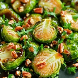 - 1 lb Brussels sprouts, trimmed and halved - 3 tablespoons balsamic vinegar - 2 tablespoons pure maple syrup - 3 tablespoons olive oil - 2 cloves garlic, minced - Salt and pepper - 1 teaspoon Dijon mustard - 1/4 cup pecans, roughly chopped (optional) - Fresh parsley for garnish Brussels sprouts are small green veggies packed with flavor and nutrients. They are rich in vitamins C and K. The balsamic vinegar adds a tangy taste. Maple syrup gives them a sweet twist. Olive oil helps them roast perfectly. Garlic adds a lovely aroma. - Calories per serving: about 150 - Macros: - Fat: 10g - Carbs: 14g - Protein: 3g Brussels sprouts have many health benefits. They are high in fiber, which helps digestion. They also contain antioxidants, which are good for your body. Eating Brussels sprouts can support heart health and boost your immune system. Enjoy this dish knowing it’s tasty and good for you! Start by trimming the ends of the Brussels sprouts. Remove any yellow or wilted leaves. After that, cut each sprout in half. This helps them cook evenly and caramelize nicely. Preheat your oven to 400°F (200°C). This hot oven will give your sprouts that perfect crispy texture. In a large bowl, mix together the balsamic vinegar, maple syrup, olive oil, minced garlic, Dijon mustard, salt, and pepper. Whisk everything well. This step ensures that all the flavors blend together. A good mix gives your Brussels sprouts a rich, tasty glaze. Next, take your halved sprouts and toss them in the balsamic mixture. Make sure they are fully coated. Then, spread the Brussels sprouts on a lined baking sheet, cut side down. This helps with caramelization. If you like, sprinkle chopped pecans on top for added crunch. Roast the sprouts in your preheated oven for 20-25 minutes. Stir them halfway through to ensure even cooking. You want them tender and golden brown when done. To get the best caramelization, spread the Brussels sprouts cut side down on the baking sheet. This allows them to brown nicely. Use a hot oven at 400°F (200°C). It helps them cook evenly. Stir the sprouts halfway through roasting. This step ensures they brown on all sides. You can add spices to boost flavor. Try a pinch of red pepper flakes for heat. Fresh herbs like thyme or rosemary also work well. If you want more sweetness, drizzle a bit more maple syrup. This adds depth to the dish. Garnishing makes your dish look appealing. Fresh parsley adds a touch of color. You can also sprinkle chopped pecans on top for crunch. Serve the Brussels sprouts in a nice bowl or on a platter. A beautiful presentation makes the meal feel special. {{image_2}} You can easily make Balsamic Roasted Brussels Sprouts fit your diet. For a vegan version, just skip the Dijon mustard. It adds flavor but is not essential. You can still enjoy the dish with the balsamic vinegar and maple syrup. If you need a gluten-free option, this recipe is already safe. The ingredients do not include gluten. Just be sure your Dijon mustard is gluten-free. Want to spice things up? Try adding cheese or bacon. A sprinkle of feta or goat cheese will add creaminess. If you prefer bacon, chop it up and add it before roasting. The saltiness of bacon pairs well with the sweet glaze. You can also mix in fruits like cranberries or apples. Dried cranberries add a sweet and tart flavor. Chopped apples give a nice crunch and freshness. Both options make the dish more colorful and tasty. If you want to cook your Brussels sprouts faster, use an air fryer. Set it to 375°F (190°C) and cook for about 15 minutes. Shake the basket halfway through for even cooking. You can also sauté the Brussels sprouts on the stovetop. Heat olive oil in a pan over medium heat. Add the sprouts and cook for about 10-12 minutes. Stir often until they are tender and golden. This method gives them a nice crisp without using the oven. To keep your Balsamic Roasted Brussels Sprouts fresh, refrigerate them in a sealed container. They will last for about 3 to 5 days. Make sure they cool down to room temperature before you seal them. If you want to freeze them, place the cooled sprouts in a freezer bag. Remove as much air as possible. They can stay good for 2 to 3 months in the freezer. Just label the bag with the date for easy tracking. To reheat your Brussels sprouts, the oven method works best. Preheat your oven to 375°F (190°C). Spread the sprouts on a baking sheet. Heat them for about 10 to 15 minutes or until they are warm. This method keeps them crispy and tasty. If you need a quicker way, use the microwave. Place the sprouts in a microwave-safe dish. Cover them with a damp paper towel. Heat them in 30-second bursts, stirring in between, until they are warm. This method is fast but may make them a bit softer. Balsamic roasted Brussels sprouts last about 3 to 5 days in the fridge. To store them, let them cool down first. Then, place them in an airtight container. This keeps them fresh and tasty for your next meal. If you want to keep them longer, you can freeze them. Just make sure to use a freezer-safe bag or container. They may lose some texture, but they will still taste good. Yes, you can prepare Brussels sprouts ahead of time! A great way is to trim and halve them the day before. Store them in a bowl of cold water in the fridge. This keeps them fresh. You can also mix the balsamic glaze in advance and keep it in the fridge until you're ready to cook. When you're ready, just toss the sprouts in the glaze and roast them. This saves time and makes dinner easier. Balsamic roasted Brussels sprouts pair well with many dishes. Here are some tasty options: - Grilled chicken or steak for protein - Quinoa or rice for a hearty base - A fresh salad for added crunch - Mashed potatoes for comfort food lovers You can also serve them with roasted meats or as part of a veggie platter. Don’t forget to check out my other recipes for more ideas! Balsamic roasted Brussels sprouts offer great flavor and health benefits. You learned about the key ingredients, from fresh Brussels sprouts to balsamic vinegar and maple syrup. I shared steps for prepping, roasting, and perfecting the dish. You also found tips for variations and storage. Enjoy this delicious vegetable side with your favorite meals. Try new flavors or cooking methods to make it your own. The right blend will impress everyone at your table.