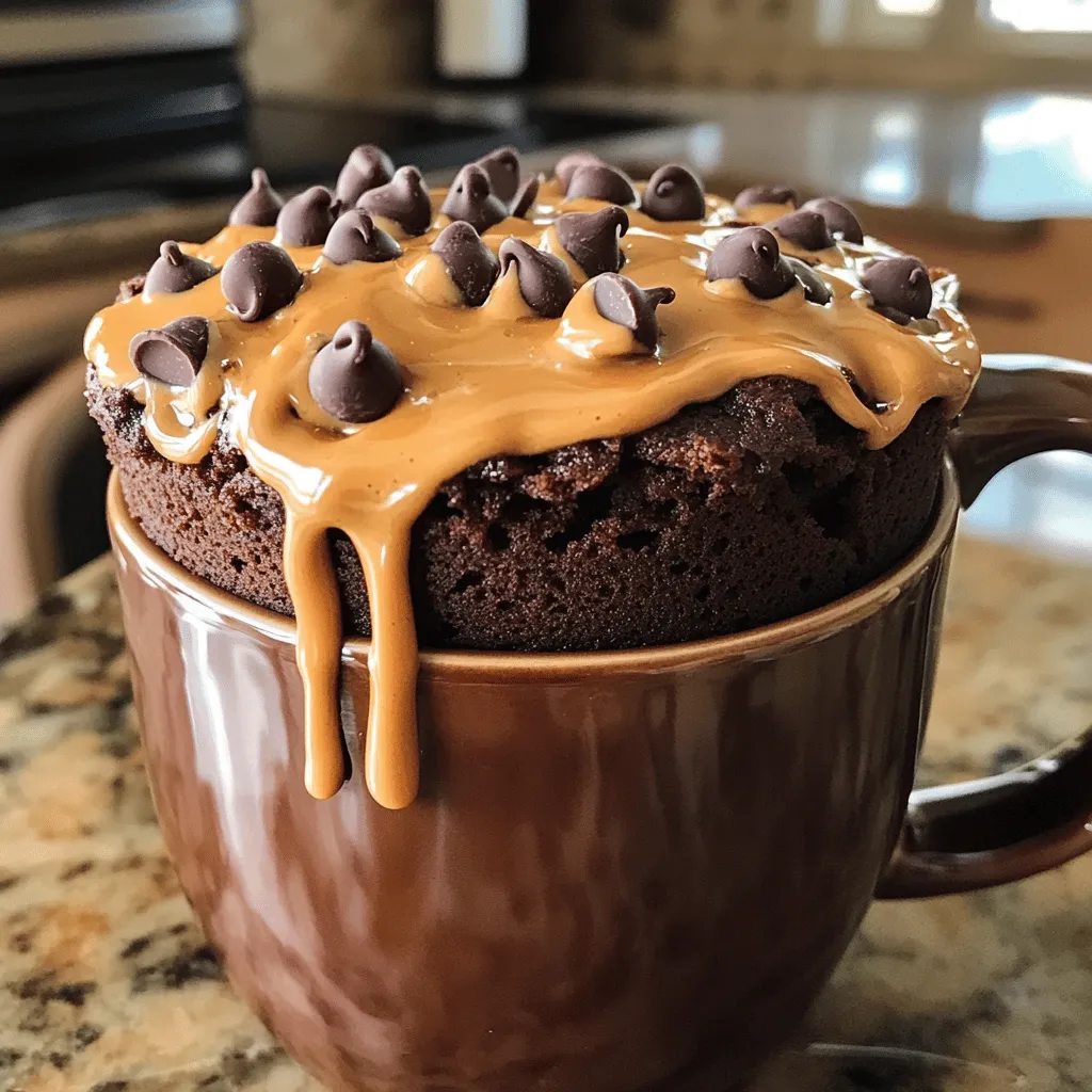 To make this chocolate peanut butter mug cake, gather these ingredients: - 4 tablespoons all-purpose flour - 4 tablespoons granulated sugar - 2 tablespoons unsweetened cocoa powder - 1/8 teaspoon baking powder - 1/8 teaspoon salt - 3 tablespoons milk (or your preferred non-dairy milk) - 2 tablespoons peanut butter - 1 tablespoon vegetable oil (or melted coconut oil) - 1/2 teaspoon vanilla extract - Optional: chocolate chips for added richness You can swap some ingredients if needed: - Use almond flour instead of all-purpose flour for a gluten-free option. - Replace granulated sugar with coconut sugar or a sugar substitute. - Use almond milk or oat milk instead of regular milk. - Swap peanut butter with almond butter if you prefer. Make your mug cake even better with these add-ins: - Stir in chocolate chips for more chocolate flavor. - Add a pinch of cinnamon for a warm spice touch. - Top with whipped cream or ice cream after cooking. - Mix in some crushed nuts for extra crunch. First, grab a microwave-safe mug. Make sure it is big enough for the cake to rise. In that mug, combine these dry ingredients: - 4 tablespoons all-purpose flour - 4 tablespoons granulated sugar - 2 tablespoons unsweetened cocoa powder - 1/8 teaspoon baking powder - 1/8 teaspoon salt Mix these well. You want to break up any lumps. Next, add the wet ingredients: - 3 tablespoons milk (or your favorite non-dairy milk) - 2 tablespoons peanut butter - 1 tablespoon vegetable oil (or melted coconut oil) - 1/2 teaspoon vanilla extract Stir until your batter is smooth. If you want extra chocolate flavor, add some chocolate chips now. Place the mug in the microwave. Cook it on high for about 1 minute and 30 seconds. Keep an eye on it while it cooks. Every microwave is different, so it may take longer or shorter. You want the cake to rise and be set but a bit soft in the center. If it is not done, microwave it in 15-second bursts until ready. To check if your mug cake is done, gently touch the center. It should feel set but slightly soft. If it feels too wet, give it more time in the microwave. Once it's ready, let it cool for a minute. Enjoy it plain, or add whipped cream or ice cream on top for a treat! To make the best chocolate peanut butter mug cake, follow these tips: - Use the right mug: Choose a large, microwave-safe mug. This helps the cake rise without spilling. - Mix well: Stir the dry ingredients first. This avoids lumps and helps the cake bake evenly. - Watch the time: Microwave power can vary. Start with 1 minute and 30 seconds. Check after that. - Let it cool: Wait a minute before eating. This helps the cake set and cool down. You can make this mug cake your own with fun add-ins: - Add chocolate chips: Fold in a handful for extra chocolate flavor. - Try nuts: Chopped walnuts or almonds add a nice crunch. - Use flavored milk: Swap regular milk for vanilla or almond milk for a new twist. - Mix in fruit: Try banana slices or berries for added taste and texture. Sometimes mug cakes don’t turn out as planned. Here’s how to fix common problems: - Cake is too dense: Mix the batter more. Make sure no dry spots remain. - Cake overflows: Use a larger mug or reduce the batter amount slightly. - Cake is raw in the center: Microwave in 15-second bursts until it cooks through. - Cake is too dry: Add a splash more milk to the batter next time. This keeps it moist. {{image_2}} You can mix things up with your chocolate peanut butter mug cake. Try adding a pinch of cinnamon for warmth. Want some fruit? Toss in some mashed bananas or a few berries. You can even switch the peanut butter for almond or cashew butter. Each nut butter gives a new twist to the flavor. For a minty kick, add a drop of peppermint extract. The options are endless! If you want a gluten-free mug cake, use almond flour or coconut flour instead of regular flour. Almond flour gives a nutty taste, while coconut flour makes it light. Just remember, coconut flour absorbs more liquid, so you might need to add an extra tablespoon of milk. This way, you can still enjoy a rich, chocolatey treat without gluten. To make this mug cake vegan, swap out the milk for a non-dairy option. Almond milk, soy milk, or oat milk all work great. Replace the peanut butter with a nut-free option like sunflower seed butter for allergies. You can use maple syrup instead of sugar for sweetness, too. These changes let everyone enjoy this delicious treat, no matter their diet. If you have leftover mug cake, let it cool first. Transfer it to an airtight container. You can store it in the fridge for up to two days. If you want to keep it longer, freeze it. Wrap the mug cake tightly in plastic wrap or foil. It can last in the freezer for up to a month. To reheat your mug cake, take it out of the fridge or freezer. If frozen, let it thaw in the fridge overnight. For reheating, place it in the microwave for about 15 to 30 seconds. Check if it's warm enough. If not, heat in 10-second intervals until it's the right temperature. For the best taste, enjoy your mug cake fresh. If you store it, keep it covered. The air can dry it out. Feel free to add a splash of milk when reheating. This adds moisture back to the cake. You can also top it with whipped cream or peanut butter for extra flavor. Yes, you can make this mug cake without an egg. The egg acts as a binder. You can replace it with 1 tablespoon of applesauce or mashed banana. This makes the cake moist and helps it rise too. To stop your mug cake from overflowing, use a larger mug. Leave some space at the top for it to rise. Keep an eye on it while it cooks. If you see it rising too fast, pause the microwave for a few seconds. Yes, you can use alternative sweeteners in this recipe. If you prefer to use honey or maple syrup, use about 2 tablespoons. Just remember to reduce the milk a little to balance the extra liquid. You can enjoy a mug cake right from the mug! For a treat, add a dollop of whipped cream or a scoop of ice cream on top. You can also sprinkle some chopped nuts or extra chocolate chips for added flavor. To make an easy mug cake, you should gather all ingredients and follow each step. From substitutions to fun add-ins, the options are endless. Remember to check for doneness and store leftovers properly. Feel free to explore different flavors, gluten-free, or vegan versions. With these tips and tricks, you will make a perfect mug cake every time. Enjoy your creation and share your results! Your delicious dessert is only a few minutes away.