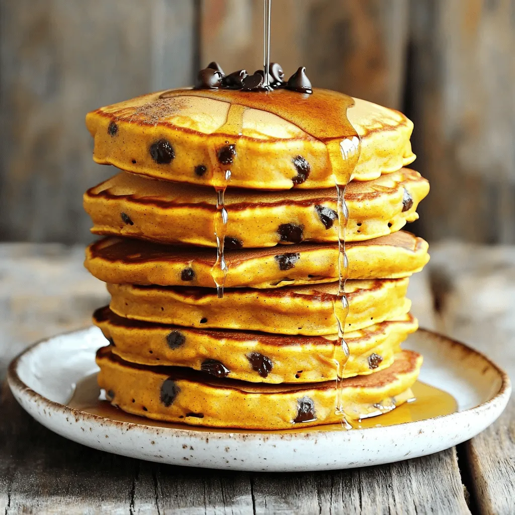 To make pumpkin chocolate chip pancakes, you will need: - 1 cup all-purpose flour - 1/2 cup pumpkin puree - 1/4 cup brown sugar - 2 tablespoons granulated sugar - 1 tablespoon baking powder - 1/2 teaspoon baking soda - 1/2 teaspoon cinnamon - 1/4 teaspoon nutmeg - 1/4 teaspoon salt - 1 cup milk (or a non-dairy alternative) - 1 large egg - 2 tablespoons unsalted butter, melted (plus extra for cooking) - 1/2 cup semi-sweet chocolate chips Each serving of these pancakes offers a delightful mix of nutrients. On average, one serving contains: - Calories: 250 - Protein: 6g - Carbohydrates: 35g - Dietary Fiber: 2g - Sugars: 10g - Fat: 10g The pumpkin adds fiber, while the chocolate chips provide a sweet touch. You can easily swap ingredients based on your needs: - Use whole wheat flour for a nuttier taste and added fiber. - Substitute pumpkin puree with mashed bananas for a different flavor. - Maple syrup can replace brown sugar for natural sweetness. - Almond milk works well as a non-dairy milk option. - Use a flaxseed egg instead of a large egg for a vegan version. Feel free to get creative with your ingredients! 1. Mix Dry Ingredients: In a large bowl, combine 1 cup of flour, 1/4 cup of brown sugar, 2 tablespoons of granulated sugar, 1 tablespoon of baking powder, 1/2 teaspoon of baking soda, 1/2 teaspoon of cinnamon, 1/4 teaspoon of nutmeg, and 1/4 teaspoon of salt. Whisk them well. 2. Mix Wet Ingredients: In another bowl, blend 1/2 cup of pumpkin puree, 1 cup of milk, 1 large egg, and 2 tablespoons of melted butter. Stir until it is smooth. 3. Combine Mixtures: Pour the wet mix into the dry mix. Gently fold the two together until just combined. It's okay if there are a few lumps. 4. Add Chocolate Chips: Fold in 1/2 cup of semi-sweet chocolate chips into the batter. Make sure they are spread evenly. - Preheat Your Pan: Heat a non-stick skillet over medium heat. Add a little butter to coat the bottom. - Perfect Pour: Use 1/4 cup of batter for each pancake. This size cooks evenly and looks great. - Watch for Bubbles: Cook each pancake until bubbles form on the surface, which takes about 2-3 minutes. This shows they’re ready to flip. - Golden Brown Finish: Flip the pancakes carefully. Cook for another 2-3 minutes until both sides are golden. - Batter Too Thick: If your batter is too thick, add a bit more milk to loosen it. This will help the pancakes to spread and cook evenly. - Pancakes Not Cooking: If pancakes are browning too fast, reduce the heat. Cooking at a lower temperature helps them cook through. - Sticking to the Pan: If pancakes are sticking, make sure to use enough butter on the skillet. A non-stick pan works best for easy flipping. These steps guide you to make pumpkin chocolate chip pancakes that are soft and delicious. Enjoy your cooking! To make fluffy pancakes, start with fresh ingredients. Use a light hand when mixing. Combine the wet and dry ingredients until they just blend. A few lumps are good; they help keep the pancakes airy. Let the batter rest for a few minutes. This allows the baking powder to activate, making your pancakes rise nicely. Serve these pancakes warm and stacked high. They taste great with a side of crispy bacon or fresh fruit. You can also add a dollop of yogurt for creaminess. If you like, serve them with maple syrup for sweetness. The best toppings include extra chocolate chips and whipped cream. You can also try a sprinkle of cinnamon or nutmeg. For a fun twist, add chopped nuts for crunch. If you want something sweet, drizzle honey or caramel sauce on top. These toppings make each bite special and delicious. {{image_2}} You can make these pancakes gluten-free. Simply swap regular flour with a gluten-free blend. Look for one that works cup-for-cup. This change keeps the texture nice. Just ensure it has xanthan gum, which helps bind the ingredients. To make these pancakes vegan, replace the egg with a flax egg. Mix one tablespoon of flaxseed meal with three tablespoons of water. Let it sit for five minutes. Use almond milk or soy milk instead of regular milk. For the butter, use coconut oil or a vegan butter. These swaps keep the pancakes tasty and fluffy. You can add more to your pancakes for fun flavors. Consider mixing in chopped nuts like walnuts or pecans. They add crunch and taste. You can also stir in a dash of ginger or cardamom for warmth. Try adding dried fruit like raisins or cranberries for a sweet twist. These small changes can make each pancake experience unique! After making pumpkin chocolate chip pancakes, you might have some left. Let the pancakes cool down first. Stack them in a single layer on a plate. Cover the pancakes with plastic wrap or foil. This keeps them fresh and prevents drying out. You can store them in the fridge for up to three days. If you want to keep them longer, freezing is a great option. Reheating pancakes is simple. You can use a microwave or a skillet. For the microwave, place pancakes on a plate. Heat them for 20 to 30 seconds. Check if they are warm enough; if not, add more time. For a skillet, heat it over low heat. Place the pancakes in the skillet and cook for about one minute on each side. This keeps them fluffy while warming them up. Freezing pancakes is an easy way to save them for later. First, let the pancakes cool completely. Then, stack them with parchment paper between each pancake. This stops them from sticking together. Place the stack in a freezer bag or airtight container. Seal it tightly, removing as much air as you can. You can freeze them for up to two months. When you're ready to eat, just reheat them as mentioned above. You can replace the egg with a mashed banana or applesauce. Use 1/4 cup of either. This keeps the pancakes moist. You can also use 1 tablespoon of ground flaxseed mixed with 3 tablespoons of water. Let this sit for five minutes before adding it to the batter. Both options work well and keep your pancakes tasty. Yes, you can use fresh pumpkin! First, roast or steam your pumpkin until soft. Then, blend it until smooth. Measure out 1/2 cup for your recipe. Fresh pumpkin may add a slightly different taste, but it will still taste amazing. Plus, it gives a nice, fresh flavor to your pancakes. To keep pancakes warm, preheat your oven to 200°F (93°C). Place a baking sheet inside. As you cook each pancake, stack them on the baking sheet. This will keep them warm without drying them out. You can also cover them with foil to maintain warmth and moisture. We explored ingredients for pumpkin chocolate chip pancakes and shared cooking steps. I provided tips for fluffy pancakes and serving ideas. You can try different variations, like gluten-free or vegan. For storage, I shared how to keep leftovers fresh. Remember, pancakes can be fun and easy. Don’t hesitate to experiment with flavors and toppings. Enjoy making those pancakes, and share your tasty results!