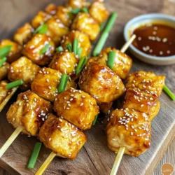 - 1 lb boneless chicken thighs - 1/4 cup soy sauce - 2 tablespoons honey - 1 tablespoon sesame oil - 2 tablespoons rice vinegar - 2 garlic cloves, minced - 1 teaspoon fresh ginger, grated - 1/4 teaspoon black pepper - 1 tablespoon cornstarch - Wooden skewers, soaked in water for 30 minutes - Sesame seeds for garnish - Chopped green onions for garnish - Air fryer - Mixing bowl - Saucepan The main ingredients for Air Fryer Teriyaki Chicken Skewers start with one pound of boneless chicken thighs. I love using chicken thighs because they stay juicy and tender. You need to cube the chicken into one-inch pieces. Next, you mix soy sauce, honey, sesame oil, rice vinegar, garlic, and ginger. This mixture creates a rich teriyaki flavor. The soy sauce adds saltiness, while honey gives it sweetness. Sesame oil adds a nutty taste, and rice vinegar brings balance. Don’t forget the black pepper for a little kick! The cornstarch helps the chicken get crispy when cooked. Soak your wooden skewers in water for 30 minutes. This step keeps them from burning in the air fryer. For garnish, you can use sesame seeds and chopped green onions. They add a nice touch to your dish and make it look appealing. Gather your air fryer, mixing bowl, and saucepan to get started. You’ll want to have everything ready before you start cooking. This way, you can focus on making delicious skewers! To start, I make the teriyaki marinade. In a large bowl, I whisk together: - 1/4 cup soy sauce - 2 tablespoons honey - 1 tablespoon sesame oil - 2 tablespoons rice vinegar - 2 minced garlic cloves - 1 teaspoon grated ginger - 1/4 teaspoon black pepper This mix brings great flavor. Next, I add 1 pound of boneless chicken thighs cut into 1-inch cubes. I ensure the chicken is well-coated in the marinade. After covering the bowl, I let it sit in the fridge for at least 30 minutes, or up to 2 hours for more flavor. First, I preheat my air fryer to 400°F (200°C). While it heats, I take the marinated chicken out of the fridge. I toss the chicken cubes in 1 tablespoon of cornstarch. This gives them a nice crisp texture when cooked. Next, I thread the coated chicken onto soaked wooden skewers. I leave a little space between each piece for even cooking. After that, I place the skewers in the air fryer basket in a single layer, making sure not to overcrowd them. I cook them for about 10-12 minutes, flipping halfway through. The goal is juicy chicken with a golden color. When the skewers finish cooking, I let them rest for a few minutes. I garnish them with sesame seeds and chopped green onions for a fresh look. I also pour any remaining marinade into a small saucepan. I simmer it over medium heat until it thickens. This makes a great dipping sauce. These steps make the dish not only tasty but also a feast for the eyes! To get that perfect crispy chicken, cornstarch is key. It helps create a crunchy outer layer. Before cooking, coat your chicken pieces in cornstarch. This coat traps moisture and gives a great texture. Set your air fryer to 400°F (200°C). This high heat ensures the chicken cooks fast and gets crispy. Flip the skewers halfway through cooking. This helps them brown evenly. Marinating adds deep flavor to your chicken. Mix your soy sauce, honey, sesame oil, rice vinegar, garlic, ginger, and black pepper. Whisk these together well. For best results, marinate for at least 30 minutes. If you have time, let it sit for up to 2 hours. This longer time really helps the chicken soak up those tasty flavors. You need a few tools for making these skewers. A mixing bowl is essential for your marinade. An air fryer will cook the chicken quickly and evenly. Don’t forget wooden skewers! Soak them in water for 30 minutes. This step stops them from burning in the air fryer. Make sure to leave space on the skewers for even cooking. {{image_2}} You can easily switch chicken for beef or shrimp. Beef adds a rich flavor. Shrimp cooks faster, so adjust your cooking time. For beef skewers, cook for about 12-15 minutes. For shrimp, aim for 8-10 minutes. Always check for doneness to ensure safety. If you want a meat-free meal, use tofu or fresh vegetables. Tofu absorbs the teriyaki sauce well. For veggies, bell peppers, zucchini, and mushrooms work great. Adjust the marinade by adding a little more soy sauce and honey for extra flavor. Marinate for at least 30 minutes. You can add spices like red pepper flakes for heat. Try using different sauces, like sriracha or hoisin. Experiment with garnishes too! Fresh cilantro or lime zest can add a bright touch. Mix and match to find your favorite flavor combination! To store leftover chicken skewers, place them in an airtight container. This keeps them fresh for up to three days. If you made extra marinade, you can store it too. Pour it into a sealed jar and store it in the fridge for a week. To reheat chicken skewers, use the air fryer. Set it to 350°F (175°C) and heat for about 5-7 minutes. This method helps retain moisture. If you don’t have an air fryer, use a skillet. Heat it on low and cover the pan. This keeps the chicken from drying out. You can freeze chicken skewers for later use. Place them on a baking sheet and freeze until solid. Then, transfer them to a freezer bag. They can last up to three months. When ready to cook, thaw them in the fridge overnight. Cook them straight from frozen for about 15 minutes in the air fryer. Yes, you can prepare these skewers ahead. Marinate the chicken cubes the night before. This will deepen the flavors. After marinating, thread the chicken onto skewers. Store them in the fridge until you are ready to cook. This makes dinner quick and easy. Teriyaki chicken skewers pair well with many sides. Here are some tasty options: - Steamed rice - Fried rice - Stir-fried vegetables - Asian slaw - Cucumber salad These sides balance the sweet and savory flavors of the chicken. To check if the chicken is done, use a meat thermometer. Insert it into the thickest part of the chicken. The internal temperature should reach 165°F (74°C). If you don’t have a thermometer, cut a piece open. The meat should be white, with no pink inside. Cooking times may vary, so always check for doneness. In this blog post, we explored a simple and tasty teriyaki chicken skewer recipe. We covered ingredients, marinating, cooking in an air fryer, and serving. You learned tips for crispy chicken and variations using other meats or vegetables. Proper storage and reheating methods help keep your dish fresh. Enjoy making these skewers. With your new skills, impress your friends and family!