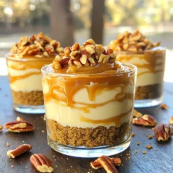 - 1 cup crushed graham crackers - 2 tablespoons melted butter - 8 oz cream cheese, softened - 1 cup powdered sugar - 1 teaspoon vanilla extract - 1 cup heavy whipping cream - ½ cup caramel sauce (plus extra for drizzling) - ½ cup chopped pecans (toasted if preferred) - Pinch of salt The main ingredients create the rich and creamy base of the cheesecake. First, the graham crackers and butter form the crust. The cream cheese provides a smooth texture. Powdered sugar adds the right sweetness. Vanilla extract enhances the flavor. Heavy whipping cream makes the filling light and fluffy. Caramel sauce gives a sweet twist, while chopped pecans add a crunchy bite. A pinch of salt balances the flavors perfectly. - Medium and large mixing bowls - Whisk or electric mixer - Serving cups or jars - Measuring cups and spoons To make these cups, you'll need a few tools. Medium and large mixing bowls help keep your work organized. A whisk or electric mixer combines ingredients smoothly. Serving cups or jars hold the delicious treats. Measuring cups and spoons ensure accurate amounts for each ingredient. With these tools, you'll create a delightful dessert that impresses everyone. - Mix 1 cup of crushed graham crackers with 2 tablespoons of melted butter. - Spoon about 2 tablespoons of this mixture into small cups. Press down firmly to form a base. - In a large bowl, beat 8 oz of softened cream cheese with 1 cup of powdered sugar until smooth. - Stir in 1 teaspoon of vanilla extract and a pinch of salt. Mix well. - In another bowl, whip 1 cup of heavy cream until stiff peaks form. - Gently fold this whipped cream into the cream cheese mixture until fully mixed. - Drizzle in ½ cup of caramel sauce and swirl it into the cheesecake mix. - Spoon the cheesecake filling on top of the crust in each cup. Fill them all the way to the top. - Sprinkle ½ cup of chopped pecans on top. Add a bit more caramel for garnish. - Place the cups in the fridge for at least 4 hours. This helps them set perfectly. To get a smooth and creamy filling, whipped cream is key. It adds fluffiness and lightness to your cheesecake cups. When you whip it, make sure it forms stiff peaks. This helps create the right texture. Also, ensure your cream cheese is at room temperature. Cold cream cheese can form lumps, making it hard to blend smoothly. Garnishing makes a big difference. Use pecan halves on top of each cup. This adds a nice touch and looks appealing. Drizzle extra caramel sauce over the tops just before serving. It enhances the look and adds extra sweetness. You can also use clear cups or jars to show off the layers. Watch out for overmixing the filling. This can make it too soft and runny. On the flip side, undermixing can leave lumps, which you don’t want. Be gentle when folding in the whipped cream. Also, don’t skip chilling the cups long enough. They need at least four hours to set properly. If you rush this step, they won’t hold their shape when served. {{image_2}} You can make your caramel pecan no-bake cheesecake cups even more fun. Try adding chocolate or coffee flavors. For a chocolate twist, mix in cocoa powder or melted chocolate with the cream cheese. If you love coffee, add brewed coffee or espresso powder for a richer taste. Different nut toppings can also change the vibe. Swap pecans for walnuts or almonds for a new crunch. Toast them for extra flavor! If you need gluten-free options, just use gluten-free graham crackers for the crust. They work just as well. For those avoiding dairy, look for dairy-free cream cheese. Many brands now offer great alternatives. You can still get that creamy texture without the dairy! Want to serve more guests? Simply double the recipe. You can make a big batch for gatherings or potlucks. If you prefer smaller treats, just use mini cups. They make great party favors and look adorable on any table. Everyone will love these little delights! How long do the cheesecake cups last in the fridge? They stay fresh for up to five days. This makes them a great make-ahead treat. What are the best practices for covering and storing? Use plastic wrap or a tight lid. This keeps them safe and prevents drying out. Place the cups at the back of the fridge. This area remains coldest. Can you freeze the cheesecake cups? Yes, you can freeze them for up to two months. This is perfect for saving some for later. What are the tips for thawing and serving after freezing? Transfer them from the freezer to the fridge a night before serving. This allows them to thaw slowly. Once thawed, add a drizzle of caramel and top with pecans. This re-creates that fresh taste. Yes, you can make these cheesecake cups ahead of time. I suggest chilling them for at least 4 hours. This gives them time to set properly. You can store them in the fridge for up to 3 days. Just cover them to keep them fresh. If you want a change, try chocolate sauce or fruit puree. You can also use honey or maple syrup for a lighter option. These alternatives add a nice twist to the flavor. The cups are set when the filling feels firm to the touch. You can also check if they hold shape when you remove them from the fridge. If they jiggle too much, they need more chilling time. Sure! You can swap pecans for walnuts or almonds. Both options give a nice crunch. You can even try hazelnuts for a unique flavor. You now have a simple recipe for delicious cheesecake cups. We covered important ingredients, tools, and step-by-step instructions. You learned tips for great texture and presentation. I shared variations and storage tips to keep your treats fresh. Remember, the right chilling makes all the difference. Testing flavors and adjustments helps you make it your own. Enjoy this tasty dessert at any gathering or just for fun. You’re now ready to impress friends and family with your baking skills!