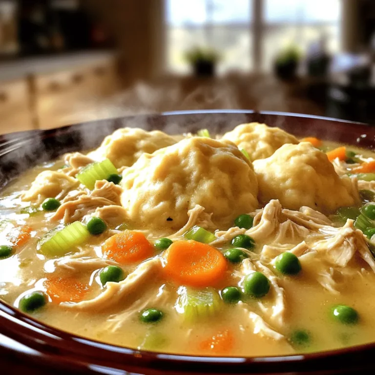 To make this tasty dish, you will need: - 4 boneless, skinless chicken breasts - 4 cups low-sodium chicken broth - 2 medium carrots, sliced - 2 stalks celery, diced - 1 small onion, finely chopped - 2 cloves garlic, minced - 1 cup frozen peas - 1 can (10.5 oz) cream of chicken soup These key ingredients provide a rich base and flavor for your meal. The chicken adds protein, while the broth keeps everything moist. Carrots and celery bring in a nice crunch, and onion and garlic add depth. You will also need some simple spices to enhance the taste: - 1 teaspoon dried thyme - 1 teaspoon dried rosemary - 1 teaspoon black pepper - ½ teaspoon salt These spices work together to create a comforting aroma. Thyme and rosemary are classic herbs that pair well with chicken. Black pepper adds a gentle heat, and salt brings out all the natural flavors. Feel free to customize your dish with some fun extras: - Fresh herbs like parsley or dill - Chopped mushrooms for an earthy taste - Corn for a sweet pop These add-ins can change the dish’s flavor and texture. Fresh herbs add brightness, while mushrooms bring umami. Corn adds sweetness and color, making your meal even more appealing. Start by placing the four chicken breasts in the slow cooker. This is the base of our dish. Next, add four cups of low-sodium chicken broth. This broth adds great flavor. Now, slice the two medium carrots and dice the two stalks of celery. Add these to the pot. Chop one small onion and mince two cloves of garlic. Toss them in as well. For herbs, sprinkle in one teaspoon of dried thyme and one teaspoon of dried rosemary. Lastly, add one teaspoon of black pepper. Stir everything gently to mix the flavors. Cover the slow cooker and set it on low for six hours. You can also cook it on high for three hours. The chicken should be cooked through and tender at this point. After cooking, take the chicken breasts out. Use two forks to shred them into bite-sized pieces. Once shredded, return the chicken to the slow cooker. Now, stir in one cup of frozen peas and one can of cream of chicken soup. Mix well until everything is evenly combined. In a separate bowl, combine one cup of all-purpose flour, one tablespoon of baking powder, and half a teaspoon of salt. This is the base for our dumplings. Next, pour in three-quarters of a cup of milk and three tablespoons of melted butter. Stir until just combined. Be careful not to overmix. Now, drop spoonfuls of the dumpling batter on top of the chicken mixture in the slow cooker. Cover with the lid and cook on high for an additional 30 minutes. The dumplings should be fluffy and cooked through when they are done. Enjoy your cozy meal! To make your chicken and dumplings pop with flavor, use fresh herbs. Dried thyme and rosemary work well, but fresh herbs add a bright taste. You can also add a splash of lemon juice at the end for zest. Sautéing the onions, garlic, and veggies before adding them to the slow cooker brings out their sweetness. This step is simple but makes a big difference. For fluffy dumplings, don’t overmix the batter. Mix just until combined; lumps are okay. This keeps the dumplings light and airy. When you drop the batter on top of the chicken, make sure to leave space between each spoonful. This allows them to expand while cooking. Cooking them on high heat at the end is key. It helps them rise and become fluffy. Cooking times can change based on your slow cooker. If you cook on low, expect about six hours. For high, three hours works well. Always check the chicken for doneness. It should shred easily with forks. If you want dumplings sooner, start them right after shredding the chicken. They only need about 30 minutes on high. This way, you’ll have a warm meal faster. {{image_2}} You can easily change the protein in this dish. Instead of chicken, try turkey or pork. Both meats work well with the flavors. If you want a vegetarian option, use chickpeas or tofu. These choices add a nice twist to the recipe. Just remember to adjust cooking times if needed. Feel free to mix up the veggies in your chicken and dumplings. You can add green beans or corn for a pop of color. Sweet potatoes also make a great addition. They bring a slight sweetness that balances nicely with the savory broth. You can even add spinach or kale for extra nutrition. Just chop them small, so they cook well. If you want a different dumpling, try using biscuit dough instead. Store-bought biscuits work well and save time. Just drop them on top of the chicken mix like you would with homemade dough. For a gluten-free option, use almond flour or gluten-free baking mix. Adjust the liquid to get the right dough consistency. These options keep the dish fun and fresh! After you finish your chicken and dumplings, let them cool down. Place them in an airtight container. This helps keep the flavors fresh. Store them in the fridge for up to three days. When you want to enjoy them again, just take them out. If you want to save some for later, you can freeze leftovers. Just make sure they are cool first. Use a freezer-safe container or bag. This will keep them safe for up to three months. When you’re ready to eat, thaw them in the fridge overnight. To reheat your chicken and dumplings, you have a few options. You can use the microwave for quick heating. Just place a bowl in and heat for a few minutes. Stir halfway through. If you want to reheat on the stove, pour them in a pot. Heat over medium until warm. Add a splash of broth if it seems dry. Enjoy your meal! Yes, you can make this dish without cream of chicken soup. You can use a homemade white sauce. Just combine butter, flour, and milk. This will give you a creamy texture without the canned soup. You can also use sour cream for a tangy twist. You can tell the chicken is done when it reaches 165°F. Use a meat thermometer to check the thickest part. The chicken should be tender and easy to shred. If it falls apart with a fork, it’s perfect! Yes, frozen chicken breasts work great! Just add an extra hour to the cooking time. The slow cooker will safely cook them through. Always ensure the chicken is fully cooked before serving. This recipe for Chicken and Dumplings gives you simple steps and tasty ideas. You learned about key ingredients, spices, and optional add-ins. Follow my tips for flavors and fluffy dumplings. Don’t forget to explore fun variations using different proteins or veggies. Lastly, check storage info to keep leftovers fresh. Enjoy this comforting meal that you can easily adapt and share!