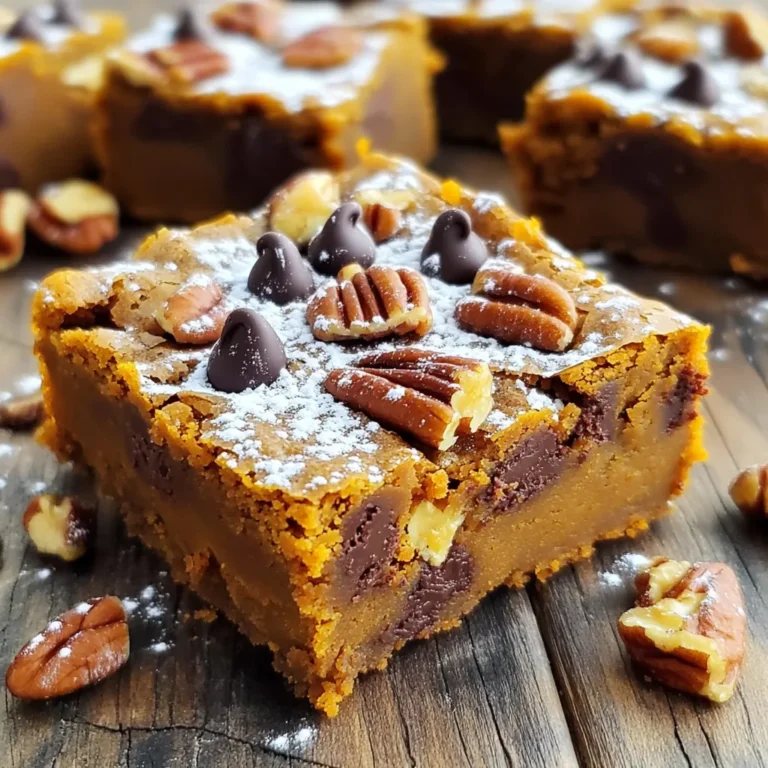 To make delicious Pumpkin Chocolate Chip Blondies, gather these essential ingredients: - 1 cup canned pumpkin puree - 1/2 cup unsalted butter, melted - 1 cup brown sugar, packed - 1/2 cup granulated sugar - 2 large eggs - 1 teaspoon vanilla extract - 1 1/2 cups all-purpose flour - 1 teaspoon baking powder - 1/2 teaspoon baking soda - 1 teaspoon pumpkin pie spice - 1/2 teaspoon salt - 1 cup chocolate chips (semi-sweet or milk chocolate) - 1/2 cup chopped pecans (optional) Canned pumpkin puree is perfect for this recipe. It adds moisture and flavor. Unsalted butter gives a rich taste without too much salt. The mix of brown sugar and granulated sugar creates a sweet balance. Eggs help bind everything together while vanilla extract adds a warm note. All-purpose flour forms the base, while baking powder and baking soda provide lift. Pumpkin pie spice gives that cozy fall flavor, and salt enhances all the sweet notes. Chocolate chips bring in sweetness and texture. You can add pecans for a crunchy twist, but they are optional. These ingredients come together to create a rich, flavorful treat that’s perfect for fall. First, preheat your oven to 350°F (175°C). This step sets the stage for baking. Next, grab an 8x8 inch baking pan. Line it with parchment paper. Leave some paper hanging over the edges. This makes it easy to lift the blondies out later. In a large bowl, combine melted butter, brown sugar, and granulated sugar. Whisk until it is smooth. Then, add the pumpkin puree, eggs, and vanilla extract. Mix until everything is well blended and smooth. In another bowl, sift together the all-purpose flour, baking powder, baking soda, pumpkin pie spice, and salt. This step helps to mix the dry ingredients well. Gradually add this dry mix to the wet ingredients. Use a spatula to fold it in gently. Avoid overmixing to keep the blondies soft. Next, gently fold in the chocolate chips. If you like, you can also add chopped pecans for extra crunch. Make sure they are evenly spread throughout the batter. Pour the batter into the prepared baking pan. Use a spatula to smooth the top. Bake in your preheated oven for 25 to 30 minutes. Check for doneness by inserting a toothpick. It should come out clean or with a few moist crumbs. After baking, let the blondies cool in the pan for about 10 minutes. Use the parchment paper to lift them out onto a wire rack. Allow them to cool completely. Once cool, cut them into squares. For a nice touch, dust with powdered sugar or drizzle with caramel sauce before serving. To make sure your blondies turn out great, avoid overmixing the batter. Mix until just combined. Overmixing can make them tough. Next, check for doneness by inserting a toothpick into the center. If it comes out clean or with a few moist crumbs, they are ready. For a lovely touch, dust the blondies with powdered sugar before serving. This adds a nice look and a bit of sweetness. You can also drizzle caramel sauce over the top. It makes every bite even more delicious. One common mistake is using incorrect ingredient ratios. Ensure you measure everything properly. Another mistake is not lining the pan well. Use parchment paper and let it hang over the edges. This makes it easy to lift the blondies out after baking. {{image_2}} You can change the flavor of your blondies in fun ways. Adding different types of chocolate can brighten the taste. Try dark chocolate for a rich flavor or white chocolate for a creamy touch. You can also use nuts or dried fruits. Pecans give a crunchy bite, while dried cranberries add a sweet twist. Mix and match to find your favorite combo. If you need gluten-free options, use almond flour or coconut flour instead of regular flour. These swaps can still give you a great texture. For a vegan version, substitute eggs. Use flaxseed meal or applesauce to replace them. Also, choose a plant-based butter to keep it dairy-free. Adding spices can elevate the taste of your blondies. Try cinnamon or nutmeg for a warm flavor. You can also add citrus flavors for a fresh twist. A bit of orange zest can brighten the taste and make it more lively. Get creative and enjoy different seasonal tastes! To keep your blondies fresh, store them in an airtight container. This helps them stay moist. You can use glass or plastic containers with tight lids. Layer parchment paper between the blondies. This prevents them from sticking together. You can freeze leftover blondies for later. Cut them into squares first. Wrap each piece in plastic wrap. Place the wrapped blondies in a freezer bag. Squeeze out as much air as you can. To thaw, take them out of the freezer. Let them sit at room temperature for about an hour. If you want a warm treat, heat them in the microwave for 10-15 seconds. In the fridge, blondies last about a week. Make sure they stay in an airtight container. In the freezer, they can last up to three months. Just remember to label the container with the date. This way, you’ll know when to enjoy your sweet treat! Yes, you can use fresh pumpkin. Fresh pumpkin has a great taste. However, it requires extra work. You need to roast and puree it first. This can take more time than opening a can. Canned pumpkin is smooth and easy to use. If you use fresh, make sure it is very soft. Otherwise, your blondies may be too thick. Check the blondies after 25 minutes of baking. Insert a toothpick in the center. If it comes out clean or has a few moist crumbs, they are ready. The edges should look set and slightly brown. If the center looks wet, bake for a few more minutes. Avoid overbaking, as they may dry out. Yes, you can make these blondies ahead of time. Bake them and let them cool. Once cool, store them in an airtight container. They can stay fresh for about 3 days at room temperature. For longer storage, freeze them. Wrap each piece tightly in plastic wrap and place in a freezer bag. If you need a butter alternative, you have options. Coconut oil works well and adds a nice flavor. You can also use vegetable oil, but it may change the texture. Applesauce is a great choice for a lower-fat option. Just use half the amount of applesauce as butter. Yes, these blondies are safe for kids. The ingredients are common and simple. They include eggs, sugar, and chocolate. Just watch for allergies. If you use nuts, check for nut allergies. Otherwise, these blondies are a fun treat for all ages! You can create delicious pumpkin chocolate chip blondies using simple ingredients and steps. We discussed essential ingredients, preparation, and baking techniques. I shared tips to avoid mistakes and ways to store your treats properly. You can also explore variations to suit your taste. With this guide, you're ready to make flavorful blondies that friends and family will love. Enjoy the process and the tasty results!