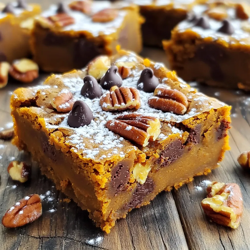 To make delicious Pumpkin Chocolate Chip Blondies, gather these essential ingredients: - 1 cup canned pumpkin puree - 1/2 cup unsalted butter, melted - 1 cup brown sugar, packed - 1/2 cup granulated sugar - 2 large eggs - 1 teaspoon vanilla extract - 1 1/2 cups all-purpose flour - 1 teaspoon baking powder - 1/2 teaspoon baking soda - 1 teaspoon pumpkin pie spice - 1/2 teaspoon salt - 1 cup chocolate chips (semi-sweet or milk chocolate) - 1/2 cup chopped pecans (optional) Canned pumpkin puree is perfect for this recipe. It adds moisture and flavor. Unsalted butter gives a rich taste without too much salt. The mix of brown sugar and granulated sugar creates a sweet balance. Eggs help bind everything together while vanilla extract adds a warm note. All-purpose flour forms the base, while baking powder and baking soda provide lift. Pumpkin pie spice gives that cozy fall flavor, and salt enhances all the sweet notes. Chocolate chips bring in sweetness and texture. You can add pecans for a crunchy twist, but they are optional. These ingredients come together to create a rich, flavorful treat that’s perfect for fall. First, preheat your oven to 350°F (175°C). This step sets the stage for baking. Next, grab an 8x8 inch baking pan. Line it with parchment paper. Leave some paper hanging over the edges. This makes it easy to lift the blondies out later. In a large bowl, combine melted butter, brown sugar, and granulated sugar. Whisk until it is smooth. Then, add the pumpkin puree, eggs, and vanilla extract. Mix until everything is well blended and smooth. In another bowl, sift together the all-purpose flour, baking powder, baking soda, pumpkin pie spice, and salt. This step helps to mix the dry ingredients well. Gradually add this dry mix to the wet ingredients. Use a spatula to fold it in gently. Avoid overmixing to keep the blondies soft. Next, gently fold in the chocolate chips. If you like, you can also add chopped pecans for extra crunch. Make sure they are evenly spread throughout the batter. Pour the batter into the prepared baking pan. Use a spatula to smooth the top. Bake in your preheated oven for 25 to 30 minutes. Check for doneness by inserting a toothpick. It should come out clean or with a few moist crumbs. After baking, let the blondies cool in the pan for about 10 minutes. Use the parchment paper to lift them out onto a wire rack. Allow them to cool completely. Once cool, cut them into squares. For a nice touch, dust with powdered sugar or drizzle with caramel sauce before serving. To make sure your blondies turn out great, avoid overmixing the batter. Mix until just combined. Overmixing can make them tough. Next, check for doneness by inserting a toothpick into the center. If it comes out clean or with a few moist crumbs, they are ready. For a lovely touch, dust the blondies with powdered sugar before serving. This adds a nice look and a bit of sweetness. You can also drizzle caramel sauce over the top. It makes every bite even more delicious. One common mistake is using incorrect ingredient ratios. Ensure you measure everything properly. Another mistake is not lining the pan well. Use parchment paper and let it hang over the edges. This makes it easy to lift the blondies out after baking. {{image_2}} You can change the flavor of your blondies in fun ways. Adding different types of chocolate can brighten the taste. Try dark chocolate for a rich flavor or white chocolate for a creamy touch. You can also use nuts or dried fruits. Pecans give a crunchy bite, while dried cranberries add a sweet twist. Mix and match to find your favorite combo. If you need gluten-free options, use almond flour or coconut flour instead of regular flour. These swaps can still give you a great texture. For a vegan version, substitute eggs. Use flaxseed meal or applesauce to replace them. Also, choose a plant-based butter to keep it dairy-free. Adding spices can elevate the taste of your blondies. Try cinnamon or nutmeg for a warm flavor. You can also add citrus flavors for a fresh twist. A bit of orange zest can brighten the taste and make it more lively. Get creative and enjoy different seasonal tastes! To keep your blondies fresh, store them in an airtight container. This helps them stay moist. You can use glass or plastic containers with tight lids. Layer parchment paper between the blondies. This prevents them from sticking together. You can freeze leftover blondies for later. Cut them into squares first. Wrap each piece in plastic wrap. Place the wrapped blondies in a freezer bag. Squeeze out as much air as you can. To thaw, take them out of the freezer. Let them sit at room temperature for about an hour. If you want a warm treat, heat them in the microwave for 10-15 seconds. In the fridge, blondies last about a week. Make sure they stay in an airtight container. In the freezer, they can last up to three months. Just remember to label the container with the date. This way, you’ll know when to enjoy your sweet treat! Yes, you can use fresh pumpkin. Fresh pumpkin has a great taste. However, it requires extra work. You need to roast and puree it first. This can take more time than opening a can. Canned pumpkin is smooth and easy to use. If you use fresh, make sure it is very soft. Otherwise, your blondies may be too thick. Check the blondies after 25 minutes of baking. Insert a toothpick in the center. If it comes out clean or has a few moist crumbs, they are ready. The edges should look set and slightly brown. If the center looks wet, bake for a few more minutes. Avoid overbaking, as they may dry out. Yes, you can make these blondies ahead of time. Bake them and let them cool. Once cool, store them in an airtight container. They can stay fresh for about 3 days at room temperature. For longer storage, freeze them. Wrap each piece tightly in plastic wrap and place in a freezer bag. If you need a butter alternative, you have options. Coconut oil works well and adds a nice flavor. You can also use vegetable oil, but it may change the texture. Applesauce is a great choice for a lower-fat option. Just use half the amount of applesauce as butter. Yes, these blondies are safe for kids. The ingredients are common and simple. They include eggs, sugar, and chocolate. Just watch for allergies. If you use nuts, check for nut allergies. Otherwise, these blondies are a fun treat for all ages! You can create delicious pumpkin chocolate chip blondies using simple ingredients and steps. We discussed essential ingredients, preparation, and baking techniques. I shared tips to avoid mistakes and ways to store your treats properly. You can also explore variations to suit your taste. With this guide, you're ready to make flavorful blondies that friends and family will love. Enjoy the process and the tasty results!