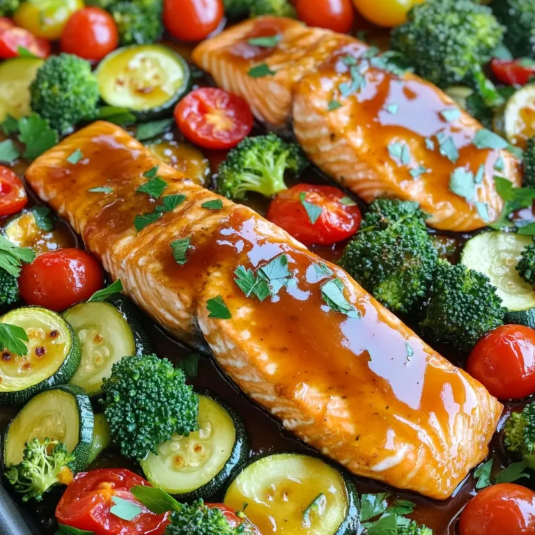 To make Sheet Pan Maple Dijon Salmon Veggies, gather these simple ingredients: - 4 salmon fillets - 2 tablespoons pure maple syrup - 2 tablespoons Dijon mustard - 1 tablespoon olive oil - 1 teaspoon garlic powder - 1 teaspoon salt - ½ teaspoon black pepper - 1 red bell pepper, sliced - 1 zucchini, sliced - 1 cup cherry tomatoes, halved - 1 cup broccoli florets - Fresh parsley for garnish (optional) These ingredients come together for a tasty meal. The salmon brings rich flavor, while the veggies add color and nutrition. You will need some basic kitchen tools: - Large sheet pan - Parchment paper - Small bowl - Whisk - Large mixing bowl - Knife and cutting board Having these tools ready will make cooking easy and fun. If you can't find certain ingredients, here are some great swaps: - Salmon fillets: Use any firm fish like trout or cod. - Maple syrup: Honey or agave syrup works as a sweetener. - Dijon mustard: Yellow mustard or whole grain mustard are good options. - Olive oil: Any cooking oil like canola or avocado oil is fine. - Vegetables: Feel free to use asparagus, carrots, or bell peppers. These substitutions keep your meal tasty while using what you have on hand. 1. First, preheat your oven to 400°F (200°C). This step is key for even cooking. 2. In a small bowl, whisk together: - 2 tablespoons pure maple syrup - 2 tablespoons Dijon mustard - 1 tablespoon olive oil - 1 teaspoon garlic powder - 1 teaspoon salt - ½ teaspoon black pepper Mix until fully combined. 3. Next, take your salmon fillets and place them on a large sheet pan lined with parchment paper. 4. Use a brush to coat the salmon with the maple Dijon mix. Make sure to cover the tops and sides well. 5. In a separate bowl, combine: - 1 sliced red bell pepper - 1 sliced zucchini - 1 cup halved cherry tomatoes - 1 cup broccoli florets Drizzle with olive oil and season with salt and pepper. Toss to coat. 6. Arrange the seasoned veggies around the salmon on the sheet pan. 7. Bake in your preheated oven for 15-20 minutes. The salmon is done when it reaches an internal temperature of 145°F. The veggies should be tender with a slight caramelization. 8. Once finished, take the pan out of the oven and let it sit for a few minutes. 9. If you like, garnish with fresh parsley before serving. To check if your salmon is done, use a food thermometer. Insert it into the thickest part of the fillet. It should read 145°F. If you don't have a thermometer, look for the salmon to flake easily with a fork. The veggies should feel tender yet crisp. Enjoy your meal! To cook salmon just right, pay attention to time and temperature. Preheat your oven to 400°F (200°C). Bake the salmon for 15 to 20 minutes. Check the salmon’s center; it should be opaque and flake easily with a fork. The internal temperature should reach 145°F. This ensures it is safe to eat and very tasty. The maple Dijon mix is key to great flavor. It combines sweet maple syrup with tangy Dijon mustard. This blend gives the salmon a rich taste. Add garlic powder for depth. Always season your veggies, too! A bit of salt and pepper can bring out their natural sweetness. Feel free to swap in other herbs or spices that you enjoy. One common mistake is overcooking the salmon. Keep an eye on the time to prevent dryness. Another mistake is not coating the salmon well. Make sure each fillet gets a nice layer of the maple Dijon mix. When preparing veggies, cut them evenly for even cooking. Lastly, avoid crowding the sheet pan; this helps everything cook evenly. {{image_2}} You can switch out salmon for other fish. Cod, trout, or tilapia work great. Each fish offers its own flavor. Cod has a mild taste, while trout brings a rich flavor. Cooking time may vary slightly. Always check for doneness. The fish should reach 145°F internally. Feel free to change up the veggies too! Asparagus, carrots, or green beans are tasty options. Each vegetable brings its own crunch and color. You can even use sweet potatoes for a hearty touch. Just make sure to cut them into small pieces for even cooking. This recipe can fit many diets. For gluten-free, ensure your Dijon mustard is safe. You can also skip the maple syrup for a low-carb version. Use lemon juice for a zesty kick. This way, you keep the meal fresh and flavorful without extra carbs. To store leftovers, let the dish cool first. Place the salmon and veggies in an airtight container. Keep it in the fridge. This helps maintain freshness. You can store it for up to three days. If you want to avoid soggy veggies, store them separately from the salmon. When reheating, use the oven for the best results. Preheat the oven to 350°F (175°C). Place the salmon and veggies on a baking sheet. Cover them with foil to lock in moisture. Heat for about 10-15 minutes. This method keeps the salmon moist and the veggies tender. If you want to freeze leftovers, do so right away. Place the salmon and veggies in a freezer-safe bag. Squeeze out the air before sealing. You can freeze them for up to three months. To reheat, thaw overnight in the fridge. Then, follow the reheating instructions above. It takes about 15 to 20 minutes to cook salmon on a sheet pan. The oven should be set to 400°F (200°C). You want to check the salmon’s inside temperature. It should reach 145°F (63°C) when done. The salmon will be flaky and tender when it is fully cooked. Yes, you can use frozen salmon for this recipe. Just make sure to thaw it first. Thaw the salmon in the fridge overnight for best results. If you're short on time, you can use the microwave. After thawing, follow the same steps as with fresh salmon. The cooking time may be slightly longer, so keep an eye on it. Many vegetables pair nicely with salmon. Here are some great options: - Asparagus - Carrots - Green beans - Bell peppers - Broccoli - Zucchini - Cherry tomatoes These veggies add color and flavor. They also cook well in the oven alongside the salmon. Mix and match for your favorite combinations! This post covered how to cook salmon perfectly. We explored ingredients, needed equipment, and great substitutes. I shared step-by-step cooking instructions and tips for checking doneness. You learned how to enhance flavors and avoid common mistakes. We also discussed various fish types, vegetables, and dietary options. Finally, I shared storage and reheating tips. Cooking salmon is fun and easy. With these steps, you can enjoy great meals at home. Happy cooking!