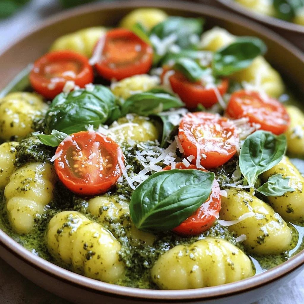 - 1 package (16 oz) gnocchi - 2 tablespoons olive oil - 3 cloves garlic, minced - 1 cup cherry tomatoes, halved - 1/2 cup heavy cream - 1/2 cup basil pesto - 1/2 teaspoon salt - 1/4 teaspoon black pepper - Grated Parmesan cheese for serving - Fresh basil leaves for garnish In this recipe, gnocchi is the star. Gnocchi are soft little dumplings made from potatoes. They soak up flavors well. You can find them in many stores. Olive oil adds richness, while garlic gives a nice kick. I love using fresh garlic. It smells great and tastes even better. Cherry tomatoes are optional, but they add a burst of color and sweetness. If you want creaminess, heavy cream is your friend. It makes the sauce rich and velvety. Basil pesto adds a fresh, herb flavor. You can use store-bought or homemade. For seasoning, a little salt and black pepper are key. These simple spices enhance all the flavors. Grated Parmesan cheese on top? Yes, please! It adds a salty, nutty finish. Fresh basil leaves as a garnish add a lovely touch. They also give a hint of freshness. This dish is bright, creamy, and full of flavor. The mix of ingredients makes a perfect meal in one pan. Cooking Gnocchi First, bring a large pot of salted water to a boil. Add the gnocchi and cook them for 2-3 minutes. You will know they are done when they float to the top. Drain them and set aside. This keeps the gnocchi light and fluffy. Sautéing Vegetables In a large skillet, heat 2 tablespoons of olive oil over medium heat. Add 3 cloves of minced garlic and sauté for about 1 minute until it smells great. Next, toss in 1 cup of halved cherry tomatoes. Cook for 2-3 minutes until they soften. Finally, stir in 1 cup of fresh spinach and cook until it wilts. This adds color and flavor to your dish. Mixing Cream and Pesto Lower the heat and add 1/2 cup of heavy cream and 1/2 cup of basil pesto to the skillet. Stir well to combine. Cook this mixture for 1-2 minutes until it warms up. The cream and pesto create a rich, creamy sauce that coats the gnocchi. Incorporating Gnocchi Now, gently fold in the cooked gnocchi. Season the mixture with 1/2 teaspoon of salt and 1/4 teaspoon of black pepper. Stir until everything is well coated in the sauce. This step combines all the flavors into one delicious dish. Allowing Flavors to Develop Let the skillet cook for another 2-3 minutes. This time allows the gnocchi to soak up the flavors from the sauce. It makes every bite tasty. Serving Suggestions Serve the gnocchi hot in warm bowls. Top with grated Parmesan cheese and fresh basil leaves for a lovely finish. This makes your dish look as good as it tastes! Cooking Gnocchi Properly To cook gnocchi, bring a pot of salted water to a boil. Add the gnocchi gently. They usually take 2-3 minutes to cook. Watch for them to float; that means they are ready! Drain them well and set aside. Achieving Creamy Consistency When adding heavy cream and pesto, keep the heat low. This helps the cream blend well with the pesto. Stir slowly to mix everything. If your sauce is too thick, add a splash of pasta water or cream. This keeps the sauce smooth and creamy. Adding Protein Options For a heartier dish, add protein. Grilled chicken, shrimp, or cooked sausage work great. Just add them to the skillet after cooking the garlic and tomatoes. They will soak up the flavors of the sauce. Spice Variations Want a little kick? Add red pepper flakes or black pepper while cooking. You can also mix in fresh herbs like thyme or oregano for a new taste. Experimenting with spices makes the dish your own. Serving in Warm Bowls For a nice touch, serve the gnocchi in warm bowls. This keeps the dish hot longer. Plus, it looks great! It makes your meal feel special. Garnishing Options Top your dish with grated Parmesan cheese and fresh basil leaves. A sprinkle of black pepper adds a nice finish too. These simple garnishes make the dish pop visually and add more flavor. {{image_2}} You can switch things up with gluten-free gnocchi. Many brands now offer this option. It tastes great and keeps the dish light. If you prefer plant-based options, use coconut cream instead of heavy cream. This change gives a rich taste while keeping it vegan. Adding seasonal vegetables makes this dish fresh and vibrant. In spring, try fresh asparagus or peas. In summer, zucchini works well. Modify the sauce too! Different herbs can create new flavors. Swap basil for parsley or add a hint of dill. These small changes can make a big difference. You can bake or roast the gnocchi for a crisp texture. Simply cook it as usual, then spread it on a baking sheet and roast it until golden. Skillet cooking keeps things quick and easy. Both methods create tasty results. Choose what fits your style! - Refrigeration Guidelines: Store leftover creamy pesto gnocchi in an airtight container. It keeps well in the fridge for up to three days. Make sure it cools down first. This helps keep it fresh and safe to eat later. - Freezing Instructions: If you want to freeze it, use a freezer-safe container. This dish can last up to three months in the freezer. When ready to eat, thaw it overnight in the fridge. - Methods for Reheating: You can reheat the gnocchi in the microwave or on the stove. If using the microwave, place it in a bowl and cover. Heat in short bursts to avoid overcooking. For the stove, add a splash of cream while heating to keep it moist. - Maintaining Creaminess: To keep the creamy texture, stir in a bit of extra cream or olive oil while reheating. This step ensures the sauce stays rich and smooth. - Duration in the Fridge: In the fridge, the creamy pesto gnocchi lasts three days. Keep it in an airtight container to prevent drying out. - Duration in the Freezer: In the freezer, it stays good for about three months. Just remember to label your container with the date. To make gnocchi from scratch, you need just a few simple ingredients. - Basic gnocchi recipe - 2 cups of mashed potatoes - 1 cup of all-purpose flour - 1 egg - Pinch of salt Start by boiling potatoes until tender. Mash them and let them cool. Mix in flour, egg, and salt. Knead the dough gently until smooth. Roll it out and cut it into small pieces. Press each piece with a fork to shape them. - Tips for achieving the right texture - Use starchy potatoes like Russet for the best texture. - Don’t over-knead the dough; it should be soft and tender. - Keep flour handy to dust your work surface and dough to prevent sticking. Yes, you can use store-bought pesto. It saves time and effort. - Comparison of homemade vs store-bought - Homemade pesto tastes fresh and vibrant but takes time to make. - Store-bought pesto is quick and easy; however, it might lack some freshness. - Best types of store-bought pesto - Look for brands that use fresh basil and quality olive oil. - Avoid those with too many preservatives or artificial flavors. Absolutely, this dish is great for meal prep. - Meal prep guidelines - Cook the gnocchi and mix it with the sauce. - Store it in individual portions for easy access. - Recommended storage containers - Use airtight glass containers to keep it fresh. - Label each container with the date to track freshness. In this post, we explored key ingredients like gnocchi, olive oil, and garlic. We also looked at optional additions, seasonings, and tips for perfecting your dish. You can vary the recipe with different cooking methods or seasonal ingredients. Remember, proper storage helps retain flavors and freshness. As you cook, feel free to experiment and find your favorite version. Enjoy this tasty, comforting dish with family and friends!