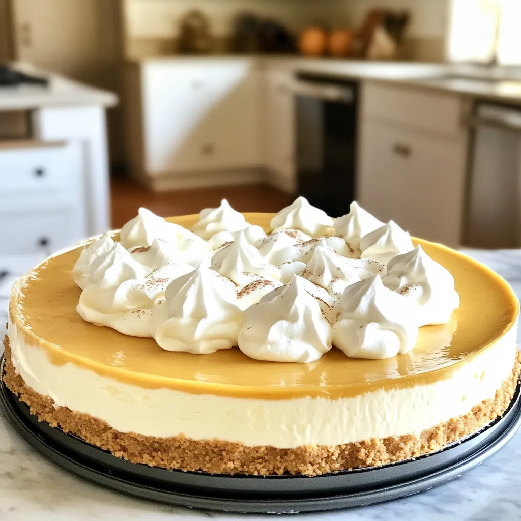 To create this tasty cheesecake, gather these ingredients: - 1 ½ cups graham cracker crumbs - ½ cup unsalted butter, melted - ¼ cup sugar - 1 cup white chocolate chips - 8 oz cream cheese, softened - 1 cup canned pumpkin puree - 1 cup heavy whipping cream - ½ cup powdered sugar - 1 tsp vanilla extract - 1 tsp ground cinnamon - ½ tsp ground nutmeg - Pinch of salt - Optional: Whipped cream and pumpkin pie spice for garnish If you have allergies or different tastes, here are some swaps: - Use gluten-free graham crackers for a gluten-free crust. - Substitute dairy-free cream cheese for a dairy-free option. - Replace white chocolate chips with dark chocolate chips if you prefer a richer flavor. - Maple syrup can replace sugar for a natural sweetener. Choosing the best ingredients makes your cheesecake shine. Here’s how: - Select fresh, high-quality cream cheese for a smooth texture. - Pick pure pumpkin puree; avoid pumpkin pie filling to control sweetness. - Look for premium white chocolate chips. They should contain real cocoa butter. - Use full-fat heavy cream for the richest flavor and best whipping results. These tips will help you create a cheesecake that is not just good, but great! To start, gather your ingredients for the crust. In a mixing bowl, combine 1 ½ cups of graham cracker crumbs, ½ cup of melted unsalted butter, and ¼ cup of sugar. Mix these well until they form a sandy texture. Next, take a 9-inch springform pan. Press the mixture firmly into the bottom of the pan. Make sure to cover the base evenly. Once done, refrigerate the crust while you prepare the filling. This keeps the crust firm and ready for the creamy pumpkin layer. Now, it’s time to melt the white chocolate. Place 1 cup of white chocolate chips in a microwave-safe bowl. Heat them in the microwave in 30-second bursts. Stir the chocolate after each interval. This helps to avoid burning. Once melted and smooth, let it cool slightly. This step is key. Hot chocolate can change the filling’s texture if added directly. In a large mixing bowl, beat 8 oz of softened cream cheese until it’s nice and smooth. Then, mix in 1 cup of canned pumpkin puree. Add the melted white chocolate, ½ cup of powdered sugar, 1 tsp of vanilla extract, 1 tsp of ground cinnamon, ½ tsp of ground nutmeg, and a pinch of salt. Blend these ingredients until creamy and well combined. The mixture should be thick and rich, bursting with fall flavors. In another bowl, pour 1 cup of heavy whipping cream. Using a hand mixer, whip the cream until stiff peaks form. This means the cream should hold its shape well. Next, gently fold the whipped cream into the pumpkin mixture. Be careful here; you want to keep the fluffy texture. Mixing too hard can deflate the cream and make the filling dense. Now, pour the pumpkin filling over the prepared crust in the springform pan. Use a spatula to spread it evenly across the top. Cover the cheesecake with plastic wrap and place it in the refrigerator. Chill for at least 4 hours, or until set. This step is essential for the cheesecake to hold its shape when sliced. Once firm, gently remove the sides of the springform pan. Slice, serve, and enjoy this delightful dessert! To get a smooth and creamy cheesecake, follow these steps: - Use softened cream cheese. Cold cream cheese will make lumps. - Mix until smooth before adding other ingredients. This ensures a good base. - Fold in whipped cream gently. This keeps the air in, making it light. - Chill the cheesecake long enough. Four hours is the minimum for a nice set. Here are some mistakes that can ruin your cheesecake: - Don’t skip softening the cream cheese. Cold cheese leads to lumps. - Avoid overmixing the filling. This can make it dense and heavy. - Don’t rush the chilling time. Patience is key for a good texture. - Use quality white chocolate. Cheap chocolate can alter the taste. Make your cheesecake look as good as it tastes with these tips: - Top with whipped cream for a light touch. - Sprinkle pumpkin pie spice on top for color and flavor. - Add chocolate curls for an extra treat. They look fancy and taste great. - Use fresh pumpkin or seasonal leaves for a rustic feel. {{image_2}} You can add a fun twist to this cheesecake by using dark chocolate. Just swap the white chocolate for dark chocolate chips. Melt them the same way. This change gives a rich flavor. It pairs well with pumpkin. You will love the mix of flavors! Spice up your cheesecake by adding more flavors. Try mixing in ginger or allspice. These spices bring warmth to the dish. You can also add a splash of maple syrup for sweetness. This makes the cheesecake taste even better. Experiment with different spice blends to find your favorite. To make this cheesecake gluten-free, use gluten-free graham crackers. There are many brands available. For a dairy-free version, swap cream cheese and heavy cream with cashew or coconut cream. You can also find dairy-free white chocolate. These changes keep the cheesecake tasty while meeting dietary needs. Enjoy your delicious creation without worry! To keep your cheesecake fresh, wrap it well. Use plastic wrap or foil to cover the top. Place it in the fridge in its springform pan. If you have slices, store them in an airtight container. This keeps moisture in and flavors strong. No bake cheesecake lasts about 5 to 7 days in the fridge. Make sure to check for any signs of spoilage, like off smells or mold. Always keep it sealed well to maintain its creamy texture and flavor. You can freeze this cheesecake for up to 3 months. First, let it chill fully in the fridge. Then, slice it into pieces. Wrap each slice in plastic wrap, followed by aluminum foil. Label with the date and freeze. To enjoy, thaw it overnight in the fridge before serving. Yes, you can use fresh pumpkin. First, cook the pumpkin until soft. Then, blend it until smooth. Make sure to drain any excess water. Canned pumpkin is easier and saves time. Both options will give you a tasty cheesecake. You can use dark chocolate or milk chocolate. Just melt it the same way as white chocolate. The flavor will change, but it can still be delicious. For a dairy-free option, try a dairy-free chocolate. To make the cheesecake firmer, add more cream cheese. You can also add gelatin to the mix. Just dissolve the gelatin in warm water before adding. Both options help give you a firmer texture without baking. Chilling for 4 hours is best. It helps the cheesecake set properly. If you don’t chill it long enough, it may be too soft. Plan ahead to enjoy the best results. Yes, you can make this cheesecake a day or two in advance. Just store it in the fridge. This allows the flavors to blend well. Plus, it saves time on the day you serve it! You now know how to make a no-bake white chocolate pumpkin cheesecake. We covered ingredients, tips, and storage options. Choosing the right ingredients and following the steps ensures a great dessert. Remember to avoid common mistakes for the best texture. Whether you stick to the classic recipe or try a twist, this cheesecake is a winner. Enjoy making it and sharing it with friends and family!