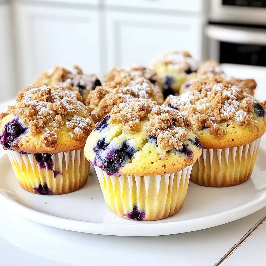 - 2 cups all-purpose flour - 1 cup granulated sugar - 1 tablespoon baking powder - ½ teaspoon baking soda - ½ teaspoon salt - 1 large egg - 1 cup buttermilk - ⅓ cup vegetable oil - 1 teaspoon vanilla extract - 1 ½ cups fresh blueberries - Streusel topping ingredients: - ½ cup all-purpose flour - ⅓ cup brown sugar, packed - ¼ cup unsalted butter, softened - ½ teaspoon cinnamon The right ingredients make a huge difference in flavor and texture. I love using fresh blueberries. They burst in your mouth as you bite into the muffin. For the dry mix, I stick with all-purpose flour. It gives the muffins a nice, soft crumb. Granulated sugar adds sweetness, while baking powder and baking soda help the muffins rise. A pinch of salt balances everything out. When it comes to wet ingredients, I use buttermilk for its tangy flavor. It keeps the muffins moist and fluffy. Mixing in vegetable oil adds richness, and vanilla extract makes everything taste better. The streusel topping is what makes these muffins special. It's easy to make and adds a sweet crunch. The mix of flour, brown sugar, butter, and cinnamon gives a lovely flavor. Gather these ingredients, and you’re on your way to bakery-style muffins that will impress everyone! Set your oven to 375°F (190°C). This step is key for even baking. Line a 12-cup muffin pan with paper liners or grease it lightly. The liners help with easy removal. In a large bowl, whisk together: - 2 cups all-purpose flour - 1 cup granulated sugar - 1 tablespoon baking powder - ½ teaspoon baking soda - ½ teaspoon salt Mix these dry ingredients well. This helps the flavors blend together. In another bowl, whisk one large egg. Then, add: - 1 cup buttermilk - ⅓ cup vegetable oil - 1 teaspoon vanilla extract Mix until the batter is smooth. This gives the muffins a nice texture. Pour the wet mixture into the dry ingredients. Gently fold them together. Be careful not to overmix. The batter should still be a little lumpy. This keeps the muffins light and fluffy. Now, gently fold in 1 ½ cups of fresh blueberries. Do this carefully to avoid breaking the berries. You want them whole for juicy bites. In a small bowl, mix together: - ½ cup all-purpose flour - ⅓ cup brown sugar, packed - ¼ cup unsalted butter, softened - ½ teaspoon cinnamon Use a fork or your fingers to blend until crumbly. This topping adds a sweet crunch. Divide the muffin batter evenly among the prepared muffin cups. Fill each cup about ¾ full. Sprinkle the streusel topping generously over each muffin. Bake in the oven for 18-20 minutes. A toothpick should come out clean when they are done. Let the muffins cool in the pan for 5 minutes. Then, transfer them to a wire rack. This helps them cool evenly. For serving, arrange them on a platter with fresh blueberries for a pretty display. Enjoy warm! To make bakery-style muffins, focus on a few key steps. First, mix the dry and wet ingredients separately. This keeps the baking powder active. Second, do not overmix the batter. A few lumps are okay. This helps the muffins rise better. Lastly, fill each muffin cup about three-quarters full. This gives them the nice dome shape we love. One common mistake is overmixing. This can lead to dense muffins. Mix just until combined and avoid beating the batter. Another mistake is not using fresh ingredients. Check your baking powder and baking soda for freshness. Old ingredients can ruin your muffins. Lastly, do not skip the streusel topping. It adds flavor and a lovely crunch. If you're looking for substitutions, here are some ideas. Use whole wheat flour for a healthier option. You can also swap buttermilk for regular milk or a plant-based milk. For a dairy-free option, try coconut oil instead of vegetable oil. If you have nut allergies, skip the nuts in the topping. These changes will still yield tasty muffins. {{image_2}} You can swap blueberries for many other fruits. Raspberries, chopped strawberries, or diced peaches work well. Each fruit adds a unique taste. Try blackberries for a bold flavor. Apples or pears give a lovely sweetness. This lets you enjoy muffins year-round. Want to spice things up? Add a teaspoon of cinnamon or nutmeg to your batter. A splash of almond or lemon extract brightens the taste. You can even mix in mini chocolate chips for a sweet twist. These small changes create exciting flavors in every bite. If you want to make your muffins healthier, consider these tips. Replace some sugar with applesauce or mashed bananas. Use whole wheat flour instead of all-purpose for added fiber. You can also use Greek yogurt instead of buttermilk for less fat. These swaps help keep the muffins light and tasty. To keep your blueberry streusel muffins fresh for a few days, follow these tips: - Let the muffins cool completely. - Store them in an airtight container. - Keep them at room temperature. - They will stay fresh for up to three days. These steps help keep the muffins soft and tasty. If you notice any moisture, place a paper towel in the container. This will absorb excess moisture and keep your muffins from getting soggy. If you want to save muffins for later, freezing is a great option. Here are some tips: - Allow the muffins to cool completely. - Wrap each muffin tightly in plastic wrap. - Place the wrapped muffins in a freezer-safe bag. - Label the bag with the date for easy tracking. You can freeze the muffins for up to three months. When you're ready to eat one, just remove it from the freezer and let it thaw at room temperature. To enjoy your muffins warm, reheating is key. Here are some methods: - For a quick fix, use the microwave. Heat each muffin for 10-15 seconds. - For a crispier texture, use the oven. Preheat to 350°F (175°C) and place muffins on a baking sheet for 5-10 minutes. These methods keep the muffins tasting fresh and delicious. Enjoy your blueberry streusel muffins warm for the best flavor! Yes, you can use frozen blueberries. They work well in this recipe. Here are some best practices: - Do not thaw the blueberries before adding them to the batter. This keeps them from breaking. - Use the same amount as fresh blueberries, about 1 ½ cups. - Fold them in gently to avoid color bleeding. Look for these signs of perfectly baked muffins: - The tops should be golden brown. - A toothpick inserted in the center should come out clean or with a few crumbs. - The muffins should spring back when lightly touched. Yes, you can prep the batter ahead of time. Here’s how: - Mix the dry ingredients in one bowl and wet ingredients in another. - Store them separately in the fridge for up to 24 hours. - When ready, combine the mixtures and fold in the blueberries. These muffins pair well with several options: - Serve with a dollop of yogurt for creaminess. - Add a side of fresh fruit for a colorful plate. - Pair with coffee or tea for a cozy morning treat. This post covered everything you need for perfect blueberry muffins. We discussed essential dry and wet ingredients, the right techniques for mixing, and tips for a bakery-style finish. Remember, avoid overmixing to keep your muffins fluffy. Try seasonal fruits and healthier options for variety. Store muffins properly to keep them fresh, and remember to reheat gently. With these steps, your blueberry streusel muffins will impress every time.