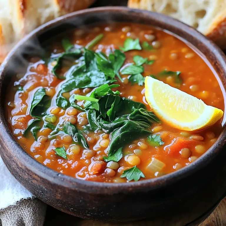 For this One Pot Spicy Tomato Lentil Soup, gather the following items: - 1 cup dried lentils (green or brown) - 1 tablespoon olive oil - 1 medium onion, chopped - 2 garlic cloves, minced - 1 carrot, diced - 1 celery stalk, diced - 1 red bell pepper, diced - 1 can (14 oz) crushed tomatoes - 4 cups vegetable broth - 1 teaspoon cumin - 1 teaspoon smoked paprika - 1/2 teaspoon red pepper flakes (adjust for heat preference) - Salt and pepper to taste - 2 cups fresh spinach (or kale) - Juice of 1 lemon - Fresh parsley for garnish You can swap some ingredients for better flavor or availability: - Use olive oil or any other cooking oil like canola or avocado oil. - If you don't have fresh spinach or kale, try Swiss chard or collard greens. - For a different taste, replace red bell pepper with yellow or orange bell pepper. - You can use fresh tomatoes instead of canned ones, but they need to be peeled and chopped. - For added protein, include cooked beans or chickpeas. Each serving of this soup, which makes about six servings, contains: - Calories: 180 - Protein: 9g - Carbohydrates: 28g - Fiber: 8g - Fat: 3g - Sodium: 300mg (adjust based on broth used) This soup is rich in nutrients. It offers fiber from lentils and vitamins from veggies. It’s a filling dish that warms you up, especially in cold weather. Enjoying a bowl provides energy and satisfies your taste buds! To start, gather your ingredients. You will need: - 1 cup dried lentils (green or brown) - 1 tablespoon olive oil - 1 medium onion, chopped - 2 garlic cloves, minced - 1 carrot, diced - 1 celery stalk, diced - 1 red bell pepper, diced - 1 can (14 oz) crushed tomatoes - 4 cups vegetable broth - 1 teaspoon cumin - 1 teaspoon smoked paprika - 1/2 teaspoon red pepper flakes - Salt and pepper to taste - 2 cups fresh spinach (or kale) - Juice of 1 lemon - Fresh parsley for garnish Chop your onion, carrot, celery, and red bell pepper. Rinse the lentils under cold water. This removes dirt and debris. Heat the olive oil in a large pot over medium heat. Add the chopped onion, carrot, celery, and red bell pepper. Sauté these veggies for about 5-7 minutes. You want them soft and fragrant. Next, stir in minced garlic, cumin, smoked paprika, and red pepper flakes. Cook for another 1-2 minutes. The spices should smell amazing! Now, add the rinsed lentils, crushed tomatoes, and vegetable broth to the pot. Stir well to mix everything. Bring this mixture to a boil. Once boiling, reduce the heat to low. Cover the pot and let it simmer for about 25-30 minutes. You want the lentils to be tender. After cooking, stir in the fresh spinach or kale and lemon juice. Let it cook for another 5 minutes. The greens should wilt nicely. Don’t forget to season with salt and pepper to taste. For serving, ladle the soup into bowls and garnish with fresh parsley. This soup pairs well with crusty bread. Enjoy this rich and hearty dish! To make your soup burst with taste, start with fresh veggies. Use ripe tomatoes for the best results. Cooking the onions and peppers until soft builds a great base. Adding spices like cumin and smoked paprika early helps release their flavors. For a kick, adjust the red pepper flakes to your heat level. A squeeze of lemon juice at the end brightens the flavors. How long should I cook the lentils? Cook the lentils for 25-30 minutes or until tender. This ensures they are soft but not mushy. Can I skip the spinach? Yes, but adding greens boosts nutrition. Use kale or other leafy greens if you prefer. How can I thicken the soup? If you want a thicker soup, mash some lentils with a fork. This adds body without extra steps. One common mistake is not rinsing lentils. Always rinse them to remove dust and dirt. Don’t skip browning the veggies. It adds depth to your soup. Watch the heat when adding spices. Too high can burn them, ruining flavor. Lastly, remember to season at the end. Taste and adjust salt and pepper to your liking. {{image_2}} You can use different lentils in this soup. Green and brown lentils work well. They hold their shape during cooking. Red lentils cook faster and break down. This makes the soup thick and creamy. Choose based on your taste. Each type adds a unique texture and flavor. Want to boost the protein? Try adding cooked chicken or turkey. You can also use tofu or beans. Chickpeas or black beans mix well in this soup. This adds heartiness and makes it more filling. Adjust cooking times if needed to ensure everything heats through. Adjust the spice levels to fit your taste. Start with less red pepper flakes if you prefer mild soup. You can add more as it cooks. For extra heat, try jalapeños or hot sauce. Taste your soup to find the right balance. Cooking should be fun and suit your preferences! To store leftover soup, let it cool to room temperature first. Pour it into an airtight container. Label the container with the date. Store it in the fridge for up to four days. This keeps the soup fresh and tasty. For long-term storage, freeze the soup. First, cool it completely. Then, transfer it to a freezer-safe container. Leave space at the top for expansion. Seal it tightly. You can freeze it for up to three months. Label the container with the date for easy tracking. When ready to eat, thaw the soup in the fridge overnight. Reheat it on the stove over medium heat. Stir occasionally to prevent sticking. You can add a splash of water or broth if it is too thick. Heat until it is hot throughout. Enjoy the warm, spicy flavors again! Yes, you can use canned lentils. They save time and are ready to eat. Just rinse them first. If you use canned lentils, reduce the cooking time by about 15 minutes. Add them towards the end of cooking to warm them up. The soup will last for about 5 days in the fridge. Store it in an airtight container. Always let it cool down before putting it in the fridge. If you see any signs of spoilage, throw it out. This soup pairs well with crusty bread or a fresh salad. You can also enjoy it with grilled cheese for a fun twist. For a heartier meal, try adding rice or quinoa on the side. Each option adds a nice touch to the rich flavors of the soup. This blog post covered all you need for a great lentil soup. We explored ingredients, including tips for smart substitutions. I shared step-by-step cooking instructions, so you can follow along easily. I also provided tips to enhance flavor and avoid common mistakes. You learned about variations to make the soup your own. Finally, I included storage info to keep leftovers fresh. With this guide, you can create a tasty soup that’s sure to please everyone. Enjoy your cooking journey!