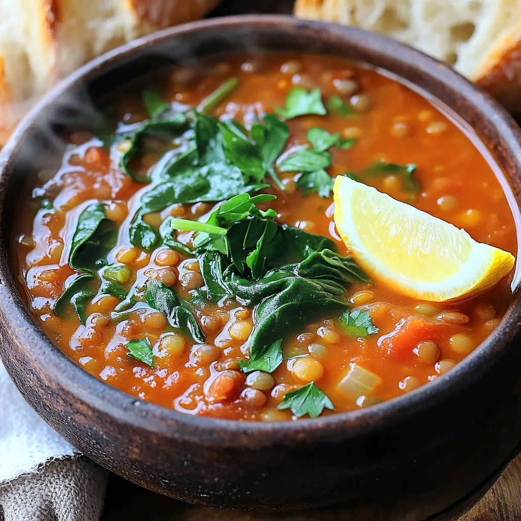 For this One Pot Spicy Tomato Lentil Soup, gather the following items: - 1 cup dried lentils (green or brown) - 1 tablespoon olive oil - 1 medium onion, chopped - 2 garlic cloves, minced - 1 carrot, diced - 1 celery stalk, diced - 1 red bell pepper, diced - 1 can (14 oz) crushed tomatoes - 4 cups vegetable broth - 1 teaspoon cumin - 1 teaspoon smoked paprika - 1/2 teaspoon red pepper flakes (adjust for heat preference) - Salt and pepper to taste - 2 cups fresh spinach (or kale) - Juice of 1 lemon - Fresh parsley for garnish You can swap some ingredients for better flavor or availability: - Use olive oil or any other cooking oil like canola or avocado oil. - If you don't have fresh spinach or kale, try Swiss chard or collard greens. - For a different taste, replace red bell pepper with yellow or orange bell pepper. - You can use fresh tomatoes instead of canned ones, but they need to be peeled and chopped. - For added protein, include cooked beans or chickpeas. Each serving of this soup, which makes about six servings, contains: - Calories: 180 - Protein: 9g - Carbohydrates: 28g - Fiber: 8g - Fat: 3g - Sodium: 300mg (adjust based on broth used) This soup is rich in nutrients. It offers fiber from lentils and vitamins from veggies. It’s a filling dish that warms you up, especially in cold weather. Enjoying a bowl provides energy and satisfies your taste buds! To start, gather your ingredients. You will need: - 1 cup dried lentils (green or brown) - 1 tablespoon olive oil - 1 medium onion, chopped - 2 garlic cloves, minced - 1 carrot, diced - 1 celery stalk, diced - 1 red bell pepper, diced - 1 can (14 oz) crushed tomatoes - 4 cups vegetable broth - 1 teaspoon cumin - 1 teaspoon smoked paprika - 1/2 teaspoon red pepper flakes - Salt and pepper to taste - 2 cups fresh spinach (or kale) - Juice of 1 lemon - Fresh parsley for garnish Chop your onion, carrot, celery, and red bell pepper. Rinse the lentils under cold water. This removes dirt and debris. Heat the olive oil in a large pot over medium heat. Add the chopped onion, carrot, celery, and red bell pepper. Sauté these veggies for about 5-7 minutes. You want them soft and fragrant. Next, stir in minced garlic, cumin, smoked paprika, and red pepper flakes. Cook for another 1-2 minutes. The spices should smell amazing! Now, add the rinsed lentils, crushed tomatoes, and vegetable broth to the pot. Stir well to mix everything. Bring this mixture to a boil. Once boiling, reduce the heat to low. Cover the pot and let it simmer for about 25-30 minutes. You want the lentils to be tender. After cooking, stir in the fresh spinach or kale and lemon juice. Let it cook for another 5 minutes. The greens should wilt nicely. Don’t forget to season with salt and pepper to taste. For serving, ladle the soup into bowls and garnish with fresh parsley. This soup pairs well with crusty bread. Enjoy this rich and hearty dish! To make your soup burst with taste, start with fresh veggies. Use ripe tomatoes for the best results. Cooking the onions and peppers until soft builds a great base. Adding spices like cumin and smoked paprika early helps release their flavors. For a kick, adjust the red pepper flakes to your heat level. A squeeze of lemon juice at the end brightens the flavors. How long should I cook the lentils? Cook the lentils for 25-30 minutes or until tender. This ensures they are soft but not mushy. Can I skip the spinach? Yes, but adding greens boosts nutrition. Use kale or other leafy greens if you prefer. How can I thicken the soup? If you want a thicker soup, mash some lentils with a fork. This adds body without extra steps. One common mistake is not rinsing lentils. Always rinse them to remove dust and dirt. Don’t skip browning the veggies. It adds depth to your soup. Watch the heat when adding spices. Too high can burn them, ruining flavor. Lastly, remember to season at the end. Taste and adjust salt and pepper to your liking. {{image_2}} You can use different lentils in this soup. Green and brown lentils work well. They hold their shape during cooking. Red lentils cook faster and break down. This makes the soup thick and creamy. Choose based on your taste. Each type adds a unique texture and flavor. Want to boost the protein? Try adding cooked chicken or turkey. You can also use tofu or beans. Chickpeas or black beans mix well in this soup. This adds heartiness and makes it more filling. Adjust cooking times if needed to ensure everything heats through. Adjust the spice levels to fit your taste. Start with less red pepper flakes if you prefer mild soup. You can add more as it cooks. For extra heat, try jalapeños or hot sauce. Taste your soup to find the right balance. Cooking should be fun and suit your preferences! To store leftover soup, let it cool to room temperature first. Pour it into an airtight container. Label the container with the date. Store it in the fridge for up to four days. This keeps the soup fresh and tasty. For long-term storage, freeze the soup. First, cool it completely. Then, transfer it to a freezer-safe container. Leave space at the top for expansion. Seal it tightly. You can freeze it for up to three months. Label the container with the date for easy tracking. When ready to eat, thaw the soup in the fridge overnight. Reheat it on the stove over medium heat. Stir occasionally to prevent sticking. You can add a splash of water or broth if it is too thick. Heat until it is hot throughout. Enjoy the warm, spicy flavors again! Yes, you can use canned lentils. They save time and are ready to eat. Just rinse them first. If you use canned lentils, reduce the cooking time by about 15 minutes. Add them towards the end of cooking to warm them up. The soup will last for about 5 days in the fridge. Store it in an airtight container. Always let it cool down before putting it in the fridge. If you see any signs of spoilage, throw it out. This soup pairs well with crusty bread or a fresh salad. You can also enjoy it with grilled cheese for a fun twist. For a heartier meal, try adding rice or quinoa on the side. Each option adds a nice touch to the rich flavors of the soup. This blog post covered all you need for a great lentil soup. We explored ingredients, including tips for smart substitutions. I shared step-by-step cooking instructions, so you can follow along easily. I also provided tips to enhance flavor and avoid common mistakes. You learned about variations to make the soup your own. Finally, I included storage info to keep leftovers fresh. With this guide, you can create a tasty soup that’s sure to please everyone. Enjoy your cooking journey!