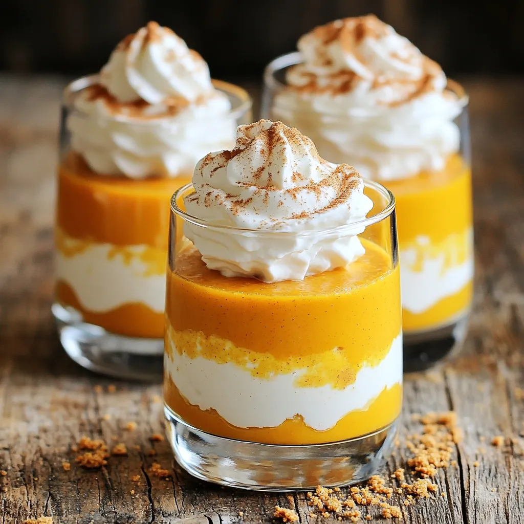 Here’s what you need for No-Bake Pumpkin Cheesecake Parfaits: - 1 cup pumpkin puree - 8 oz cream cheese, softened - 1/2 cup powdered sugar - 1 tsp vanilla extract - 1 tsp ground cinnamon - 1/2 tsp ground ginger - 1/4 tsp nutmeg - 1 cup whipped cream (or 1 cup heavy cream, whipped) - 1 1/2 cups graham cracker crumbs - 1/4 cup unsalted butter, melted - 1/4 cup brown sugar Each ingredient plays a key role in creating the perfect parfait. Pumpkin puree gives a rich flavor and creamy texture. Cream cheese adds a smoothness that’s hard to resist. Powdered sugar sweetens the mix without grittiness. Vanilla extract brings warmth, while spices like cinnamon, ginger, and nutmeg add depth. Whipped cream lightens the cheesecake filling, making it airy. The graham cracker crumbs provide a crunchy base, and melted butter helps bind them together. Brown sugar enhances the sweetness, making each bite delightful. When choosing pumpkin puree, look for a brand with no added sugar or spices. Quality cream cheese should be full-fat for the best flavor. Check the expiration date to ensure freshness. If you need gluten-free options, use gluten-free graham crackers. Many brands offer these, and they work just as well. For dairy-free needs, try cream cheese made from nuts or tofu. Coconut whipped cream can replace regular whipped cream too. If you want a sweetener swap, use maple syrup or agave nectar instead of powdered sugar. Just adjust the amount to taste, as these options are less concentrated. To start, I make the graham cracker base. Here’s how: - Combine Ingredients: In a mixing bowl, add 1 1/2 cups of graham cracker crumbs, 1/4 cup of melted unsalted butter, and 1/4 cup of brown sugar. - Mix Until Coated: Stir until the crumbs feel damp and look like wet sand. This mix will form the crunchy layer. Next, I prepare the cheesecake filling. It’s all about smoothness: - Beat Cream Cheese: In a large bowl, use an electric mixer to beat 8 oz of softened cream cheese until it’s creamy and smooth. - Add Flavor: Mix in 1 cup of pumpkin puree, 1/2 cup of powdered sugar, 1 tsp of vanilla extract, and spices like 1 tsp of cinnamon, 1/2 tsp of ginger, and 1/4 tsp of nutmeg. Blend until everything is well mixed. - Fold in Whipped Cream: Finally, gently fold in 1 cup of whipped cream. This makes the filling light and airy. Be careful not to deflate it! Now it’s time to layer the parfaits. Here’s my method to make them look great: - Start with Graham Crackers: In clear glasses or parfait dishes, add a generous spoonful of the graham cracker mix at the bottom. - Add Cheesecake Filling: Next, spoon in the pumpkin cheesecake filling. Repeat this layering until the glasses are full. - Finish with Filling: End with a layer of the cheesecake filling on top. This creates a beautiful finish. For a nice touch, you can add extra whipped cream on top and sprinkle some graham cracker crumbs for garnish. Chilling is key for flavor! Here’s why and how: - Refrigerate: Cover the parfaits with plastic wrap and refrigerate. This helps the flavors meld together. - Chill Time: Let them chill for at least 2 hours. This wait makes the parfaits even better! Before serving, remove them from the fridge. Enjoy the creamy, pumpkin goodness! When making no-bake desserts, some common mistakes can ruin your dish. Here are a few to watch out for: - Overmixing the cream cheese: This can make it too runny. Mix until just smooth. - Not chilling long enough: The parfait needs time to set. Chill for at least 2 hours. - Not folding whipped cream properly: Use a gentle hand to keep it airy. For perfect whipped cream, here’s a tip: Make sure your bowl and beaters are cold. This helps the cream whip up faster and better. To elevate the flavor of your pumpkin cheesecake, consider adding more spices. Here are a few great options: - Allspice: This spice adds warmth and depth. - Cloves: A little goes a long way for a bold taste. - Cardamom: This spice gives a unique twist to pumpkin. For added crunch, try topping your parfaits with: - Chopped nuts: Walnuts or pecans work great. - Toasted coconut: This adds a lovely texture and flavor. - Chocolate shavings: For a sweet finish, sprinkle some on top. {{image_2}} You can easily add fun flavors to your No-Bake Pumpkin Cheesecake Parfaits. Try mixing in chocolate or caramel for a richer taste. - Chocolate: Swirl in some melted chocolate into the pumpkin mixture. This adds a sweet twist. You can also sprinkle chocolate chips between layers. - Caramel: Drizzle caramel sauce between layers or on top. This gives a nice contrast to the pumpkin flavor. You can also play with seasonal spices. While cinnamon is great, consider adding: - Allspice: It gives a warm, spicy flavor. - Cloves: A little goes a long way for depth. - Cardamom: Adds a unique, fragrant note to the mix. Pair these parfaits with other desserts or coffee for a lovely treat. - Desserts: Serve with vanilla ice cream or chocolate cake. This makes a great dessert spread. - Coffee: These parfaits go well with your morning coffee or after dinner. They are a sweet finish that complements the bitter taste. These parfaits are perfect for many occasions. - Holidays: Thanksgiving and Halloween are great times to serve them. They fit right in with festive meals. - Parties: Make them for a casual get-together or a fancy dinner. They impress guests with their look and taste. No matter when you serve them, these parfaits always shine! To keep your No-Bake Pumpkin Cheesecake Parfaits fresh, follow these tips: - Use airtight containers: This helps prevent air from drying out the dessert. - Layer carefully: Keep layers intact to maintain the parfait's look and taste. - Refrigerate promptly: Store leftovers in the fridge within two hours after serving. I recommend using glass jars or plastic containers. They are easy to stack and will keep your parfaits safe. Yes, you can freeze No-Bake Pumpkin Cheesecake Parfaits, but with some care. Here’s how: - Freeze before adding toppings: Leave off whipped cream and extra crumbs until serving. - Cover tightly: Use plastic wrap or an airtight lid to prevent freezer burn. When you're ready to enjoy them, follow these thawing tips: - Thaw in the fridge: Move parfaits to the fridge overnight for a slow thaw. - Serve chilled: Enjoy them cold for the best taste and texture. No-Bake Pumpkin Cheesecake Parfaits can last about three to four days in the fridge. Make sure to store them in an airtight container. This keeps them fresh and tasty. If you see any changes in texture or smell, it is best to discard them. Yes, you can make these parfaits ahead of time! They are perfect for meal prep or special events. You can prepare them a day or two in advance. Just keep them covered in the fridge until you are ready to serve. This allows the flavors to blend well. If your leftover parfaits have settled, don’t worry! You can gently stir them with a spoon. This will help mix the layers back together. If needed, add a little fresh whipped cream on top to lighten them up. Enjoy your parfaits just like before! In this post, we explored the ingredients, steps, and tips for making No-Bake Pumpkin Cheesecake Parfaits. I shared the roles of each ingredient and gave options for substitutions. You learned about preparation, layering, and chilling techniques that ensure success. I also highlighted common mistakes to avoid and ways to enhance flavors. Finally, we discussed storage and freezing tips. With these insights, you can create a delightful dessert that impresses and satisfies everyone. Enjoy making and sharing this tasty treat!