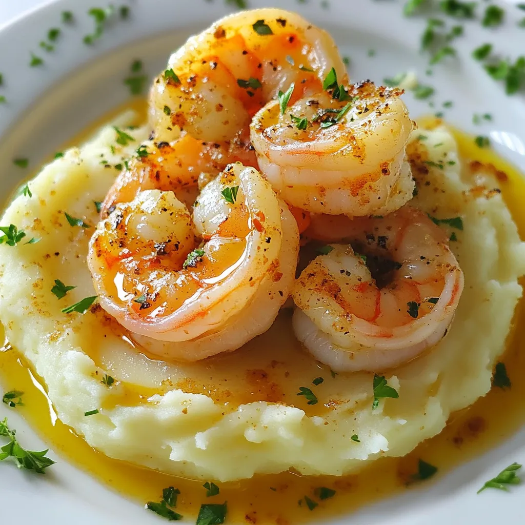 - 1 pound large shrimp, peeled and deveined - 4 medium potatoes, peeled and cubed - 4 cloves garlic, minced - 1/2 cup heavy cream - 1/4 cup unsalted butter - 2 tablespoons olive oil - 1 teaspoon paprika - 1 teaspoon lemon zest - Salt and pepper to taste - Fresh parsley, chopped (for garnish) The key to making garlic shrimp over mashed potatoes is having the right ingredients. You need large shrimp for a juicy bite. Potatoes are the base for the creamy side. Garlic gives a strong flavor that pairs well with shrimp. Heavy cream and butter make your mashed potatoes rich and smooth. Seasonings bring the dish to life. Paprika adds color and warmth. Lemon zest brightens the shrimp and adds freshness. Salt and pepper are essential for flavor. Finally, fresh parsley gives a pop of color and taste. Now, let’s get cooking! {{ingredient_image_1}} To start, you need to cook the potatoes. Grab four medium potatoes, peel and cube them. Place the cubes in a large pot and cover them with water. Bring the water to a boil and cook for about 15 to 20 minutes. The potatoes should be tender when you poke them with a fork. Once done, drain the water and return the potatoes to the pot. Next, you will make them creamy. Add half a cup of heavy cream, a quarter cup of unsalted butter, and some salt and pepper to taste. Mash the potatoes until they are smooth and creamy. If you need to, adjust the seasoning to suit your taste. Set the mashed potatoes aside while you prepare the shrimp. Now, it's time to cook the shrimp. Heat two tablespoons of olive oil in a large skillet over medium heat. Add four minced garlic cloves to the hot oil and sauté them for about one minute. You want the garlic to become fragrant but be careful not to let it burn. After that, add one pound of peeled and deveined large shrimp to the skillet. Sprinkle in one teaspoon of paprika, one teaspoon of lemon zest, and some salt and pepper. Cook the shrimp for three to four minutes. They are done when they turn pink and opaque. Stir occasionally to ensure even cooking. Finish by squeezing the juice of one lemon over the shrimp. Toss everything together to combine the flavors. Once cooked through, remove the skillet from the heat. Now it’s time to plate your dish. Spoon a generous portion of the creamy mashed potatoes onto each plate. Make a small well in the center of the potatoes for a nice presentation. Top the mashed potatoes with the garlic shrimp mixture. To add a pop of color and freshness, garnish each plate with chopped fresh parsley. For an extra touch, drizzle some of the shrimp cooking oil around the plate. Enjoy your Garlic Shrimp over Mashed Potatoes! Choosing the right potatoes: I recommend using Yukon Gold or Russet potatoes. They are starchy and creamy. Avoid waxy potatoes like red or new potatoes. Tips for mashing: - Boil the cubed potatoes until they are very tender, about 15-20 minutes. - Drain them well before mashing. - Use a potato masher or a ricer for a smooth texture. - Add heavy cream and butter while mashing. This makes them rich and creamy. - Always taste and adjust seasonings like salt and pepper. Ensuring shrimp are cooked properly: Cook the shrimp in a hot skillet. They should turn pink and opaque in 3-4 minutes. - Avoid overcooking; they will become rubbery. - Stir occasionally for even cooking. Adjusting seasoning for taste: Start with salt, pepper, and paprika. Adjust based on your taste. - Add more lemon juice if you want a tangy flavor. - Fresh herbs like parsley can also enhance the taste. Plating techniques: Spoon the creamy mashed potatoes onto the plate first. - Create a well in the center for the shrimp. - It adds height and looks great! Enhancing visual appeal: Drizzle the shrimp cooking oil around the plate. - This adds color and flavor. - Finish with a sprinkle of chopped parsley on top. - It gives a fresh look and vibrant color. Pro Tips Fresh Shrimp Matters: Always choose fresh shrimp for the best flavor and texture. If using frozen, ensure they are fully thawed before cooking. Perfectly Creamy Potatoes: For ultra-creamy mashed potatoes, use a potato ricer instead of a masher to achieve a smooth consistency. Garlic Timing: Add minced garlic to the oil just until fragrant; overcooking can lead to bitterness. Keep an eye on it! Garnish for Flavor: Fresh parsley not only adds color but also brightens the dish. Consider adding a sprinkle of lemon zest on top for an extra zing! {{image_2}} You can switch up the seafood in this dish. Instead of shrimp, try scallops or fish. Both options cook quickly and work well with garlic. You can also use crab meat for a sweet twist. If you want a vegetarian version, mushrooms are a great choice. Portobello or cremini mushrooms can add a rich flavor. Sauté them in the same way as shrimp for a hearty meal. Spice lovers can add red pepper flakes to the shrimp. This will give your dish a nice kick. Start with a pinch and adjust according to your taste. You can also enhance the dish with fresh herbs. Basil, cilantro, or thyme can add bright notes. Just chop them finely and sprinkle on top before serving. Pair this dish with sides like steamed broccoli or a fresh salad. Both will balance the richness of the mashed potatoes. You can also serve it with a crusty bread to soak up the sauce. For creative serving, use a bowl or a deep plate. Create a well in the mashed potatoes and place shrimp in the center. Drizzle some shrimp cooking oil around the dish for flair. It makes the plate look stunning and adds flavor. Store your garlic shrimp and mashed potatoes in the fridge. Use airtight containers to keep them fresh. They last about 3 days. Make sure they cool down before storing. This helps prevent sogginess. Label the containers with the date. This way, you know when to eat them. You can freeze leftovers for later meals. First, let the shrimp and potatoes cool completely. Then, place them in freezer-safe bags. Remove as much air as possible. This keeps them from freezer burn. They can stay in the freezer for up to 3 months. When ready to eat, thaw them in the fridge overnight before reheating. Reheat your garlic shrimp and mashed potatoes easily. For the shrimp, use a skillet over medium heat. Stir gently until heated through. For the mashed potatoes, use the microwave or stove. Add a splash of cream to keep them creamy. Heat them slowly and stir often. Enjoy your meal as if it were fresh! You can use several options if you need a heavy cream substitute. Here are some ideas: - Milk and butter: Mix 1/4 cup of melted butter with 3/4 cup of milk. - Greek yogurt: Use plain Greek yogurt for a thick and creamy texture. - Coconut cream: This gives a rich flavor and is dairy-free. - Soy or almond milk: Use with a bit of cornstarch for thickness. These substitutes can change the taste slightly, so choose based on your preferences. Yes, you can prepare this dish ahead of time. Here’s how to do it: - Mashed potatoes: Make them a day prior. Store in the fridge in a sealed container. Reheat gently with a splash of milk. - Garlic shrimp: Cook them up to a few hours beforehand. Store in the fridge. Reheat carefully to avoid overcooking. This makes serving easy and quick! Shrimp cook quickly and are easy to check. Here are some signs: - Color change: They turn from gray to pink. - Texture: They should be firm and opaque. - Time: Typically, shrimp need about 3-4 minutes in the pan. When they look like this, they are ready to enjoy! This blog post detailed a simple, delicious dish featuring garlic shrimp and creamy mashed potatoes. We covered the main ingredients, cooking steps, and helpful tips for the best results. Remember, using fresh ingredients improves flavor. Experiment with variations like different seafood or spices to suit your taste. Proper storage keeps leftovers fresh. Enjoy the joy of cooking and sharing this meal with friends and family. With the right steps, you can make a dish worth repeating. Let your creativity shine in the kitchen, and happy cooking!