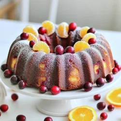- 2 cups all-purpose flour - 1 ½ cups fresh cranberries, halved - 1 cup granulated sugar - ½ cup unsalted butter, softened - 3 large eggs - 1 cup orange juice (freshly squeezed for best flavor) - Zest of 1 orange - 1 teaspoon baking powder - ½ teaspoon baking soda - ½ teaspoon salt - 1 teaspoon vanilla extract I love using fresh ingredients in this cake. The all-purpose flour gives it a nice base. Fresh cranberries add a tartness that balances the sweetness. Granulated sugar is essential for that perfect sweetness. Softened unsalted butter creates a rich texture. Eggs help bind everything together. Orange juice and zest give the cake its bright flavor. Baking powder and baking soda help it rise, while salt enhances all the tastes. Lastly, vanilla extract adds a warm note. - 1 tablespoon powdered sugar for dusting For a lovely finish, I suggest dusting the cake with powdered sugar. It adds a touch of elegance. You can also serve it on a decorative cake stand. Adding fresh cranberries and orange slices around the base makes it pop. This simple touch can make your cake look stunning! First, I preheat the oven to 350°F (175°C). This gets the oven ready for baking. I then take a 10-inch bundt pan and grease it well with cooking spray or softened butter. This helps the cake come out easily. After greasing, I dust the pan with a little flour. This step prevents the cake from sticking. In a medium bowl, I whisk together the dry ingredients. I combine 2 cups of all-purpose flour, 1 teaspoon of baking powder, ½ teaspoon of baking soda, and ½ teaspoon of salt. This mix adds structure and flavor to the cake. Once combined, I set this dry mix aside for later. In a large mixing bowl, I cream together ½ cup of softened unsalted butter and 1 cup of granulated sugar. I mix them for about 3 to 4 minutes until the mixture is light and fluffy. This step is key for a tender cake. The air I whip into the butter makes it rise beautifully. Next, I add in 3 large eggs, one at a time. It’s important to mix well after each egg. This ensures the eggs blend nicely into the batter. After the eggs, I stir in 1 cup of freshly squeezed orange juice, the zest of 1 orange, and 1 teaspoon of vanilla extract. This mix brings a bright flavor to the cake. Now, I gradually add the dry mixture to the wet mix. I fold it gently until just combined. I avoid overmixing to keep the cake light and tender. Overmixing can make the cake dense, which we do not want. I pour the batter into the prepared bundt pan, smoothing the top with a spatula. I then bake the cake in the preheated oven for 45 to 55 minutes. To check if it’s done, I insert a toothpick into the center. If it comes out clean, the cake is ready. Once the cake is done, I let it cool in the pan for about 10 to 15 minutes. This helps it set. After that, I carefully invert it onto a wire rack to cool completely. Once cool, I dust the top with 1 tablespoon of powdered sugar. This adds a sweet touch and makes it look lovely. To ensure tenderness in your Cranberry Orange Bundt Cake, avoid overmixing. Mix just until the dry ingredients blend with the wet. This keeps the cake light and fluffy. Use fresh cranberries for the best flavor. Their tartness balances the sweetness of the cake. Always measure your flour correctly. Spoon it into the measuring cup instead of scooping. This helps prevent a dense cake. One common mistake is using cold eggs and butter. Always let them sit at room temperature for a while. This helps create a light batter. Overmixing is another issue. It can make your cake tough. Mix gently and stop as soon as everything is combined. To serve the cake, use a decorative cake stand for a stunning look. Dust the top with powdered sugar for a sweet finish. Garnish with fresh cranberries and orange slices around the base. This adds color and makes the cake more inviting. For extra fun, pair it with whipped cream or vanilla ice cream. This gives your guests a delicious treat. {{image_2}} You can change the flavor of your cranberry orange bundt cake easily. Try adding different fruits like blueberries or raspberries. You can also mix in spices like cinnamon or nutmeg for warmth. If you love nuts, chopped walnuts or pecans add a nice crunch and flavor. Experimenting with these ingredients can make the cake your own. If you need a gluten-free version, use gluten-free flour instead of all-purpose flour. Many brands work well for baking. For sugar alternatives, try coconut sugar or a sugar substitute like stevia. These options help you enjoy the cake while sticking to your dietary needs. Just remember that the texture may change slightly. To make your cake even better, consider serving it with sauces or sides. A dollop of whipped cream pairs nicely with the tart cranberries. Vanilla ice cream also brings a creamy contrast. You can even serve it with a simple orange glaze for extra sweetness. These additions can elevate your dessert experience. To keep your cranberry orange bundt cake fresh, wrap it tightly in plastic wrap. You can also use a cake dome or an airtight container. This helps the cake stay moist and flavorful. Make sure to store it in a cool, dry place. Avoid exposing it to heat or sunlight, as this can dry it out. If you want to freeze the cake, first let it cool completely. Wrap the bundt cake in plastic wrap, then in aluminum foil. This double layer keeps out air and prevents freezer burn. When you’re ready to eat it, take it out and let it thaw in the fridge overnight. For a quicker method, you can leave it at room temperature for a few hours. Your cranberry orange bundt cake lasts about 3 to 4 days in the fridge. If you store it at room temperature, it stays fresh for about 2 days. Always check for any signs of spoilage, like mold or an off smell, before serving. Yes, you can use frozen cranberries. They work well in this recipe. Just toss them in flour before adding them to the batter. This helps keep them from sinking to the bottom while baking. To make mini bundt cakes, use a mini bundt pan. Fill each cavity about two-thirds full with batter. Bake at the same temperature, but check for doneness after 25-30 minutes. You can use lemon juice or apple cider in place of orange juice. The cake will have a slightly different flavor, but it will still taste great. Yes, you can make this cake a day ahead. Just cover it tightly and store it at room temperature. This allows the flavors to meld beautifully. To keep your bundt cake moist, avoid overmixing the batter. Also, do not open the oven door while baking. Let it cool in the pan for a bit before inverting it. You now know how to make a delightful cranberry bundt cake. We covered the key ingredients, step-by-step instructions, and tips to perfect it. Remember the importance of mixing and avoiding overmixing to keep it tender. You can also customize flavors or storage methods to suit your needs. Enjoy the creativity of baking this cake and impress your friends and family. Your efforts will surely pay off, and the results will be delicious. Happy baking!