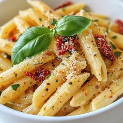 To make a rich and creamy sun-dried tomato pasta, gather these key ingredients: - 8 oz pasta (your choice: penne, spaghetti, or fusilli) - 1 cup sun-dried tomatoes (packed in oil, chopped) - 2 cloves garlic (minced) - 1/2 cup heavy cream (or a dairy-free alternative) - 1/4 cup Parmesan cheese (grated, plus extra for serving) - 1/4 cup fresh basil leaves (chopped) - 1/4 teaspoon red pepper flakes (optional, for heat) - 2 tablespoons olive oil - Salt and pepper to taste - Fresh basil leaves for garnish - 1 cup baby spinach (optional, for color and nutrition) Each ingredient plays a role in making this dish delightful. The pasta serves as the base, holding the creamy sauce. Sun-dried tomatoes provide a rich flavor that pairs perfectly with the cream. Garlic adds depth, while Parmesan gives a nice salty touch. You can choose any pasta type you love. Penne holds the sauce well, while spaghetti has a lovely twirl. Fusilli’s shape grabs the sauce, making every bite tasty. For sun-dried tomatoes, get the kind packed in oil. They are easier to chop and add more flavor. The cream smooths the sauce, and you can swap it for a dairy-free option if needed. Parmesan cheese adds saltiness, while fresh basil brings a bright touch. Red pepper flakes add a bit of heat if you like spice. Feel free to add baby spinach. It adds color and nutrients. You can also adjust the recipe to your taste by adding other veggies or herbs. {{ingredient_image_1}} Start by boiling a large pot of salted water. The salt adds flavor to the pasta. Once it boils, add 8 oz of your favorite pasta, like penne or spaghetti. Cook it until it is al dente, which means it should be firm but not hard. This usually takes about 8 to 10 minutes. After cooking, drain the pasta in a colander. Reserve 1/2 cup of the pasta water for later. In a large skillet, heat 2 tablespoons of olive oil over medium heat. Once the oil warms, add 2 cloves of minced garlic. Sauté the garlic for about 1 minute. You want it fragrant but not burnt. Then, add 1 cup of chopped sun-dried tomatoes and 1/4 teaspoon of red pepper flakes if you like some heat. Cook these for another 2 to 3 minutes until everything is warm. Next, lower the heat and pour in 1/2 cup of heavy cream. Stir well to mix it with the garlic and tomatoes. Then, add 1/4 cup of grated Parmesan cheese. Let the sauce simmer for about 3 to 4 minutes. This helps it thicken and creates a rich flavor. Now, add the drained pasta to the skillet. If you want to add color and nutrition, toss in 1 cup of baby spinach. Mix everything well to coat the pasta in the sauce. If the sauce seems too thick, add some of the reserved pasta water a little at a time. This helps reach your desired sauce consistency. Lastly, stir in 1/4 cup of chopped fresh basil. Season with salt and pepper to taste. When serving, plate the pasta in shallow bowls. Garnish with more Parmesan cheese and a drizzle of olive oil. A sprig of fresh basil on top adds a nice touch. Enjoy your rich and creamy sun-dried tomato pasta! When picking sun-dried tomatoes, you have two main choices: oil-packed or dry-packed. Oil-packed tomatoes are soft and rich in flavor. They add a nice depth to your dish. Dry-packed ones are chewy and more concentrated in taste. I often recommend brands like Bella Sun Luci or California Sun Dry for great quality. Their taste makes a big difference in your pasta. To get the sauce just right, save some pasta water. It helps thin out the sauce without losing flavor. Start with a little, then add more if needed. If you're watching your cream intake, adjust the amount of cream you use. You can replace heavy cream with a lighter option or a dairy-free alternative. The sauce still tastes great and suits your needs. How you serve matters! Use shallow bowls for a nice touch. This makes the dish look fancy. To garnish, sprinkle extra Parmesan cheese on top. A drizzle of olive oil adds shine and flavor. Don’t forget a sprig of fresh basil on each plate. This gives your dish a pop of color and makes it look special. Pro Tips Keep Pasta Al Dente: Cooking pasta until it's al dente ensures it retains a slight firmness, providing the perfect texture that holds up well with the creamy sauce. Use Quality Sun-Dried Tomatoes: Opt for sun-dried tomatoes packed in oil for enhanced flavor and moisture. They add richness to the dish that dried tomatoes cannot match. Fresh Basil Is Key: Always use fresh basil for the best flavor. Adding it at the end of cooking preserves its vibrant taste and aroma. Adjust Sauce Consistency: If the sauce is too thick, gradually add reserved pasta water to achieve your desired creaminess without diluting flavors. {{image_2}} You can make this dish vegetarian or vegan with easy swaps. For heavy cream, use coconut cream or cashew cream. Both options add a rich taste. You can also replace Parmesan cheese with nutritional yeast. It gives a cheesy flavor without dairy. Adding more vegetables makes the dish even better. Consider bell peppers, zucchini, or mushrooms. These add color and nutrition. Toss them in when you sauté the garlic for a tasty mix. Want to add protein? Chicken, shrimp, or tofu work great. For chicken, cook bite-sized pieces in the skillet until golden. Shrimp cooks fast, so add them when the sun-dried tomatoes are heated. If you use tofu, sauté it until crispy for the best texture. Remember to adjust cooking times. Chicken takes longer than shrimp. Tofu needs just enough time to warm through. To boost flavor, think about extra herbs and spices. Fresh oregano or thyme pairs well with sun-dried tomatoes. If you like heat, add more red pepper flakes. You can also try sun-dried tomato pesto instead of chopped tomatoes. It adds a deep, rich flavor that enhances the creamy sauce. Mix and match these ideas to find your perfect taste! To keep your sun-dried tomato pasta fresh, store it in an airtight container. Place it in the fridge right after it cools. It can last up to three days this way. If you want to store it longer, freeze it. Use a freezer-safe bag or container. Your pasta will stay good for about two months in the freezer. Just be sure to label the container with the date. When reheating, you can use a skillet or microwave. If using a skillet, add a splash of water or extra cream. This keeps the pasta moist and creamy. For the microwave, cover the dish with a damp paper towel. This helps retain moisture. Before serving, taste and adjust the seasonings. You might want to add a bit more salt or fresh basil. This way, the flavors come alive again! To make sun-dried tomato pasta, follow these steps: 1. Cook your pasta in salted boiling water until al dente. 2. In a skillet, heat olive oil and sauté minced garlic for about one minute. 3. Add chopped sun-dried tomatoes and red pepper flakes. Cook for two to three minutes. 4. Lower the heat and stir in heavy cream and grated Parmesan cheese. Let it simmer to thicken. 5. Toss the cooked pasta and optional spinach in the sauce. Mix well. 6. Stir in fresh basil and season with salt and pepper. 7. Plate and garnish with more cheese and basil leaves. This dish takes about 25 minutes to prepare and serves four. You can use fresh tomatoes, but the flavor will change. Sun-dried tomatoes add a rich, concentrated taste. Fresh tomatoes are juicy and bright but less intense. If using fresh, chop them and cook them longer to reduce moisture. You might need to adjust the cream and cheese amounts to balance the flavors. Sun-dried tomato pasta pairs well with several sides: - A fresh green salad with vinaigrette. - Garlic bread for a crunchy complement. - Roasted vegetables add a nice touch. - A light white wine enhances the meal. These options will round out your dinner nicely. Yes, you can easily make this dish gluten-free. Use gluten-free pasta, like rice or chickpea pasta. The cooking time may differ, so check the package instructions. The sauce will stay the same, so feel free to enjoy this creamy delight without gluten! This blog post outlined a simple and delicious sun-dried tomato pasta recipe. We explored ingredient choices, cooking steps, and tips for the best results. You learned how to create a creamy sauce that pairs well with pasta. Remember, you can customize this dish to fit your tastes. Feel free to add protein, extra veggies, or even alternative creams. Enjoy making this dish and impressing your family with your cooking skills!