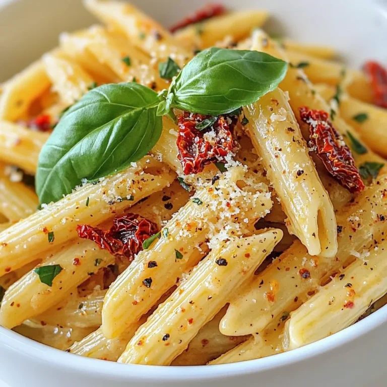 To make a rich and creamy sun-dried tomato pasta, gather these key ingredients: - 8 oz pasta (your choice: penne, spaghetti, or fusilli) - 1 cup sun-dried tomatoes (packed in oil, chopped) - 2 cloves garlic (minced) - 1/2 cup heavy cream (or a dairy-free alternative) - 1/4 cup Parmesan cheese (grated, plus extra for serving) - 1/4 cup fresh basil leaves (chopped) - 1/4 teaspoon red pepper flakes (optional, for heat) - 2 tablespoons olive oil - Salt and pepper to taste - Fresh basil leaves for garnish - 1 cup baby spinach (optional, for color and nutrition) Each ingredient plays a role in making this dish delightful. The pasta serves as the base, holding the creamy sauce. Sun-dried tomatoes provide a rich flavor that pairs perfectly with the cream. Garlic adds depth, while Parmesan gives a nice salty touch. You can choose any pasta type you love. Penne holds the sauce well, while spaghetti has a lovely twirl. Fusilli’s shape grabs the sauce, making every bite tasty. For sun-dried tomatoes, get the kind packed in oil. They are easier to chop and add more flavor. The cream smooths the sauce, and you can swap it for a dairy-free option if needed. Parmesan cheese adds saltiness, while fresh basil brings a bright touch. Red pepper flakes add a bit of heat if you like spice. Feel free to add baby spinach. It adds color and nutrients. You can also adjust the recipe to your taste by adding other veggies or herbs. {{ingredient_image_1}} Start by boiling a large pot of salted water. The salt adds flavor to the pasta. Once it boils, add 8 oz of your favorite pasta, like penne or spaghetti. Cook it until it is al dente, which means it should be firm but not hard. This usually takes about 8 to 10 minutes. After cooking, drain the pasta in a colander. Reserve 1/2 cup of the pasta water for later. In a large skillet, heat 2 tablespoons of olive oil over medium heat. Once the oil warms, add 2 cloves of minced garlic. Sauté the garlic for about 1 minute. You want it fragrant but not burnt. Then, add 1 cup of chopped sun-dried tomatoes and 1/4 teaspoon of red pepper flakes if you like some heat. Cook these for another 2 to 3 minutes until everything is warm. Next, lower the heat and pour in 1/2 cup of heavy cream. Stir well to mix it with the garlic and tomatoes. Then, add 1/4 cup of grated Parmesan cheese. Let the sauce simmer for about 3 to 4 minutes. This helps it thicken and creates a rich flavor. Now, add the drained pasta to the skillet. If you want to add color and nutrition, toss in 1 cup of baby spinach. Mix everything well to coat the pasta in the sauce. If the sauce seems too thick, add some of the reserved pasta water a little at a time. This helps reach your desired sauce consistency. Lastly, stir in 1/4 cup of chopped fresh basil. Season with salt and pepper to taste. When serving, plate the pasta in shallow bowls. Garnish with more Parmesan cheese and a drizzle of olive oil. A sprig of fresh basil on top adds a nice touch. Enjoy your rich and creamy sun-dried tomato pasta! When picking sun-dried tomatoes, you have two main choices: oil-packed or dry-packed. Oil-packed tomatoes are soft and rich in flavor. They add a nice depth to your dish. Dry-packed ones are chewy and more concentrated in taste. I often recommend brands like Bella Sun Luci or California Sun Dry for great quality. Their taste makes a big difference in your pasta. To get the sauce just right, save some pasta water. It helps thin out the sauce without losing flavor. Start with a little, then add more if needed. If you're watching your cream intake, adjust the amount of cream you use. You can replace heavy cream with a lighter option or a dairy-free alternative. The sauce still tastes great and suits your needs. How you serve matters! Use shallow bowls for a nice touch. This makes the dish look fancy. To garnish, sprinkle extra Parmesan cheese on top. A drizzle of olive oil adds shine and flavor. Don’t forget a sprig of fresh basil on each plate. This gives your dish a pop of color and makes it look special. Pro Tips Keep Pasta Al Dente: Cooking pasta until it's al dente ensures it retains a slight firmness, providing the perfect texture that holds up well with the creamy sauce. Use Quality Sun-Dried Tomatoes: Opt for sun-dried tomatoes packed in oil for enhanced flavor and moisture. They add richness to the dish that dried tomatoes cannot match. Fresh Basil Is Key: Always use fresh basil for the best flavor. Adding it at the end of cooking preserves its vibrant taste and aroma. Adjust Sauce Consistency: If the sauce is too thick, gradually add reserved pasta water to achieve your desired creaminess without diluting flavors. {{image_2}} You can make this dish vegetarian or vegan with easy swaps. For heavy cream, use coconut cream or cashew cream. Both options add a rich taste. You can also replace Parmesan cheese with nutritional yeast. It gives a cheesy flavor without dairy. Adding more vegetables makes the dish even better. Consider bell peppers, zucchini, or mushrooms. These add color and nutrition. Toss them in when you sauté the garlic for a tasty mix. Want to add protein? Chicken, shrimp, or tofu work great. For chicken, cook bite-sized pieces in the skillet until golden. Shrimp cooks fast, so add them when the sun-dried tomatoes are heated. If you use tofu, sauté it until crispy for the best texture. Remember to adjust cooking times. Chicken takes longer than shrimp. Tofu needs just enough time to warm through. To boost flavor, think about extra herbs and spices. Fresh oregano or thyme pairs well with sun-dried tomatoes. If you like heat, add more red pepper flakes. You can also try sun-dried tomato pesto instead of chopped tomatoes. It adds a deep, rich flavor that enhances the creamy sauce. Mix and match these ideas to find your perfect taste! To keep your sun-dried tomato pasta fresh, store it in an airtight container. Place it in the fridge right after it cools. It can last up to three days this way. If you want to store it longer, freeze it. Use a freezer-safe bag or container. Your pasta will stay good for about two months in the freezer. Just be sure to label the container with the date. When reheating, you can use a skillet or microwave. If using a skillet, add a splash of water or extra cream. This keeps the pasta moist and creamy. For the microwave, cover the dish with a damp paper towel. This helps retain moisture. Before serving, taste and adjust the seasonings. You might want to add a bit more salt or fresh basil. This way, the flavors come alive again! To make sun-dried tomato pasta, follow these steps: 1. Cook your pasta in salted boiling water until al dente. 2. In a skillet, heat olive oil and sauté minced garlic for about one minute. 3. Add chopped sun-dried tomatoes and red pepper flakes. Cook for two to three minutes. 4. Lower the heat and stir in heavy cream and grated Parmesan cheese. Let it simmer to thicken. 5. Toss the cooked pasta and optional spinach in the sauce. Mix well. 6. Stir in fresh basil and season with salt and pepper. 7. Plate and garnish with more cheese and basil leaves. This dish takes about 25 minutes to prepare and serves four. You can use fresh tomatoes, but the flavor will change. Sun-dried tomatoes add a rich, concentrated taste. Fresh tomatoes are juicy and bright but less intense. If using fresh, chop them and cook them longer to reduce moisture. You might need to adjust the cream and cheese amounts to balance the flavors. Sun-dried tomato pasta pairs well with several sides: - A fresh green salad with vinaigrette. - Garlic bread for a crunchy complement. - Roasted vegetables add a nice touch. - A light white wine enhances the meal. These options will round out your dinner nicely. Yes, you can easily make this dish gluten-free. Use gluten-free pasta, like rice or chickpea pasta. The cooking time may differ, so check the package instructions. The sauce will stay the same, so feel free to enjoy this creamy delight without gluten! This blog post outlined a simple and delicious sun-dried tomato pasta recipe. We explored ingredient choices, cooking steps, and tips for the best results. You learned how to create a creamy sauce that pairs well with pasta. Remember, you can customize this dish to fit your tastes. Feel free to add protein, extra veggies, or even alternative creams. Enjoy making this dish and impressing your family with your cooking skills!