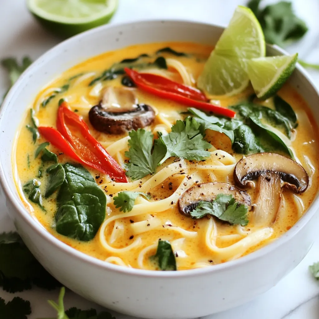 - 200g rice noodles - 1 can (400ml) coconut milk - 4 cups vegetable broth - 2 tablespoons red curry paste - 1 tablespoon soy sauce - 1 tablespoon lime juice - 1 cup mushrooms, sliced - 1 red bell pepper, sliced - 1 cup fresh spinach - 1 tablespoon fresh ginger, minced - 2 garlic cloves, minced - Fresh cilantro, for garnish - Lime wedges, for serving - Salt and pepper, to taste You will need a large pot for cooking. A cutting board and knife help with chopping. A measuring cup and spoons ensure accuracy. A ladle makes serving easy. Finally, get some bowls for the soup. For rice noodles, you can use any noodle type you like. You can swap coconut milk with almond milk for a lighter option. If you want a spicier soup, add more red curry paste. For a richer flavor, use chicken broth instead of vegetable broth. If you cannot find fresh ginger, use ground ginger but reduce the amount. {{ingredient_image_1}} Start by boiling water in a pot. Once boiling, add 200g of rice noodles. Cook them as per the package instructions, usually about 4-6 minutes. Stir occasionally to prevent sticking. Once tender, drain the noodles. Rinse them under cold water to stop the cooking process. Set the noodles aside for later. In a large pot, heat one tablespoon of olive oil over medium heat. Add two minced garlic cloves and one tablespoon of minced ginger. Sauté for about one minute until it smells great. Next, add two tablespoons of red curry paste. Cook this for one to two minutes. This helps to release the rich flavors. Now pour in four cups of vegetable broth and one can of coconut milk. Stir everything well. Bring the mixture to a gentle simmer. Add one cup of sliced mushrooms and one sliced red bell pepper. Cook for about five minutes until they soften. Then, mix in one cup of fresh spinach, one tablespoon of soy sauce, and one tablespoon of lime juice. Cook it for another two to three minutes until the spinach wilts. Season your soup with salt and pepper to taste. If you want more heat, add more curry paste. Divide the cooked rice noodles into four bowls. Ladle the hot soup over the noodles. Make sure each bowl has veggies and broth. Garnish with fresh cilantro for a pop of color and flavor. Serve with lime wedges on the side for extra zest. Enjoy your meal! To boost the taste, use fresh ingredients. Fresh ginger and garlic add a bright kick. You can also add a pinch of sugar to balance the heat. A dash of fish sauce gives depth. Consider topping with fresh herbs like basil or mint for extra flair. Follow the package instructions for cooking rice noodles. Make sure to cook them until just tender. Rinse them with cold water to stop the cooking. This helps keep the noodles from getting mushy. Always add the cooked noodles to the soup right before serving. One mistake is overcooking the vegetables. They should stay crisp and bright. Another error is skimping on the broth. Use enough liquid to get a rich soup. Lastly, don’t forget to taste before serving. Adjust the seasoning with salt, pepper, or lime juice as needed. Pro Tips Use Fresh Ingredients: Fresh vegetables and herbs will enhance the flavor of your soup, making it more vibrant and delicious. Adjust the Spice Level: If you prefer a milder soup, start with less red curry paste and add more gradually to suit your taste. Let it Simmer: Allow the soup to simmer for a few extra minutes after adding the vegetables to deepen the flavors. Garnish for Freshness: Fresh cilantro and lime wedges not only add flavor but also bring a refreshing touch to the final dish. {{image_2}} You can add different proteins to make the soup richer. Chicken is a great choice. Use cooked, shredded chicken to save time. Tofu is perfect for a plant-based option. Be sure to use firm tofu. Just cube it and add it to the soup. Shrimp also works well. Use peeled shrimp and cook them in the soup for 3-4 minutes. Each protein will add its unique taste. Adjust the spice level to suit your taste. If you like it mild, use less red curry paste. Start with one tablespoon and add more as needed. For extra heat, add sliced fresh chili or a pinch of cayenne pepper. Always taste the soup before serving. This helps ensure the spice level is just right for you. Feel free to swap out vegetables in this recipe. If you don’t have red bell pepper, use green or yellow peppers instead. Broccoli or carrots can also add good flavor. Zucchini adds a nice texture, too. Just chop them into small pieces and add them to the soup. Use what you have on hand to make the dish your own. To keep your soup fresh, let it cool down first. Use an airtight container for storage. Place the soup in the fridge if you plan to eat it within three days. If not, consider freezing it for longer storage. When you're ready to eat the soup again, pour it into a pot. Heat it on medium until it's hot. You can also use a microwave. Just place it in a bowl and cover it. Heat in short bursts, stirring in between. This keeps the soup from getting too hot. To freeze the soup, use a freezer-safe container. Leave some space at the top; liquids expand when frozen. The soup can last up to three months in the freezer. When you want to use it, thaw it in the fridge overnight or use cold water for a quicker method. Yes, you can use other noodles if you like. Try using egg noodles or soba noodles. They will change the flavor a bit, but that can be fun! Just be sure to cook them according to their package instructions. To make this soup vegan, use vegetable broth and coconut milk. The recipe already uses these ingredients. Also, choose a vegan red curry paste. Many brands offer vegan options. Skip any meat or seafood if you want a pure vegan dish. This soup pairs well with many sides. You can serve it with fresh spring rolls or a light salad. For a crunchy touch, add fried tofu or crispy vegetables on top. Lime wedges add a nice zing, too! This blog post covered all you need to know about making Thai Coconut Noodle Soup. You learned about ingredients, cooking steps, and useful tips. We explored flavor enhancements and various protein options. Also, we discussed how to store your leftovers and answered key questions. Now you have the tools to create a tasty dish. Enjoy your cooking, and don't hesitate to get creative with your version of this soup!