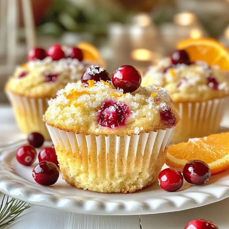 To make delicious cranberry orange muffins, gather the following ingredients: - 1 ½ cups all-purpose flour - ½ cup sugar - 2 teaspoons baking powder - ½ teaspoon baking soda - ½ teaspoon salt - 1 teaspoon cinnamon - 1 large egg - ½ cup freshly squeezed orange juice - ¼ cup vegetable oil - Zest of 1 orange - 1 cup fresh or frozen cranberries - ½ cup chopped walnuts (optional) - 1 tablespoon sugar (for topping) Each ingredient plays a key role in creating that perfect muffin. The flour gives structure. Sugar adds sweetness. Baking powder and baking soda help the muffins rise. Cinnamon brings warmth and a cozy flavor. The egg acts as a binder. Fresh orange juice and zest provide bright citrus notes. Cranberries offer a tart kick. If you love nuts, walnuts add a nice crunch. Finally, a sprinkle of sugar on top gives that sweet, crispy finish. With these ingredients, you will create a delightful treat that is perfect for breakfast or a snack. Enjoy the process of mixing and baking, and soon you will have a batch of warm muffins to savor! {{ingredient_image_1}} - Preheat oven to 375°F (190°C). - Prepare muffin tin with liners or cooking spray. - Combine flour, sugar, baking powder, baking soda, salt, and cinnamon. - Whisk together egg, orange juice, vegetable oil, and orange zest. - Fold wet mixture into dry ingredients without overmixing. - Incorporate cranberries and walnuts gently. - Fill muffin tin and add sugar topping. - Bake for 18-22 minutes. Follow these steps closely. Each step builds flavor and texture. The oven should be ready before you mix. It ensures even baking. Prepare the muffin tin well. This makes it easy to remove muffins later. When mixing dry ingredients, whisk them well. This helps distribute the baking powder. It makes the muffins rise nicely. For the wet ingredients, use fresh orange juice. It brings a bright flavor. Whisk them together until smooth. When you combine the wet and dry mixes, be gentle. Overmixing can make the muffins tough. You want them soft and fluffy. The cranberries add tartness. If you use walnuts, they give a nice crunch. Fill the muffin cups about two-thirds full. This allows space for rising. Adding sugar on top creates a sweet crust. Check them at 18 minutes. Insert a toothpick. If it comes out clean, they are done. Let them cool for a few minutes before serving. How to avoid overmixing To keep your muffins fluffy, mix gently. After adding the wet mix to the dry, stir until just combined. It’s okay to have some lumps in the batter. Overmixing can make your muffins tough instead of soft. Testing for doneness Check if your muffins are done by inserting a toothpick in the center. If it comes out clean, they are ready. If not, bake them a few more minutes. Each oven is different, so keep an eye on them! Serving suggestions for a festive look Serve your muffins warm on a colorful platter. For a pop of color, add whole cranberries and orange slices around them. This makes for a lovely display. Garnishing ideas Top each muffin with a small pat of butter or a dollop of cream cheese. You can also sprinkle some extra sugar on top for added sparkle. This will make them even more tempting! Pairing with beverages (tea, coffee) These muffins pair perfectly with a hot cup of tea or coffee. The citrus flavor blends well with the warmth of your drink. You can also add a splash of milk for a creamy touch. Best times to serve (breakfast, snacks) Enjoy these muffins at breakfast or as a snack. They are great for brunch with friends, too! Their bright flavors make any time feel special. Pro Tips Use Fresh Cranberries: For the best flavor and texture, opt for fresh cranberries when they're in season. If using frozen, make sure to thaw and drain them to avoid excess moisture in the muffins. Don't Overmix the Batter: Mixing too much can lead to dense muffins. Fold the wet and dry ingredients together gently until just combined for a lighter texture. Experiment with Zest: Adding zest from lemon or lime in addition to the orange zest can elevate the flavor profile, giving your muffins a more complex citrus taste. Storage Tips: Store leftover muffins in an airtight container at room temperature for up to 3 days, or freeze them for up to 3 months. Reheat in the oven for a few minutes for that fresh-baked taste. {{image_2}} You can add fun flavors to your cranberry orange muffins. One easy option is to mix in chocolate chips. The sweet chocolate pairs well with tart cranberries. Just fold in about half a cup of chocolate chips when you add the cranberries. This twist makes the muffins rich and extra tasty. Another option is to use different nuts or seeds. Chopped pecans or sliced almonds work great. They add a nice crunch and flavor. You can also try sunflower seeds for a nut-free choice. Just make sure to keep the amount similar to the walnuts in the recipe. If you want a gluten-free version, you can replace all-purpose flour with a gluten-free flour blend. Look for blends that contain xanthan gum. This helps give the muffins a nice texture. You may also want to reduce the baking powder slightly to avoid a bitter taste. For a vegan option, you can skip the egg by using a flax egg. Mix one tablespoon of ground flaxseed with three tablespoons of water. Let it sit for a few minutes until it thickens. For the oil, you can use applesauce instead. This keeps the muffins moist but cuts down on fat. Using seasonal ingredients can make these muffins even better. In the fall, consider adding diced apples or pears for a cozy twist. In the summer, blueberries or raspberries can brighten up the flavor. You can also change the zest. Try lemon zest instead of orange for a refreshing change. Using what's fresh and in season makes your muffins taste amazing! Store your cranberry orange muffins at room temperature. Use an airtight container to keep them fresh. Place a piece of wax paper between the muffins to avoid sticking. They taste best within the first few days. If you want to enjoy them longer, try the next storage method. You can freeze these muffins for later use. Let them cool completely before freezing. Wrap each muffin in plastic wrap, then place them in a freezer bag. They can stay in the freezer for up to three months. When you are ready to eat, remove a muffin and thaw it at room temperature or microwave it for about 15-20 seconds. These muffins stay fresh for about 2-3 days at room temperature. If stored properly in the fridge, they can last up to a week. Freezing extends their life, keeping them tasty for months. Enjoy your cranberry orange muffins whenever you crave a sweet treat! Yes, you can use frozen cranberries. They work well in this recipe. Just add them straight into the batter without thawing. This saves time and keeps the muffins moist. To check if your muffins are done, insert a toothpick into the center. If it comes out clean, the muffins are ready. This usually takes 18 to 22 minutes of baking time. Yes, you can make these muffins ahead of time. Bake them, then let them cool completely. Store them in an airtight container for up to three days. You can also freeze them for longer storage. For sugar, you can use honey or maple syrup. Use about three-quarters of the amount. This will keep the muffins sweet without using granulated sugar. Fresh orange juice gives the best flavor. It adds a bright taste to the muffins. If fresh juice isn't available, you can use bottled juice, but the taste won't be as vibrant. You learned to make delicious cranberry orange muffins with simple steps. We covered ingredients, preparation, and baking times. You can also explore fun variations and storage tips. These muffins are great for breakfast or snacks. Enjoy them fresh or freeze some for later. With this recipe, you can impress family and friends, anytime! Try it and enjoy every bite you take.