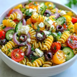 - 8 oz (225 g) tri-color rotini pasta - 1 cup cherry tomatoes, halved - 1 cucumber, diced - 1/2 red onion, finely chopped - 1/2 cup Kalamata olives, pitted and sliced - 1/2 cup feta cheese, crumbled - 1/4 cup fresh parsley, chopped - 1/4 cup olive oil - 2 tablespoons red wine vinegar - 1 tablespoon lemon juice - 1 teaspoon dried oregano - Salt and pepper to taste Using fresh ingredients makes a big difference. Choose ripe cherry tomatoes for sweetness. A crisp cucumber adds crunch. Look for a firm red onion. The olives should be plump and flavorful. For feta, choose a good quality block. It crumbles better and tastes richer. Fresh parsley brightens every bite. Use extra virgin olive oil for the best taste. It adds depth and smoothness. If you need options, try these substitutes. Any pasta shape works, but rotini holds dressing well. For tomatoes, grape tomatoes are a nice choice. You can swap cucumber for bell pepper for a different crunch. If you don’t have red onion, use green onion for a milder taste. You can replace Kalamata olives with green olives for a tangy twist. Crumbled goat cheese can stand in for feta, adding creaminess. For a vegan version, leave out the cheese or use a plant-based alternative. {{ingredient_image_1}} First, cook the tri-color rotini pasta. Follow the package instructions for the best results. After cooking, drain the pasta and rinse it with cold water. This step stops the cooking. Set the pasta aside to cool. In a large mixing bowl, combine halved cherry tomatoes, diced cucumber, finely chopped red onion, sliced Kalamata olives, crumbled feta cheese, and fresh parsley. Mix these ingredients well. To get the best pasta texture, do not overcook it. Al dente is the goal. This means the pasta should be firm to the bite. Rinsing the pasta with cold water helps remove extra starch and cools it down. This keeps the pasta from becoming mushy. If you plan to eat the salad later, do not mix the pasta until serving. Making the dressing is simple. In a small bowl, whisk together olive oil, red wine vinegar, lemon juice, dried oregano, salt, and pepper. Mix until smooth. Pour the dressing over the salad ingredients in the large bowl. Toss everything gently to coat the pasta and veggies evenly. Taste the salad to check the seasoning. Adjust it with more salt, pepper, or herbs as needed. To store your Greek pasta salad, place it in an airtight container. This keeps it fresh longer. The salad stays good for about three days in the fridge. If you see any liquid, just drain it before serving. You can change the taste of your salad easily. Want it zestier? Add more lemon juice. If you like spice, try adding red pepper flakes. You can also mix in other veggies, like bell peppers or artichokes. I love serving this salad chilled. It tastes great when cold. However, you can serve it at room temperature too. Just let it sit out for about 15 minutes before serving. This helps all the flavors shine. Pro Tips Cook Pasta Al Dente: For the best texture, cook the pasta until it's al dente, which means it's firm to the bite. This prevents the pasta from getting mushy when mixed with the dressing. Use Fresh Herbs: Fresh parsley adds a vibrant flavor to the salad. If you can, consider adding fresh basil or mint for an extra layer of freshness. Chill Before Serving: Allowing the salad to chill for at least 30 minutes lets the flavors meld beautifully. This step enhances the overall taste of the dish. Customize Your Ingredients: Feel free to add other ingredients like bell peppers, artichokes, or grilled chicken to make this pasta salad your own! {{image_2}} You can add more Mediterranean flavors to your Greek pasta salad. Swap in artichoke hearts for a tangy bite. Try adding roasted red peppers for sweetness. You can also use sun-dried tomatoes for rich, deep flavor. Fresh herbs like basil or dill can give your salad a fresh twist. Each of these adds a unique taste and texture, making your salad even more delightful. To make a vegan version, skip the feta cheese. Replace it with vegan feta or avocado for creaminess. Use a plant-based dressing with olive oil and lemon juice. This keeps the flavors bright and fresh! You can add chickpeas for protein. They also add a nice texture. This way, your salad remains filling and satisfying without dairy. If you want a gluten-free option, swap the tri-color rotini with gluten-free pasta. Quinoa is a great choice too! It’s packed with protein and gives a lovely nutty flavor. Cook the quinoa as per the package. Then, mix it in with the veggies and dressing. This keeps the dish healthy and tasty! Enjoy experimenting with these variations to find your favorite blend. To keep your Greek pasta salad fresh, store it in an airtight container. This helps keep moisture in and smells out. Place the salad in the fridge right after serving. It tastes best when it is cold. Make sure to eat it within three to five days for the best flavor. Freezing Greek pasta salad is not the best choice. The pasta can become mushy when thawed. If you want to freeze it, consider storing the dressing separately. You can freeze the dressing for up to three months. When you are ready to eat, mix the fresh salad with the thawed dressing. Most of the ingredients in your Greek pasta salad have a good shelf life. Here’s a quick guide: - Tri-color rotini pasta: lasts up to two years in a dry place. - Cherry tomatoes: best used within one week. - Cucumber: lasts about a week in the fridge. - Red onion: can last up to two weeks. - Kalamata olives: last up to a year if stored properly. - Feta cheese: good for about five days after opening. - Fresh parsley: use within one week for freshness. - Olive oil: lasts for about six months once opened. - Red wine vinegar and lemon juice: both can last for years if stored well. - Dried oregano: best if used within three years for flavor. By knowing these storage tips, you can enjoy your Greek pasta salad longer! Greek pasta salad is a vibrant dish. It features rotini pasta, fresh veggies, and tangy feta. The mix of cherry tomatoes, cucumber, red onion, and Kalamata olives adds flavor. The dressing combines olive oil, red wine vinegar, and lemon juice. This salad is colorful and refreshing, perfect for any meal. Yes, you can make Greek pasta salad ahead of time. It tastes even better after sitting for a while. Let the flavors mix in the fridge for at least 30 minutes. You can also store it overnight for extra flavor. Just remember to keep it covered. To make Greek pasta salad more filling, you can add protein. Grilled chicken, shrimp, or chickpeas work great. You can also mix in more veggies like bell peppers or artichokes. For a heartier option, try adding quinoa or pesto. These additions will boost flavor and nutrition. In this blog post, we covered how to make a tasty Greek pasta salad. We discussed the right ingredients and their quality, plus helpful substitutions. I shared step-by-step cooking tips for perfect pasta and a flavorful dressing. You learned storage tips and creative variations, including vegan options and gluten-free choices. In conclusion, this salad is easy and fun to make, plus it’s perfect for any meal. Get creative, enjoy your cooking, and savor each bite!