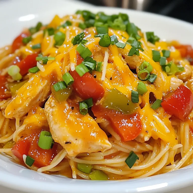 - 2 boneless, skinless chicken breasts - 8 ounces spaghetti - 1 tablespoon olive oil - 1 small onion, diced - 2 cloves garlic, minced - 1 bell pepper (red or green), diced - 1 can (14.5 ounces) diced tomatoes with green chilies - 1 tablespoon tomato paste - 1 teaspoon Cajun seasoning - ½ teaspoon smoked paprika - ½ teaspoon cayenne pepper (adjust to taste) - Salt and pepper to taste - 2 cups chicken broth - 1 cup shredded cheddar cheese - 2 green onions, sliced (for garnish) When I gather the ingredients for Spicy Southern Chicken Spaghetti, I feel like I’m preparing a warm hug for my taste buds. This dish is simple yet packed with flavor. The chicken is the heart of the meal. I prefer using boneless, skinless chicken breasts. They cook evenly and soak up the spices well. The spaghetti adds the perfect comfort base. I always choose a good-quality pasta for the best texture. In the veggies and seasonings, we have a mix of fresh flavors. The onion, garlic, and bell pepper create a savory base. The diced tomatoes with green chilies bring a pop of spice and acidity. Cajun seasoning, smoked paprika, and cayenne pepper are my go-to spices. They give the dish a real kick. I adjust the cayenne to match my heat level preference. Lastly, the chicken broth makes everything come together. It enhances the flavors and keeps the spaghetti moist. The cheese? It's the crown jewel! I love how it melts and adds creaminess. Topping the dish with green onions adds a fresh touch. With these ingredients, you’re ready for a delightful cooking adventure. Each bite will make you smile and feel at home. {{ingredient_image_1}} - Bring a pot of salted water to a boil. - Cook spaghetti according to package instructions. This usually takes about 8-10 minutes. You want it al dente, which means it should still have a little bite to it. Drain the pasta and set it aside for later. - Heat olive oil in a skillet over medium heat. - Season the chicken breasts with salt and pepper. - Add the chicken to the skillet and cook for 6-7 minutes on each side. You want a nice golden brown color. Make sure the chicken is fully cooked. After cooking, remove it from the skillet and let it rest for a few minutes. Then slice the chicken into strips. - In the same skillet, add the diced onion, minced garlic, and diced bell pepper. - Sauté these vegetables for about 5 minutes until they soften and smell great. - Next, stir in the diced tomatoes with green chilies, tomato paste, Cajun seasoning, smoked paprika, and cayenne pepper. - Mix everything well and let it cook for another 3 minutes. - Pour in the chicken broth and bring the mixture to a simmer. - Let it cook for about 5 minutes. This helps all the flavors mix together. - Add the cooked spaghetti and sliced chicken to the skillet. Toss everything so the pasta is well coated in the sauce. - Cook for an additional 2-3 minutes to heat it all through. - Finally, remove the skillet from heat and stir in half of the shredded cheddar cheese until it melts. - Top with the remaining cheese and let it sit covered for a couple of minutes. This makes the cheese all gooey and delicious! Enjoy your spicy Southern chicken spaghetti! To get perfectly cooked chicken, choose thin chicken breasts. This helps them cook evenly. Season with salt and pepper. Cook them in olive oil on medium heat for about 6-7 minutes per side. You want them golden brown and juicy. Let them rest before slicing to keep all the juices inside. For al dente pasta, boil a large pot of salted water. Add your spaghetti and cook it just until tender, usually around 8-10 minutes. Check the package for exact times. Make sure to taste it a minute or two before it's done. Drain the pasta but don’t rinse it. This keeps the starch that helps the sauce stick. To add depth to your dish, try extra spices. You can mix in dried oregano or thyme for a rich flavor. Fresh herbs like parsley or basil also work great. They add brightness and color. Adjust spice levels easily. If you want more heat, add more cayenne pepper. You can also use fresh jalapeños or hot sauce. For a milder dish, cut back on the cayenne and use less Cajun seasoning. Serving Spicy Southern Chicken Spaghetti with a fresh side salad is a great choice. A simple green salad with a tangy vinaigrette pairs well. Garlic bread also makes a nice side. When plating, use a large bowl or plate. Pile the chicken spaghetti high and sprinkle with sliced green onions. This adds color and a fresh taste. A sprinkle of extra cheese on top can make it even more appealing. Pro Tips Rest the Chicken: Allowing the chicken to rest after cooking helps retain its juices, resulting in a more tender and flavorful dish. Adjust Spice Levels: Feel free to modify the amount of cayenne pepper based on your heat preference. Start with less and add more if needed. Use Fresh Ingredients: Fresh vegetables and herbs will enhance the flavor of your dish significantly compared to canned or frozen options. Cheese Variations: Experiment with different types of cheese such as pepper jack or gouda for a unique twist on the classic flavor combination. {{image_2}} You can switch out the chicken for shrimp or sausage. Shrimp cooks fast and adds a nice taste. Sausage brings a hearty flavor and pairs well with the sauce. For a vegetarian option, try using chickpeas or tofu. Both options are rich in protein and will soak up all the flavors. If you need a gluten-free meal, use gluten-free spaghetti. Look for types made from rice or quinoa. These alternatives work well and keep the dish tasty. To maintain flavor, try adding more spices. You can also use a low-sodium broth to keep it rich without gluten. Do you want to change the spice level? You can add more cayenne pepper for heat. If you like it milder, reduce the amount of cayenne. Another method is to add a dollop of sour cream when serving. This will cool down the dish while keeping the flavors alive. To store leftover Spicy Southern Chicken Spaghetti, let it cool first. Place it in an airtight container. It stays fresh in the fridge for up to three days. Enjoy it again for lunch or dinner! If you want to keep it longer, freezing is a great option. Divide the spaghetti into portions and use freezer-safe bags or containers. Label them with the date. When ready to eat, thaw it overnight in the fridge. Reheat in the microwave or on the stove until hot. Always check for signs of spoilage. If you see mold or an off smell, toss it out. For the best storage, use glass or BPA-free plastic containers. These help keep your food safe and tasty. You can serve this dish with many tasty sides. Here are some great options: - Garlic bread: Perfect for soaking up the sauce. - Green salad: A fresh salad adds balance. - Coleslaw: The crunch pairs well with the pasta. These sides enhance your meal and make it more filling! Yes, you can make this dish ahead of time. Here are some tips: - Prep in advance: Cook the chicken and sauce a day before. - Store separately: Keep the pasta and sauce in different containers. - Reheat gently: Warm them on low heat to avoid drying out. This makes meal prep easy and tasty for busy days! If you want more heat, try these tips: - Add more cayenne: Increase the amount to your taste. - Use hot sauce: Stir in your favorite hot sauce for a kick. - Chili flakes: Sprinkle some red chili flakes on top when serving. These ideas help you enjoy the spice without losing flavor! Yes, this dish can be kid-friendly. Here’s how: - Mild the spice: Reduce cayenne and Cajun seasoning. - Add cheese: Kids love cheesy dishes, so use extra cheddar. - Serve with veggies: Include a side of veggies for balance. These changes make the dish enjoyable for everyone! This blog post covered a tasty recipe for Spicy Southern Chicken Spaghetti. We explored key ingredients like chicken, pasta, and spices, and shared steps for making the dish. You learned tips for cooking chicken and pasta perfectly and how to adjust flavors to your liking. Remember, you can swap proteins or even make it vegetarian. Whether you store leftovers or serve it fresh, you have options that suit your taste. This dish is sure to please everyone at the table! Enjoy making your spicy creation.