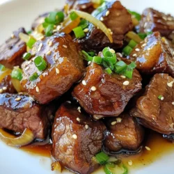 - 1 lb sirloin steak, cut into bite-sized pieces - Marinade ingredients: - 1/4 cup soy sauce - 1/4 cup honey - 2 tablespoons brown sugar - 3 cloves garlic, minced - 1 teaspoon ground ginger - 1/2 teaspoon black pepper - 1/4 teaspoon red pepper flakes (optional, for heat) - 1 tablespoon olive oil - Garnishes: - 2 green onions, sliced - Sesame seeds Gather fresh ingredients for the best flavor. Use sirloin steak for a tender bite. The marinade is key for taste. Mix soy sauce, honey, and brown sugar for a sweet base. Garlic and ginger add depth. Adjust red pepper flakes for desired heat. Garnishing with green onions and sesame seeds gives a nice touch. These add color and crunch. Keeping the ingredients simple helps highlight the steak's taste. Enjoy the blend of sweet and savory in every bite. {{ingredient_image_1}} First, we need to make the marinade. In a medium bowl, mix the following ingredients: - 1/4 cup soy sauce - 1/4 cup honey - 2 tablespoons brown sugar - 3 cloves garlic, minced - 1 teaspoon ground ginger - 1/2 teaspoon black pepper - 1/4 teaspoon red pepper flakes (optional, for heat) Stir them together until well combined. Then, add the steak bites to the bowl. Toss the bites well to coat them in the marinade. Cover the bowl and place it in the fridge. I recommend marinating for at least 30 minutes, but you can go up to 2 hours for a richer flavor. Next, heat a large skillet over medium-high heat. Add 1 tablespoon of olive oil to the pan. Once the oil is hot, remove the steak from the marinade. Set aside the marinade for later. Carefully add the steak bites to the skillet. Sear them for about 3 to 4 minutes on each side. This will give you a nice brown crust. Check the doneness by cutting a piece. If you like it medium, aim for a pink center. Now comes the fun part! Lower the heat to medium. Pour the reserved marinade over the cooked steak bites in the skillet. Let it boil for 2 to 3 minutes. This will thicken the marinade into a sticky glaze. Make sure to coat the steak well. The glaze should cling to each bite, making them extra tasty. Once thickened, remove the skillet from heat. Your sweet sticky steak bites are now ready to be served! To get the best texture, cook steak bites for about 3-4 minutes on each side. For larger pieces, add a minute or two. Always check for doneness. Use a meat thermometer if you have one. Aim for 130°F for medium-rare and 145°F for medium. Avoid overcooking by removing the steak from heat when it is slightly underdone. The glaze will continue to cook the meat. To amp up the flavor, try adding spices like smoked paprika or cumin. Both give a nice depth. You can also add fresh herbs like cilantro for a fresh twist. If you want more heat, increase the red pepper flakes. For a sweeter dish, add a touch more honey or brown sugar. When serving, arrange the steak bites on a large platter. This makes it look inviting. Drizzle some sticky glaze over the top for a glossy finish. For garnishing, sprinkle sliced green onions and sesame seeds. This adds color and crunch. You can also serve them with toothpicks for easy eating at gatherings. Pro Tips Marinate for Maximum Flavor: The longer you marinate the steak, the more flavor it will absorb. Aim for at least 30 minutes, but if you have the time, 2 hours is ideal. High Heat is Key: Searing the steak bites over high heat helps to lock in juices and creates a delicious caramelized crust. Reserve Some Marinade: Always reserve a portion of the marinade before adding it to the raw meat. This allows you to create a delicious sauce later without contamination. Garnish for Visual Appeal: Don’t skip the green onions and sesame seeds! They not only add flavor but also enhance the dish's presentation. {{image_2}} If you want to switch it up, consider using chicken or pork. Chicken thighs work well, giving juicy bites. Pork tenderloin is another great choice, bringing a slightly sweet flavor. For a vegetarian twist, try using firm tofu or tempeh. Cut them into small cubes and marinate just like the steak. Both options soak up the sauce well, making them delicious. You can change the taste with different sauces. For an Asian style, add sriracha for heat and lime juice for zing. This creates a fresh, bold flavor. If you prefer BBQ, swap the soy sauce for your favorite BBQ sauce. You can mix in some apple cider vinegar for a tangy kick. Each option gives a new twist to the dish. Making this dish fit your diet is easy. For gluten-free needs, use tamari instead of soy sauce. This keeps the same great taste without gluten. If you're watching your sugar, try reducing the honey. You can also use a sugar substitute for the brown sugar. These small changes keep the flavor while making it lighter. To keep your sweet sticky steak bites fresh, use airtight containers. Glass or plastic containers with tight lids work best. Make sure the steak bites cool down to room temperature before sealing them. This helps prevent condensation, which can make the meat soggy. Store the leftovers in the fridge for up to three days. If you want to keep them longer, freeze the steak bites. Place them in freezer-safe bags or containers. Be sure to remove as much air as possible to avoid freezer burn. When it's time to enjoy your steak bites again, the best method is to use a skillet. Heat a little olive oil over medium heat. Add the steak bites and cook for about three to four minutes. This helps maintain their juicy texture. You can also microwave them, but be careful. Use a microwave-safe dish and cover it with a lid. Heat in short bursts, checking often, to avoid drying them out. If you have some leftover marinade, drizzle it on the steak bites while reheating. This adds back some flavor and keeps them moist. You should marinate the steak bites for at least 30 minutes. For more flavor, I recommend up to 2 hours. This time lets the meat soak up the marinade. The soy sauce, honey, and spices work together to make the steak tender and tasty. If you marinate too long, the steak can become mushy. Yes, you can make the steak bites ahead of time. Cook them and let them cool. Store them in an airtight container in the fridge. You can easily reheat them in a skillet or microwave. If using a skillet, heat on medium until warm. Add a splash of water to keep them moist. This keeps the steak juicy and flavorful. Sweet sticky steak bites go well with many sides. Here are a few great options: - Steamed rice - Garlic mashed potatoes - Roasted vegetables - Fresh salad - Grilled corn on the cob These sides balance the sweet and sticky flavors of the steak. You can also add garnishes like sliced cucumbers or fresh herbs for a bright touch. This blog post covered how to make delicious sticky steak bites. We explored key ingredients, marinating techniques, and cooking steps. Remember to adjust the flavors to your liking and try different proteins. Don’t forget plating tips to make your dish look great. If you have leftovers, store them well and reheat properly to keep that tasty texture. Enjoy your cooking adventure, and have fun experimenting!