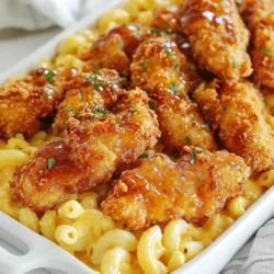 - 1 lb chicken tenderloins - 1 cup buttermilk - 1 cup all-purpose flour - 1 teaspoon garlic powder - 1 teaspoon onion powder - 1 teaspoon paprika - Salt and pepper to taste - Vegetable oil (for frying) - 1 cup elbow macaroni - 2 cups shredded sharp cheddar cheese - 1/2 cup milk - 2 tablespoons butter - 1 teaspoon Dijon mustard - 1/2 teaspoon black pepper - 1/4 teaspoon paprika (for the mac and cheese) - 1/2 cup hot honey (store-bought or homemade) To make hot honey at home, mix equal parts honey and your favorite hot sauce over low heat. This blend adds a sweet and spicy kick to the dish. Gathering these ingredients will set you up for success. The chicken will be crispy, the mac and cheese creamy, and the hot honey will bring it all together with flavor. Enjoy the cooking process! {{ingredient_image_1}} Start by soaking the chicken tenderloins in buttermilk. Use a bowl large enough to hold all the chicken. Let it sit for at least 30 minutes. This step helps make the chicken juicy and tender. If you have more time, marinate it overnight for the best results. Next, prepare the coating. In a shallow dish, mix together the flour, garlic powder, onion powder, paprika, salt, and pepper. Make sure it’s well combined. Heat about 1 inch of vegetable oil in a large skillet over medium-high heat until it reaches 350°F. Take the marinated chicken out of the buttermilk. Let the excess buttermilk drip off. Dredge each tender in the flour mixture, coating it fully. Carefully place the chicken in the hot oil. Fry in batches for about 4-5 minutes on each side. Look for a golden brown color. Once done, remove the chicken and drain it on paper towels. While the chicken fries, cook the mac and cheese. Boil salted water in a pot. Add the elbow macaroni and cook it according to the package instructions. Once done, drain the macaroni and set it aside. In the same pot, melt butter over medium heat. Stir in milk, Dijon mustard, black pepper, and paprika. Gradually add the shredded cheddar cheese. Stir until the cheese melts and becomes creamy. Finally, mix the cooked macaroni into the cheese sauce, ensuring it is well coated. Now you’re ready to serve the hot honey chicken tenders with mac and cheese! To get the best fried chicken, marinate your chicken in buttermilk. This step makes the chicken juicy and tender. I suggest soaking it for at least 30 minutes. If you have time, let it sit overnight. When you prepare the coating, mix flour with garlic powder, onion powder, and paprika. This mix adds great flavor. Remember to season with salt and pepper. Heat vegetable oil to 350°F (175°C) before frying. This temperature ensures a crispy crust. Fry the chicken in small batches. Overcrowding the pan can make it soggy. Cook each side for about 4-5 minutes until golden brown. Drain on paper towels to remove excess oil. For creamy mac and cheese, start with quality cheese. I love using sharp cheddar for its rich flavor. You can also mix in other cheeses for depth. Cook elbow macaroni until al dente, then drain it. In the same pot, melt butter and add milk, Dijon mustard, and spices. Stir in the cheese gradually. This helps it melt smoothly. Once the cheese is fully melted, mix in the macaroni. Make sure every piece is coated in that cheesy goodness. For extra creaminess, you can add more milk or cheese to your taste. Hot honey makes your chicken sing! You can buy it or make it at home. Mix equal parts honey and your favorite hot sauce in a pot. Heat it gently to combine the flavors. Adjust the heat level to your liking. If you want it sweeter, add more honey. For more heat, add a dash of hot sauce. Drizzle this sauce over your chicken just before serving. It adds a sweet and spicy kick that pairs perfectly with the crispy tenders. Pro Tips Marinate for Maximum Flavor: Allow the chicken to soak in buttermilk for at least 30 minutes, or up to overnight. This not only infuses flavor but also tenderizes the meat for a juicier result. Achieving the Perfect Crunch: Make sure your oil is at the right temperature (350°F) before adding the chicken. If the oil is too cool, the chicken will absorb more oil and become greasy instead of crispy. Customize Your Hot Honey: Adjust the heat level of your hot honey sauce by experimenting with different hot sauces or adding more honey to balance the spice. This allows you to cater to your taste preferences. Cheese Sauce Consistency: For a smoother cheese sauce, ensure to add the cheese gradually, stirring continuously. This prevents clumping and helps achieve a creamy texture perfect for your mac and cheese. {{image_2}} You can make this dish gluten-free easily. Use gluten-free flour for the coating. Many brands offer great options that work well. For the macaroni, look for gluten-free pasta made from rice or corn. You can find these in most grocery stores. Both swaps keep the tasty flavors while catering to those with gluten sensitivity. Hot honey brings a unique kick to the dish. You can adjust the heat level to match your taste. For a milder version, use less hot sauce in your honey mix. You can also combine honey with sweet chili sauce for a sweeter touch. Want more heat? Add extra hot sauce or try a spicy honey blend. This lets everyone enjoy the chicken just how they like it. Cheddar is classic for mac and cheese, but you can mix it up! Try gouda for a smoky flavor, or mozzarella for a stretchy, creamy bite. Parmesan adds a sharp salty kick. For something fun, mix in pepper jack for a spicy twist. Feel free to get creative with your cheese choices and find your perfect blend! To keep your Hot Honey Chicken Tenders and Mac and Cheese fresh, store them in airtight containers. Place the chicken tenders and mac and cheese in separate containers. This way, they stay crisp and creamy. You can keep leftovers in the fridge for up to three days. Make sure they cool down before sealing the containers. When you want to enjoy your leftovers, reheat them carefully. For the chicken tenders, use an oven. Preheat it to 375°F (190°C). Place the tenders on a baking sheet. Heat them for about 10-15 minutes or until they feel hot. For the mac and cheese, microwave it in a bowl. Add a splash of milk to keep it creamy. Heat in 30-second bursts, stirring in between, until warm. If you want to save your meal for later, you can freeze it. Wrap each chicken tender in plastic wrap. For the mac and cheese, use a freezer-safe container. Make sure to label each container with the date. You can freeze them for up to three months. When you're ready to eat, thaw them in the fridge overnight. Then follow the reheating tips to enjoy your dish again. Yes, you can use chicken breasts. Cut them into strips for even cooking. This option may take a bit longer to fry, about 6-7 minutes per side. Keep an eye on them to ensure they cook through. The flavor will still be great! If you don’t have buttermilk, you can make your own. Mix one cup of milk with one tablespoon of vinegar or lemon juice. Let it sit for about five minutes. This will give you a nice tangy flavor similar to buttermilk. You can store hot honey sauce in the fridge for up to two weeks. Keep it in a jar with a tight lid. If it thickens, warm it up slightly before using. This sauce adds a sweet kick to many dishes! In this post, we explored tasty chicken tenders, creamy mac and cheese, and hot honey sauce. You learned how to marinate chicken and fry it just right. We also shared secrets for making the best mac and cheese. Don’t forget the fun variations and storage tips to keep your meal fresh. Use these easy steps for quick, delicious meals anytime. Enjoy your cooking adventures and share your tasty results!