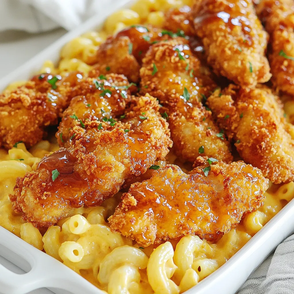 - 1 lb chicken tenderloins - 1 cup buttermilk - 1 cup all-purpose flour - 1 teaspoon garlic powder - 1 teaspoon onion powder - 1 teaspoon paprika - Salt and pepper to taste - Vegetable oil (for frying) - 1 cup elbow macaroni - 2 cups shredded sharp cheddar cheese - 1/2 cup milk - 2 tablespoons butter - 1 teaspoon Dijon mustard - 1/2 teaspoon black pepper - 1/4 teaspoon paprika (for the mac and cheese) - 1/2 cup hot honey (store-bought or homemade) To make hot honey at home, mix equal parts honey and your favorite hot sauce over low heat. This blend adds a sweet and spicy kick to the dish. Gathering these ingredients will set you up for success. The chicken will be crispy, the mac and cheese creamy, and the hot honey will bring it all together with flavor. Enjoy the cooking process! {{ingredient_image_1}} Start by soaking the chicken tenderloins in buttermilk. Use a bowl large enough to hold all the chicken. Let it sit for at least 30 minutes. This step helps make the chicken juicy and tender. If you have more time, marinate it overnight for the best results. Next, prepare the coating. In a shallow dish, mix together the flour, garlic powder, onion powder, paprika, salt, and pepper. Make sure it’s well combined. Heat about 1 inch of vegetable oil in a large skillet over medium-high heat until it reaches 350°F. Take the marinated chicken out of the buttermilk. Let the excess buttermilk drip off. Dredge each tender in the flour mixture, coating it fully. Carefully place the chicken in the hot oil. Fry in batches for about 4-5 minutes on each side. Look for a golden brown color. Once done, remove the chicken and drain it on paper towels. While the chicken fries, cook the mac and cheese. Boil salted water in a pot. Add the elbow macaroni and cook it according to the package instructions. Once done, drain the macaroni and set it aside. In the same pot, melt butter over medium heat. Stir in milk, Dijon mustard, black pepper, and paprika. Gradually add the shredded cheddar cheese. Stir until the cheese melts and becomes creamy. Finally, mix the cooked macaroni into the cheese sauce, ensuring it is well coated. Now you’re ready to serve the hot honey chicken tenders with mac and cheese! To get the best fried chicken, marinate your chicken in buttermilk. This step makes the chicken juicy and tender. I suggest soaking it for at least 30 minutes. If you have time, let it sit overnight. When you prepare the coating, mix flour with garlic powder, onion powder, and paprika. This mix adds great flavor. Remember to season with salt and pepper. Heat vegetable oil to 350°F (175°C) before frying. This temperature ensures a crispy crust. Fry the chicken in small batches. Overcrowding the pan can make it soggy. Cook each side for about 4-5 minutes until golden brown. Drain on paper towels to remove excess oil. For creamy mac and cheese, start with quality cheese. I love using sharp cheddar for its rich flavor. You can also mix in other cheeses for depth. Cook elbow macaroni until al dente, then drain it. In the same pot, melt butter and add milk, Dijon mustard, and spices. Stir in the cheese gradually. This helps it melt smoothly. Once the cheese is fully melted, mix in the macaroni. Make sure every piece is coated in that cheesy goodness. For extra creaminess, you can add more milk or cheese to your taste. Hot honey makes your chicken sing! You can buy it or make it at home. Mix equal parts honey and your favorite hot sauce in a pot. Heat it gently to combine the flavors. Adjust the heat level to your liking. If you want it sweeter, add more honey. For more heat, add a dash of hot sauce. Drizzle this sauce over your chicken just before serving. It adds a sweet and spicy kick that pairs perfectly with the crispy tenders. Pro Tips Marinate for Maximum Flavor: Allow the chicken to soak in buttermilk for at least 30 minutes, or up to overnight. This not only infuses flavor but also tenderizes the meat for a juicier result. Achieving the Perfect Crunch: Make sure your oil is at the right temperature (350°F) before adding the chicken. If the oil is too cool, the chicken will absorb more oil and become greasy instead of crispy. Customize Your Hot Honey: Adjust the heat level of your hot honey sauce by experimenting with different hot sauces or adding more honey to balance the spice. This allows you to cater to your taste preferences. Cheese Sauce Consistency: For a smoother cheese sauce, ensure to add the cheese gradually, stirring continuously. This prevents clumping and helps achieve a creamy texture perfect for your mac and cheese. {{image_2}} You can make this dish gluten-free easily. Use gluten-free flour for the coating. Many brands offer great options that work well. For the macaroni, look for gluten-free pasta made from rice or corn. You can find these in most grocery stores. Both swaps keep the tasty flavors while catering to those with gluten sensitivity. Hot honey brings a unique kick to the dish. You can adjust the heat level to match your taste. For a milder version, use less hot sauce in your honey mix. You can also combine honey with sweet chili sauce for a sweeter touch. Want more heat? Add extra hot sauce or try a spicy honey blend. This lets everyone enjoy the chicken just how they like it. Cheddar is classic for mac and cheese, but you can mix it up! Try gouda for a smoky flavor, or mozzarella for a stretchy, creamy bite. Parmesan adds a sharp salty kick. For something fun, mix in pepper jack for a spicy twist. Feel free to get creative with your cheese choices and find your perfect blend! To keep your Hot Honey Chicken Tenders and Mac and Cheese fresh, store them in airtight containers. Place the chicken tenders and mac and cheese in separate containers. This way, they stay crisp and creamy. You can keep leftovers in the fridge for up to three days. Make sure they cool down before sealing the containers. When you want to enjoy your leftovers, reheat them carefully. For the chicken tenders, use an oven. Preheat it to 375°F (190°C). Place the tenders on a baking sheet. Heat them for about 10-15 minutes or until they feel hot. For the mac and cheese, microwave it in a bowl. Add a splash of milk to keep it creamy. Heat in 30-second bursts, stirring in between, until warm. If you want to save your meal for later, you can freeze it. Wrap each chicken tender in plastic wrap. For the mac and cheese, use a freezer-safe container. Make sure to label each container with the date. You can freeze them for up to three months. When you're ready to eat, thaw them in the fridge overnight. Then follow the reheating tips to enjoy your dish again. Yes, you can use chicken breasts. Cut them into strips for even cooking. This option may take a bit longer to fry, about 6-7 minutes per side. Keep an eye on them to ensure they cook through. The flavor will still be great! If you don’t have buttermilk, you can make your own. Mix one cup of milk with one tablespoon of vinegar or lemon juice. Let it sit for about five minutes. This will give you a nice tangy flavor similar to buttermilk. You can store hot honey sauce in the fridge for up to two weeks. Keep it in a jar with a tight lid. If it thickens, warm it up slightly before using. This sauce adds a sweet kick to many dishes! In this post, we explored tasty chicken tenders, creamy mac and cheese, and hot honey sauce. You learned how to marinate chicken and fry it just right. We also shared secrets for making the best mac and cheese. Don’t forget the fun variations and storage tips to keep your meal fresh. Use these easy steps for quick, delicious meals anytime. Enjoy your cooking adventures and share your tasty results!