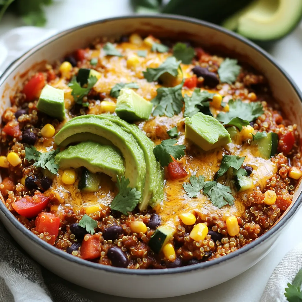 To make a Healthy Enchilada Skillet, you need key ingredients. Here’s what you will need: - 1 tablespoon olive oil - 1 medium onion, diced - 2 cloves garlic, minced - 1 red bell pepper, diced - 1 zucchini, diced - 1 cup corn (fresh, frozen, or canned) - 1 can (15 oz) black beans, rinsed and drained - 1 can (14 oz) diced tomatoes with green chilies - 2 cups cooked quinoa (or brown rice) - 1 tablespoon chili powder - 1 teaspoon cumin - 1/2 teaspoon smoked paprika - Salt and pepper to taste - 1 cup shredded low-fat cheese (cheddar or Mexican blend) - Fresh cilantro, for garnish - Avocado slices, for serving These ingredients come together to create a colorful and tasty dish. The beans and quinoa add protein, while the veggies boost nutrition. You can enhance your dish with a few optional ingredients. Here are some ideas: - Jalapeños for heat - Lime juice for zest - Sour cream for creaminess - Additional spices like oregano or cayenne Adding these ingredients gives you a chance to personalize your skillet. You can adjust the flavors to fit your taste. Having pantry staples makes cooking easy. Here are some essentials to keep on hand: - Olive oil - Canned tomatoes - Dried spices like chili powder and cumin - Canned beans - Quinoa or brown rice These staples help you whip up meals quickly. With these ingredients ready, you can make a Healthy Enchilada Skillet any time. {{ingredient_image_1}} 1. Gather all your ingredients. You need olive oil, onion, garlic, bell pepper, zucchini, corn, black beans, diced tomatoes, quinoa, and spices. 2. Dice the onion and bell pepper. Mince the garlic. Cut the zucchini into small cubes. 3. If using fresh corn, cut it off the cob. Rinse the black beans and drain them well. 1. Heat one tablespoon of olive oil in a large skillet over medium heat. 2. Add the diced onion. Sauté for about 3-4 minutes until it turns soft and clear. 3. Next, add the minced garlic. Cook it for another minute until it smells good. 4. Toss in the diced red bell pepper and zucchini. Cook these for 4-5 minutes until they start to soften. 5. Add corn, black beans, diced tomatoes, cooked quinoa, and spices. Stir well to mix everything together. 6. Season with salt and pepper. Bring the mixture to a simmer. Let it cook for 5-10 minutes, stirring often. 7. Once heated, sprinkle one cup of shredded cheese on top. Cover the skillet and cook for 2-3 minutes to melt the cheese. 1. Remove the skillet from heat. Garnish with fresh cilantro for a pop of color and flavor. 2. Serve hot, with avocado slices on the side for extra creaminess. Enjoy your tasty and healthy meal! You can change this dish to fit your taste. Try adding more veggies like spinach or mushrooms. If you love spice, toss in some jalapeños. For a zesty kick, squeeze fresh lime juice on top. You can also swap quinoa for brown rice or whole wheat pasta. This makes the meal fit your needs. To boost flavors, always sauté onions and garlic first. This step makes the dish fragrant and rich. Cook the veggies until they are tender but still bright. This keeps them colorful and tasty. Stir often for even cooking. Simmering the mix allows all the flavors to blend well. Don’t forget to season as you go! Prep all your ingredients before cooking. This helps you move fast in the kitchen. Use pre-cooked quinoa or canned beans to save time. You can also chop veggies the night before. If you have leftovers, store them in the fridge. Reheat quickly for a fast meal another day. This dish is great for meal prep! Pro Tips Fresh Ingredients: Using fresh vegetables will enhance the flavor and nutritional value of your enchilada skillet. Customize Your Heat: Adjust the amount of chili powder and diced tomatoes with green chilies to control the spiciness of the dish. Meal Prep Friendly: This dish can be made ahead of time and stored in the fridge for up to 3 days, making it perfect for meal prep. Cheese Alternatives: For a lighter option, try using a sprinkle of nutritional yeast instead of cheese for a similar cheesy flavor. {{image_2}} This Healthy Enchilada Skillet can easily cater to vegetarians and vegans. To make it vegan, skip the cheese or use a plant-based cheese. You can also add more veggies like spinach or mushrooms. These additions boost nutrition and flavor. If you want a richer taste, consider adding nutritional yeast for a cheesy flavor without dairy. If you want to add protein, try cooked chicken, turkey, or shrimp. Shredded rotisserie chicken works great for a quick meal. For a vegetarian protein boost, add more black beans or chickpeas. You could also toss in cooked lentils for a hearty texture. These changes keep the dish filling and satisfying. This recipe is already gluten-free if you use gluten-free grains. Quinoa is a great choice, but you can also use brown rice or cauliflower rice. Just make sure your canned goods, like beans and tomatoes, are labeled gluten-free. This way, everyone can enjoy this healthy dish without worry. After you enjoy your Healthy Enchilada Skillet, store leftovers in an airtight container. This will keep the dish fresh. Place it in the fridge. It should stay good for about 3 to 4 days. If you plan to eat it later, do not add avocado slices until you serve. To reheat, use a skillet on low heat. Add a splash of water or broth to keep it moist. Stir often to ensure even heating. You can also use the microwave. Place the dish in a microwave-safe bowl. Heat it for 1-2 minutes. Stir halfway through to get it hot. If you want to freeze your skillet dish, let it cool first. Then, transfer it to a freezer-safe container. Be sure to leave some space for expansion. This dish can last up to 2-3 months in the freezer. When ready to eat, thaw it in the fridge overnight before reheating. Yes, you can use different beans. Try pinto beans or kidney beans. Each adds its own flavor and texture. You may even mix several types together. This keeps the dish exciting and tasty. To add spice, use more chili powder or add jalapeños. You could also sprinkle in red pepper flakes. If you want, try a hot salsa instead of diced tomatoes. Taste as you go to find the right heat for you. I love serving this dish with avocado slices. Fresh cilantro adds a nice touch, too. You can pair it with a side salad or tortilla chips. For a more filling meal, serve it over rice or quinoa. Yes, you can make it ahead. Cook the skillet dish and let it cool. Store it in the fridge for up to three days. When ready to eat, just reheat it on the stove or in the microwave. This makes meal prep easy and quick. This blog post covered how to make a healthy enchilada skillet with easy steps. We looked at key ingredients, cooking methods, and tips for saving time. I shared variations for different diets and how to store leftovers. In the end, you can enjoy this dish in many ways. Experiment with flavors to make it your own. Cooking should be fun and tasty. Enjoy your skillet creation!