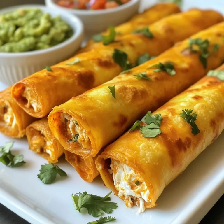 To make tasty Cream Cheese Chicken Taquitos, you need these key items: - 2 cups shredded cooked chicken - 8 ounces cream cheese, softened - 1 cup shredded cheddar cheese - 1 teaspoon garlic powder - 1 teaspoon onion powder - 1 teaspoon cumin - Salt and pepper to taste - 10 small corn tortillas - Olive oil for brushing You can add fun flavors with these optional items: - Fresh cilantro for garnish - Salsa for dipping - Guacamole for a creamy touch Having the right tools makes cooking easier. Here’s what I suggest: - A large mixing bowl for combining ingredients - A skillet for warming tortillas - A baking sheet lined with parchment paper - A pastry brush for olive oil - A spoon for filling tortillas {{ingredient_image_1}} First, you need to get everything ready. Preheat your oven to 400°F (200°C). Line a baking sheet with parchment paper. In a large bowl, mix 2 cups of shredded cooked chicken. Add 8 ounces of softened cream cheese and 1 cup of shredded cheddar cheese. Then, sprinkle in 1 teaspoon each of garlic powder, onion powder, and cumin. Season with salt and pepper to taste. Stir well until the mixture is smooth and creamy. Next, warm 10 small corn tortillas in a dry skillet. Heat them for about 20 seconds on each side. This makes them soft and easy to roll. Take a tortilla and spoon about 2 tablespoons of the chicken mixture onto the bottom third. Roll it up tightly, starting from the bottom. Place the rolled taquito seam-side down on the baking sheet. Repeat until all tortillas are filled and rolled. Brush the tops lightly with olive oil for a nice golden color. Now, it's time to bake! Place the baking sheet in your preheated oven. Bake for 15 to 20 minutes. Watch them closely until they are crispy and golden brown. Once done, take them out and let them cool for a few minutes. Garnish with fresh cilantro for a pop of color before serving. Enjoy your taquitos with salsa or guacamole on the side! To make your taquitos crispy, start by warming the corn tortillas. Heat them in a dry skillet for 20 seconds on each side. This step makes the tortillas flexible and prevents tearing. Brush the tops lightly with olive oil before baking. This oil helps them achieve that golden color and crunch we all love. Bake at 400°F for 15-20 minutes. Watch them closely to avoid burning. You can easily boost the flavor of your taquitos. Try adding diced jalapeños for some heat. You can also mix in black beans for extra texture and protein. A squeeze of lime juice adds freshness and zest. If you love herbs, add chopped cilantro or green onions to the chicken mixture. These enhancements give your taquitos a unique twist that will impress your guests. For serving, arrange your taquitos on a large platter. Garnish with fresh cilantro for a pop of color. Place small bowls of salsa and guacamole around the platter. This setup invites everyone to dig in. For a fun touch, add toothpicks to each taquito for easy picking. Enjoy these snacks warm for the best flavor and texture. Pro Tips Use Fresh Ingredients: For the best flavor, use fresh cilantro and high-quality cheeses. Fresh ingredients elevate the overall taste of your taquitos. Customize Your Fillings: Feel free to add other ingredients like black beans, corn, or jalapeños to the chicken mixture for added texture and flavor. Keep Tortillas Warm: If you're making a large batch, keep the tortillas warm in a clean kitchen towel while you prepare the filling and roll the taquitos. Perfectly Crispy Taquitos: Make sure to brush the taquitos evenly with olive oil to achieve a perfectly crispy texture as they bake. {{image_2}} You can easily make vegetarian taquitos. Swap out chicken for black beans or lentils. Add some sautéed bell peppers and corn for texture. Mixing in fresh spinach or kale adds nutrients and flavor. Use the same cream cheese to keep that creamy texture. These options are delicious and filling. Cheese plays a big role in flavor. While cheddar is a classic, you can try different cheeses. Cream cheese pairs well with mozzarella for a stretchy texture. For a sharper taste, use pepper jack cheese. If you like a tangy flavor, try goat cheese. Feel free to mix several types for a unique taste. Add some heat to your taquitos! Chopped jalapeños or diced green chilies can spice things up. You can also mix in a dash of hot sauce for extra kick. If you love bold flavors, consider adding taco seasoning or smoked paprika. These additions make your taquitos even more exciting and tasty. After enjoying your taquitos, let them cool completely. Place them in an airtight container. You can keep them in the fridge for up to three days. Make sure to separate layers with parchment paper to prevent sticking. To reheat, preheat your oven to 350°F (175°C). Place the taquitos on a baking sheet. Bake for about 10-15 minutes until they are hot and crispy again. You can also use an air fryer for a quicker option. Heat them for about 5-7 minutes for a crunchy finish. To freeze taquitos, first let them cool completely. Arrange them on a baking sheet in a single layer. Freeze for about one hour, then transfer them to a freezer bag. Label the bag with the date. You can freeze them for up to three months. When ready to eat, bake them straight from the freezer. Just add a few extra minutes to the baking time. Yes, you can! Try shredded beef or pork. You can also use turkey. Just make sure the meat is cooked and shredded. This way, it mixes well with the cream cheese and spices. Each meat gives a unique taste. So, feel free to explore what you like best! To make taquitos gluten-free, use corn tortillas. They are often gluten-free. Check the label to be sure. Avoid using flour tortillas, as they contain gluten. If you want a crunchy texture, try baking them longer. Gluten-free taquitos can be just as tasty! Warm tortillas in a dry skillet. Heat them on medium for 20 seconds on each side. This makes them soft and easy to roll. You can also wrap them in a damp paper towel. Microwave them for about 30 seconds. Both methods work great for keeping tortillas pliable! Making taquitos is fun and easy. We covered essential and optional ingredients, tools, and step-by-step instructions. I shared tips for crispy taquitos and tasty variations. Remember, you can make these your own with different fillings or sides. Store leftovers properly and reheat them for a quick snack. Taquitos bring joy to meals and gatherings. Enjoy trying out these recipes and make them your own!