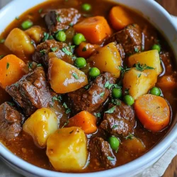 - 2 lbs beef chuck, cut into 1-inch cubes - 4 medium carrots, sliced - 3 medium potatoes, diced - 1 large onion, chopped - 3 cloves garlic, minced - 4 cups beef broth - 1 tablespoon tomato paste - 2 teaspoons dried thyme - 1 teaspoon dried rosemary - 1 bay leaf - Salt and pepper to taste - 2 tablespoons olive oil - 1 cup frozen peas When making this beef stew, fresh ingredients make a big difference. The beef chuck is tender and rich. It breaks down well during slow cooking. Carrots bring sweetness and color. Potatoes add heartiness and help thicken the stew. The onion and garlic provide a strong base flavor. For the broth, I like to use beef broth. It gives depth to the stew. The tomato paste adds a hint of acidity, balancing the flavors. Thyme and rosemary add wonderful earthiness. Salt and pepper brighten the dish. You can add olive oil when browning the beef. It helps seal in juices and adds flavor. The frozen peas are a nice touch added at the end. They brighten the plate and add a pop of color. Gather these ingredients before you start. It makes cooking easier and more fun! {{ingredient_image_1}} - Heat olive oil in a skillet. - Brown the beef cubes until they seal in juices, about 5-7 minutes per batch. Browning the beef is key. This step adds flavor and color to your stew. You want to do this in batches. If you crowd the pan, the beef will steam instead of brown. Once browned, transfer the beef to the crockpot. - Sauté onions and garlic until soft, about 3 minutes. - Add sliced carrots and diced potatoes to the crockpot. Next, use the same skillet. Sautéing the onions and garlic in the beef drippings enhances their flavor. Once they are soft, add them to the crockpot. Then, toss in the sliced carrots and diced potatoes. These veggies soak up the stew's rich taste. - Mix beef broth, tomato paste, thyme, rosemary, bay leaf, salt, and pepper in a bowl. - Pour this mix over the ingredients in the crockpot. Now, in a bowl, mix the beef broth with the tomato paste and seasonings. This blend adds depth to your stew. Pour it over the beef and veggies in the crockpot, making sure everything is covered. - Cover and cook on low for 8 hours or high for 4 hours. - Add frozen peas about 30 minutes before serving. Cover the crockpot and set it to low for 8 hours or high for 4 hours. Cooking low and slow helps the beef become tender. Lastly, add the frozen peas just before serving for a pop of color and freshness. Enjoy your hearty meal! For great stew, cook it low and slow. Aim for 8 hours on low or 4 hours on high. This brings out the beef's rich taste. Adjust seasonings to your liking. Taste the stew before serving. If it needs more flavor, add a pinch of salt or pepper. Fresh herbs can also enhance the taste. The best slow cooker for beef stew should have a good temperature range. Look for one that can cook evenly. A 6-quart size is ideal for this recipe. You also need a large skillet to brown the beef. A good cutting board and sharp knife make chopping veggies easy. Serve your stew in deep bowls. This keeps it hot and makes it look nice. Garnish with fresh parsley for color. It adds a touch of freshness. Pair the stew with crusty bread. This makes a complete meal. Enjoy every warm bite! Pro Tips Brown the Meat for Flavor: Searing the beef in batches before adding it to the crockpot enhances the stew's flavor by creating a rich, caramelized crust. Use Fresh Herbs: For a brighter, more aromatic flavor, consider using fresh thyme and rosemary instead of dried. Add a Splash of Wine: A splash of red wine added to the broth will deepen the flavor profile and add complexity to the stew. Thickening the Stew: If you prefer a thicker stew, mix a tablespoon of cornstarch with cold water and stir it in about 30 minutes before serving. {{image_2}} You can easily change the protein in your beef stew. If you want a lighter meal, try chicken or turkey. Use boneless, skinless pieces for best results. Cook them in the same way as beef. The stew will taste great with these options. For a vegetarian twist, use hearty veggies and beans. You can add mushrooms, lentils, or chickpeas. These will give the stew a nice texture and taste. You can even use a vegetable broth for the base. Adding a splash of red wine gives your stew more depth. Choose a dry red wine. It adds a rich flavor that pairs well with beef. Just pour it in with the broth and let it cook. You can also play with herbs and spices. Try adding smoked paprika for a smoky taste. Fresh herbs like parsley and basil can brighten the dish. Experiment and find your favorite mix! Seasonal veggies can make your stew even better. In fall, add butternut squash or parsnips. In spring, try green beans or asparagus. Fresh ingredients make the dish vibrant. If you need a gluten-free option, use gluten-free broth. You can also skip the flour if you thicken your stew with cornstarch. Always check labels to ensure the other ingredients are gluten-free. This way, everyone can enjoy your stew! To keep your beef stew fresh, store it in an airtight container. Make sure it cools to room temperature before sealing. This helps prevent moisture buildup, which can lead to spoilage. Cooked beef stew lasts about 3 to 4 days in the fridge. Always check for any off smells or changes in color before eating. To freeze beef stew, use a freezer-safe container. Leave some space at the top, as liquids expand when frozen. Beef stew can last up to 3 months in the freezer. When you're ready to eat, thaw it in the fridge overnight. For quick reheating, you can use the microwave. When reheating on the stove, add a splash of broth for moisture. For meal prep, divide the stew into single-serving containers. This makes it easy to grab a quick meal. A serving size is about 1 to 1.5 cups. This way, you can enjoy the stew over several days without losing its flavor or texture. Beef stew lasts about 3 to 4 days in the fridge. To keep it fresh, store it in an airtight container. Make sure to let it cool before sealing it up. This helps avoid extra moisture buildup. If you want to save it longer, consider freezing it. It can last up to 3 months in the freezer. Yes, you can cook beef stew on high. It will take about 4 hours instead of 8. However, cooking on low gives better flavor and texture. The beef becomes very tender when cooked slowly. High heat may not let the flavors blend as well. To thicken your beef stew, you can use cornstarch or flour. Mix 1 tablespoon of cornstarch with 2 tablespoons of cold water. Stir this mix into the stew about 30 minutes before it finishes cooking. If using flour, mix it in with the broth before adding it to the stew. Both methods work well to create a rich, thick sauce. Adjust the thickness to your liking by adding more or less. This beef stew guide covers essential ingredients, cooking steps, and helpful tips. I shared ways to adjust flavors and variations like using chicken or different vegetables. Remember, the key to a great stew lies in the details, from browning the meat to choosing the right spices. With this foundation, you can make your beef stew unique and tasty. Enjoy cooking and creating lasting memories around your table.