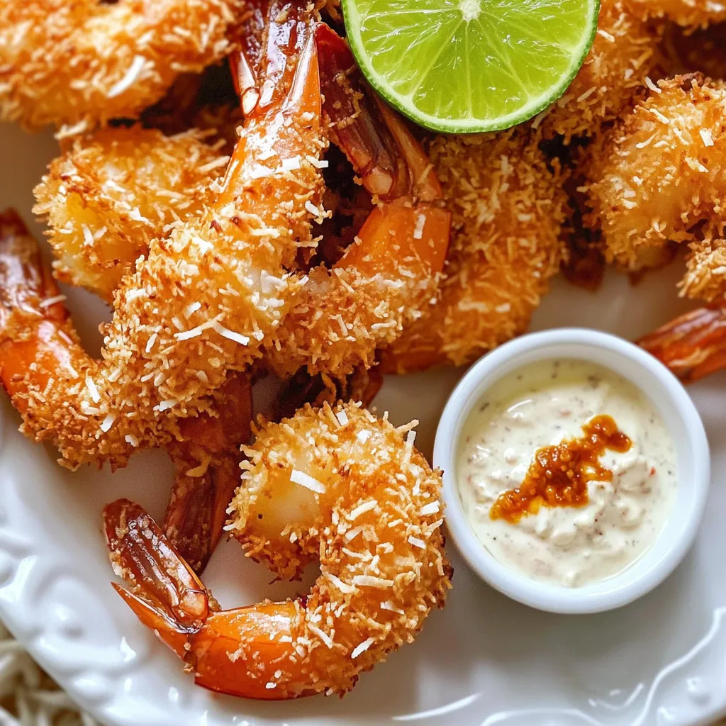 To make the best coconut shrimp, you need a few key items: - 1 pound large shrimp, peeled and deveined - 1 cup shredded coconut (unsweetened) - 1/2 cup panko breadcrumbs - 1/2 cup all-purpose flour - 2 large eggs - 1 teaspoon garlic powder - 1 teaspoon paprika - 1/2 teaspoon salt - 1/2 teaspoon black pepper These ingredients give your shrimp a crispy and flavorful coating. The shrimp should be fresh and firm for the best taste. The chili dip is a great match for the shrimp. You will need: - 1/2 cup mayonnaise - 2 tablespoons sweet chili sauce - 1 teaspoon lime juice - 1 teaspoon sriracha sauce (adjust to taste) This dip adds a sweet and spicy kick. You can change the amount of sriracha if you like it hotter or milder. You will also need cooking spray to prevent sticking. You might consider adding extra spices to the flour mix, like cayenne pepper or onion powder. This can add more flavor to your shrimp. Start by patting the shrimp dry with paper towels. This step is key. Dry shrimp help the coating stick better. Use large shrimp for more bite and flavor. Peel and devein them if not done. This makes them easier to eat and more fun too! You need three bowls for dredging. In the first bowl, mix all-purpose flour, garlic powder, paprika, salt, and black pepper. This will be your dry mix. The second bowl holds two beaten eggs. This will help the coating stick. In the third bowl, combine shredded coconut and panko breadcrumbs. This mixture gives your shrimp a crunchy texture. First, preheat your air fryer to 400°F (200°C) for about 5 minutes. While it heats, coat the air fryer basket with cooking spray. This keeps the shrimp from sticking. Place the shrimp in a single layer. Make sure they don’t touch. Lightly spray the tops with more cooking spray. Cook the shrimp for 8-10 minutes. Flip them halfway through for even cooking. They should turn golden brown and crispy. Check that the internal temperature is 120°F (49°C) to ensure they are cooked. Enjoy your shrimp with the chili dip! To get that perfect crunch, start with dry shrimp. Pat them with paper towels before coating. This helps the coating stick well. Use unsweetened shredded coconut for a nice balance of flavor. Panko breadcrumbs add extra crunch. Don’t skip them! Press the coconut-panko mixture firmly onto the shrimp. This makes the coating stick better during cooking. Cook the shrimp at 400°F (200°C) for 8-10 minutes. Flip them halfway through for even cooking. Check the internal temperature; it should reach 120°F (49°C) for safety. Each air fryer is different, so keep an eye on them. If your shrimp are larger, they may need a bit more time. Always make sure they are golden brown and crispy. If you have leftover shrimp, store them in an airtight container. They can last up to two days in the fridge. Reheat them in the air fryer for a few minutes to regain crispiness. For the chili dip, keep it in the fridge as well. It can last about a week, but make sure to stir it well before serving again. {{image_2}} You can switch up the coating for your coconut shrimp. Here are a few ideas: - Almonds: Use crushed almonds instead of panko for a nutty crunch. - Cornflakes: Crushed cornflakes add a crisp texture and a fun twist. - Spices: Add more spices like cayenne or cumin for extra flavor. Feel free to mix and match these options. Your coconut shrimp can be unique every time! The chili dip is tasty, but you can try other sauces too. Here are some great choices: - Mango Salsa: Fresh mango salsa gives a sweet and fruity touch. - Honey Mustard: A mix of honey and mustard offers a nice balance of sweet and tangy. - Tartar Sauce: This classic sauce pairs well and adds a creamy element. Experiment with these sauces to find your favorite pairing! Want more heat? Adjust the spice in your chili dip. Here are some simple tweaks: - More Sriracha: Add extra sriracha for a stronger kick. - Red Pepper Flakes: Stir in red pepper flakes for a spicy crunch. - Jalapeños: Chopped fresh jalapeños can enhance the heat. Make your chili dip as spicy as you like! Coconut shrimp shines best with light and fresh sides. Here are some ideas: - Tropical Fruit Salad: Mix pineapple, mango, and kiwi for a sweet and tangy bite. - Coleslaw: A crunchy slaw with cabbage and carrots adds a nice contrast. - Coconut Rice: Cook rice with coconut milk for a creamy, dreamy flavor. - Grilled Veggies: Zucchini, bell peppers, and asparagus bring color and taste. These sides enhance the shrimp's flavor while adding balance to your meal. Make your dish pop with these simple plating tips: - Use a White Plate: A white plate makes the golden shrimp stand out. - Garnish with Lime Wedges: A few lime wedges add a fresh touch and color. - Drizzle the Chili Dip: Show off the dip by drizzling it on the plate. - Add Fresh Herbs: Sprinkle cilantro or parsley for a vibrant finish. A beautiful plate makes the meal even more enjoyable. Pair your meal with these refreshing drinks: - Crisp White Wine: A chilled Sauvignon Blanc complements the shrimp well. - Sparkling Water: Add a slice of lime for a refreshing non-alcoholic option. - Tropical Smoothie: Blend mango, banana, and coconut for a fruity treat. - Light Beer: A pale lager or wheat beer balances the flavors nicely. These drinks will enhance your dining experience and keep things fun! You can tell shrimp are done when they turn pink and opaque. The shrimp should also feel firm to the touch. Use a food thermometer to check if the internal temperature reaches 120°F (49°C). This ensures they are cooked through and safe to eat. If they look golden brown and crispy, that's a great sign too! Yes, you can use frozen shrimp. Just remember to thaw them first. Place them in the fridge overnight or run them under cold water for a quick thaw. Pat them dry before coating. This helps the coating stick better during cooking. Frozen shrimp can still taste great in this dish! If you don't have panko breadcrumbs, you can use regular breadcrumbs. You can also crush crackers or cornflakes for a crunchy coating. Another option is to use ground almonds or coconut flour for a gluten-free version. Each of these will still give your shrimp a nice crunch! In this blog post, we explored the ingredients and methods for making delicious coconut shrimp with a chili dip. We focused on choosing the right shrimp, setting up dredging stations, and cooking them perfectly in the air fryer. Remember to adjust your spices and explore serving options to make it your own. With the right tips and tricks, you can enjoy a tasty meal. So, gather your ingredients and start cooking up these flavorful bites today! Your next meal adventure awaits!