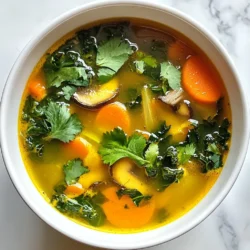 - 4 cups water - 1 tablespoon olive oil - 2 garlic cloves, minced - 1 small onion, chopped - 1 teaspoon grated fresh ginger - 1 tablespoon turmeric powder - 1 cup chopped kale or spinach - 1 medium carrot, sliced - 1 cup sliced mushrooms (shiitake or button) - 2 tablespoons tamari or soy sauce (low sodium) - Fresh herbs for garnish (cilantro or parsley) - Salt and pepper to taste - Water: Helps hydrate and forms the base of the broth. - Olive Oil: Adds healthy fats and helps with nutrient absorption. - Garlic: Boosts immunity and adds rich flavor. - Onion: Contains antioxidants and enhances taste. - Ginger: Fights inflammation and also warms the body. - Turmeric: Known for its anti-inflammatory properties and vibrant color. - Kale or Spinach: Packed with vitamins and minerals for overall health. - Carrot: Provides sweetness and is rich in beta-carotene. - Mushrooms: Offer umami flavor and support immune health. - Tamari or Soy Sauce: Adds depth and savory notes while keeping sodium low. - Fresh Herbs: Enhance flavor and provide fresh nutrients. - Salt and Pepper: Essential for balancing all the flavors. - Water: Use vegetable or chicken broth for extra flavor. - Olive Oil: Can be replaced with coconut oil for a different taste. - Garlic: Garlic powder can work in a pinch. - Onion: Shallots or leeks can add a unique flavor. - Ginger: Ground ginger is a good alternative if fresh is not available. - Turmeric: Curry powder can substitute but will change the flavor. - Kale or Spinach: Swiss chard or collard greens can be used instead. - Carrot: Parsnip or sweet potato can be a nice twist. - Mushrooms: Zucchini or green beans can replace mushrooms. - Tamari or Soy Sauce: Coconut aminos offer a soy-free option. - Herbs: Basil or dill can add a different flavor profile. - Salt and Pepper: Season to taste with any preferred spices. {{ingredient_image_1}} To make this immune broth, gather all your ingredients first. You will need: - 4 cups water - 1 tablespoon olive oil - 2 garlic cloves, minced - 1 small onion, chopped - 1 teaspoon grated fresh ginger - 1 tablespoon turmeric powder - 1 cup chopped kale or spinach - 1 medium carrot, sliced - 1 cup sliced mushrooms (shiitake or button) - 2 tablespoons tamari or soy sauce (low sodium) - Fresh herbs for garnish (cilantro or parsley) - Salt and pepper to taste This simple setup makes cooking quick and easy. 1. Heat the Oil: In a large pot, heat the olive oil over medium heat. 2. Sauté Aromatics: Add the minced garlic and chopped onion. Cook for 2-3 minutes until fragrant and the onion turns clear. 3. Add More Flavor: Stir in the grated ginger and turmeric powder. Cook for one more minute to meld the flavors. 4. Boil the Water: Pour in the water and bring it to a gentle boil. 5. Add Veggies: Toss in the sliced carrots and mushrooms. Cook for about 3 minutes until they soften. 6. Finish with Greens: Incorporate the chopped kale (or spinach) and tamari or soy sauce. Let it simmer for another 2-3 minutes. 7. Season: Add salt and pepper to taste. Adjust based on your preference. 8. Cool and Serve: Remove from heat and let the broth cool for a minute. Serve hot and garnish with fresh herbs. You can enjoy this broth on its own. It also pairs well with noodles or rice. For added nutrition, consider adding cooked chicken or tofu. This broth is a great way to warm up and boost your immune system. To make your broth even tastier, add extra herbs. Fresh herbs like cilantro or parsley can brighten it up. You can also try adding a splash of lemon juice for a zesty kick. For more depth, consider using a dash of chili flakes. They add warmth without overpowering the dish. Sautéing is key for flavor. Heat your olive oil before adding garlic and onion. This helps release their natural oils. Stir the mixture often to avoid burning. When the onion turns clear, you know it's ready for the next step. Adding ginger and turmeric at this stage boosts the broth's aroma. If your broth tastes bland, add more tamari or a pinch of salt. A hint of sweetness can help too. If it’s too salty, add more water or veggies. To fix a too-thick broth, simply stir in some extra water. Always taste as you go to ensure it meets your liking. Pro Tips Use Fresh Ingredients: Always opt for fresh garlic, ginger, and greens to maximize the flavor and health benefits of your broth. Customize Your Veggies: Feel free to add other vegetables like bell peppers or broccoli for extra nutrients and variety. Enhance the Flavor: A splash of lemon juice or a sprinkle of chili flakes can add a delightful zing to your broth. Store for Later: This broth can be stored in the fridge for up to 3 days or frozen for later use, making it a great meal prep option. {{image_2}} If you want a vegetarian or vegan broth, you can easily modify this recipe. Use vegetable broth instead of water. This change gives you a rich taste without meat. You can also skip the tamari or soy sauce if you want a gluten-free version. The flavors will still shine with the garlic, onion, and herbs. To boost the nutrition, add beans or lentils. These ingredients add protein and fiber. You can also toss in some cooked quinoa for a hearty touch. Another great option is adding nutritional yeast. It gives a cheesy flavor and packs in more vitamins. Feel free to mix in some seaweed for added minerals. If you like spice, add red pepper flakes or a dash of hot sauce. This gives your broth a nice kick. For a herbaceous flavor, include fresh herbs like thyme or rosemary while cooking. These herbs mix well with garlic and onion, creating a lovely aroma. You can also try a squeeze of lemon juice for brightness. It adds a fresh twist to the broth. You can store leftover broth in the fridge. Use an airtight container. It will stay fresh for up to 3 days. Make sure it cools down before sealing. Label the container with the date. This helps you know when to use it. Freezing is a great way to keep your broth longer. Pour the cooled broth into freezer-safe bags or containers. Leave some space at the top, as the broth will expand when frozen. It can last for up to 3 months in the freezer. When you want some, just thaw it in the fridge overnight. To reheat, pour the broth into a pot over medium heat. Stir it often to warm it evenly. If it's too thick, add a splash of water. You can also use the microwave. Heat it in a safe bowl for 1-2 minutes. Stir halfway through for best results. Enjoy your warm broth! Immune broth offers many health benefits. First, garlic boosts your immune system. It fights germs and helps you stay well. Ginger adds warmth and can reduce inflammation. Turmeric is a strong spice that can help your body heal. Kale or spinach brings vitamins A, C, and K, which are great for your health. Carrots provide beta-carotene, which supports your vision and skin. Mushrooms add nutrients and may help your body fight off illness. Overall, this broth can help you feel better and stay healthy. Yes, you can! If you do not have garlic, try using onion powder instead. You can skip the mushrooms if you dislike them. Use any leafy green you have on hand, like Swiss chard. If you don't have tamari or soy sauce, try coconut aminos for a different flavor. The broth still works without some ingredients, but the taste may change. Feel free to experiment to find what you like best! You can enjoy immune broth as often as you like. Drinking it several times a week is great for your health. If you feel under the weather, have it daily to help your body fight off sickness. You can drink it as a warm snack or use it as a base for soups. It's a simple and tasty way to boost your immune system! This blog outlined key ingredients for making Immune Broth and their benefits. I shared tips for preparation, cooking, and serving. You learned variations and how to store leftovers effectively. Incorporating this broth into your meals will boost nutrition and flavor. Experiment with substitutions and adjustments to fit your taste. Enjoy the health benefits and ease of making your broth at home!