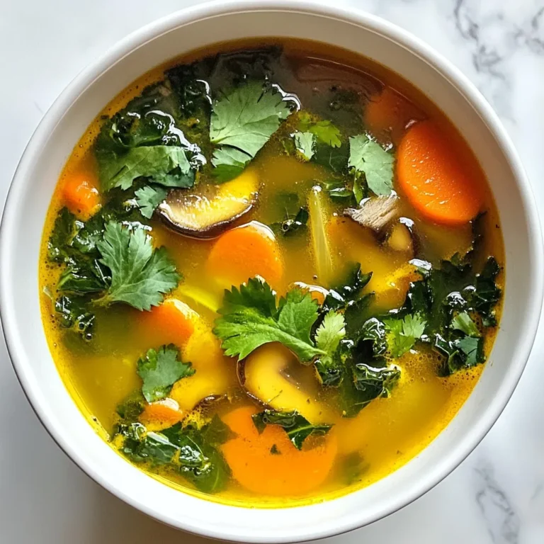 - 4 cups water - 1 tablespoon olive oil - 2 garlic cloves, minced - 1 small onion, chopped - 1 teaspoon grated fresh ginger - 1 tablespoon turmeric powder - 1 cup chopped kale or spinach - 1 medium carrot, sliced - 1 cup sliced mushrooms (shiitake or button) - 2 tablespoons tamari or soy sauce (low sodium) - Fresh herbs for garnish (cilantro or parsley) - Salt and pepper to taste - Water: Helps hydrate and forms the base of the broth. - Olive Oil: Adds healthy fats and helps with nutrient absorption. - Garlic: Boosts immunity and adds rich flavor. - Onion: Contains antioxidants and enhances taste. - Ginger: Fights inflammation and also warms the body. - Turmeric: Known for its anti-inflammatory properties and vibrant color. - Kale or Spinach: Packed with vitamins and minerals for overall health. - Carrot: Provides sweetness and is rich in beta-carotene. - Mushrooms: Offer umami flavor and support immune health. - Tamari or Soy Sauce: Adds depth and savory notes while keeping sodium low. - Fresh Herbs: Enhance flavor and provide fresh nutrients. - Salt and Pepper: Essential for balancing all the flavors. - Water: Use vegetable or chicken broth for extra flavor. - Olive Oil: Can be replaced with coconut oil for a different taste. - Garlic: Garlic powder can work in a pinch. - Onion: Shallots or leeks can add a unique flavor. - Ginger: Ground ginger is a good alternative if fresh is not available. - Turmeric: Curry powder can substitute but will change the flavor. - Kale or Spinach: Swiss chard or collard greens can be used instead. - Carrot: Parsnip or sweet potato can be a nice twist. - Mushrooms: Zucchini or green beans can replace mushrooms. - Tamari or Soy Sauce: Coconut aminos offer a soy-free option. - Herbs: Basil or dill can add a different flavor profile. - Salt and Pepper: Season to taste with any preferred spices. {{ingredient_image_1}} To make this immune broth, gather all your ingredients first. You will need: - 4 cups water - 1 tablespoon olive oil - 2 garlic cloves, minced - 1 small onion, chopped - 1 teaspoon grated fresh ginger - 1 tablespoon turmeric powder - 1 cup chopped kale or spinach - 1 medium carrot, sliced - 1 cup sliced mushrooms (shiitake or button) - 2 tablespoons tamari or soy sauce (low sodium) - Fresh herbs for garnish (cilantro or parsley) - Salt and pepper to taste This simple setup makes cooking quick and easy. 1. Heat the Oil: In a large pot, heat the olive oil over medium heat. 2. Sauté Aromatics: Add the minced garlic and chopped onion. Cook for 2-3 minutes until fragrant and the onion turns clear. 3. Add More Flavor: Stir in the grated ginger and turmeric powder. Cook for one more minute to meld the flavors. 4. Boil the Water: Pour in the water and bring it to a gentle boil. 5. Add Veggies: Toss in the sliced carrots and mushrooms. Cook for about 3 minutes until they soften. 6. Finish with Greens: Incorporate the chopped kale (or spinach) and tamari or soy sauce. Let it simmer for another 2-3 minutes. 7. Season: Add salt and pepper to taste. Adjust based on your preference. 8. Cool and Serve: Remove from heat and let the broth cool for a minute. Serve hot and garnish with fresh herbs. You can enjoy this broth on its own. It also pairs well with noodles or rice. For added nutrition, consider adding cooked chicken or tofu. This broth is a great way to warm up and boost your immune system. To make your broth even tastier, add extra herbs. Fresh herbs like cilantro or parsley can brighten it up. You can also try adding a splash of lemon juice for a zesty kick. For more depth, consider using a dash of chili flakes. They add warmth without overpowering the dish. Sautéing is key for flavor. Heat your olive oil before adding garlic and onion. This helps release their natural oils. Stir the mixture often to avoid burning. When the onion turns clear, you know it's ready for the next step. Adding ginger and turmeric at this stage boosts the broth's aroma. If your broth tastes bland, add more tamari or a pinch of salt. A hint of sweetness can help too. If it’s too salty, add more water or veggies. To fix a too-thick broth, simply stir in some extra water. Always taste as you go to ensure it meets your liking. Pro Tips Use Fresh Ingredients: Always opt for fresh garlic, ginger, and greens to maximize the flavor and health benefits of your broth. Customize Your Veggies: Feel free to add other vegetables like bell peppers or broccoli for extra nutrients and variety. Enhance the Flavor: A splash of lemon juice or a sprinkle of chili flakes can add a delightful zing to your broth. Store for Later: This broth can be stored in the fridge for up to 3 days or frozen for later use, making it a great meal prep option. {{image_2}} If you want a vegetarian or vegan broth, you can easily modify this recipe. Use vegetable broth instead of water. This change gives you a rich taste without meat. You can also skip the tamari or soy sauce if you want a gluten-free version. The flavors will still shine with the garlic, onion, and herbs. To boost the nutrition, add beans or lentils. These ingredients add protein and fiber. You can also toss in some cooked quinoa for a hearty touch. Another great option is adding nutritional yeast. It gives a cheesy flavor and packs in more vitamins. Feel free to mix in some seaweed for added minerals. If you like spice, add red pepper flakes or a dash of hot sauce. This gives your broth a nice kick. For a herbaceous flavor, include fresh herbs like thyme or rosemary while cooking. These herbs mix well with garlic and onion, creating a lovely aroma. You can also try a squeeze of lemon juice for brightness. It adds a fresh twist to the broth. You can store leftover broth in the fridge. Use an airtight container. It will stay fresh for up to 3 days. Make sure it cools down before sealing. Label the container with the date. This helps you know when to use it. Freezing is a great way to keep your broth longer. Pour the cooled broth into freezer-safe bags or containers. Leave some space at the top, as the broth will expand when frozen. It can last for up to 3 months in the freezer. When you want some, just thaw it in the fridge overnight. To reheat, pour the broth into a pot over medium heat. Stir it often to warm it evenly. If it's too thick, add a splash of water. You can also use the microwave. Heat it in a safe bowl for 1-2 minutes. Stir halfway through for best results. Enjoy your warm broth! Immune broth offers many health benefits. First, garlic boosts your immune system. It fights germs and helps you stay well. Ginger adds warmth and can reduce inflammation. Turmeric is a strong spice that can help your body heal. Kale or spinach brings vitamins A, C, and K, which are great for your health. Carrots provide beta-carotene, which supports your vision and skin. Mushrooms add nutrients and may help your body fight off illness. Overall, this broth can help you feel better and stay healthy. Yes, you can! If you do not have garlic, try using onion powder instead. You can skip the mushrooms if you dislike them. Use any leafy green you have on hand, like Swiss chard. If you don't have tamari or soy sauce, try coconut aminos for a different flavor. The broth still works without some ingredients, but the taste may change. Feel free to experiment to find what you like best! You can enjoy immune broth as often as you like. Drinking it several times a week is great for your health. If you feel under the weather, have it daily to help your body fight off sickness. You can drink it as a warm snack or use it as a base for soups. It's a simple and tasty way to boost your immune system! This blog outlined key ingredients for making Immune Broth and their benefits. I shared tips for preparation, cooking, and serving. You learned variations and how to store leftovers effectively. Incorporating this broth into your meals will boost nutrition and flavor. Experiment with substitutions and adjustments to fit your taste. Enjoy the health benefits and ease of making your broth at home!