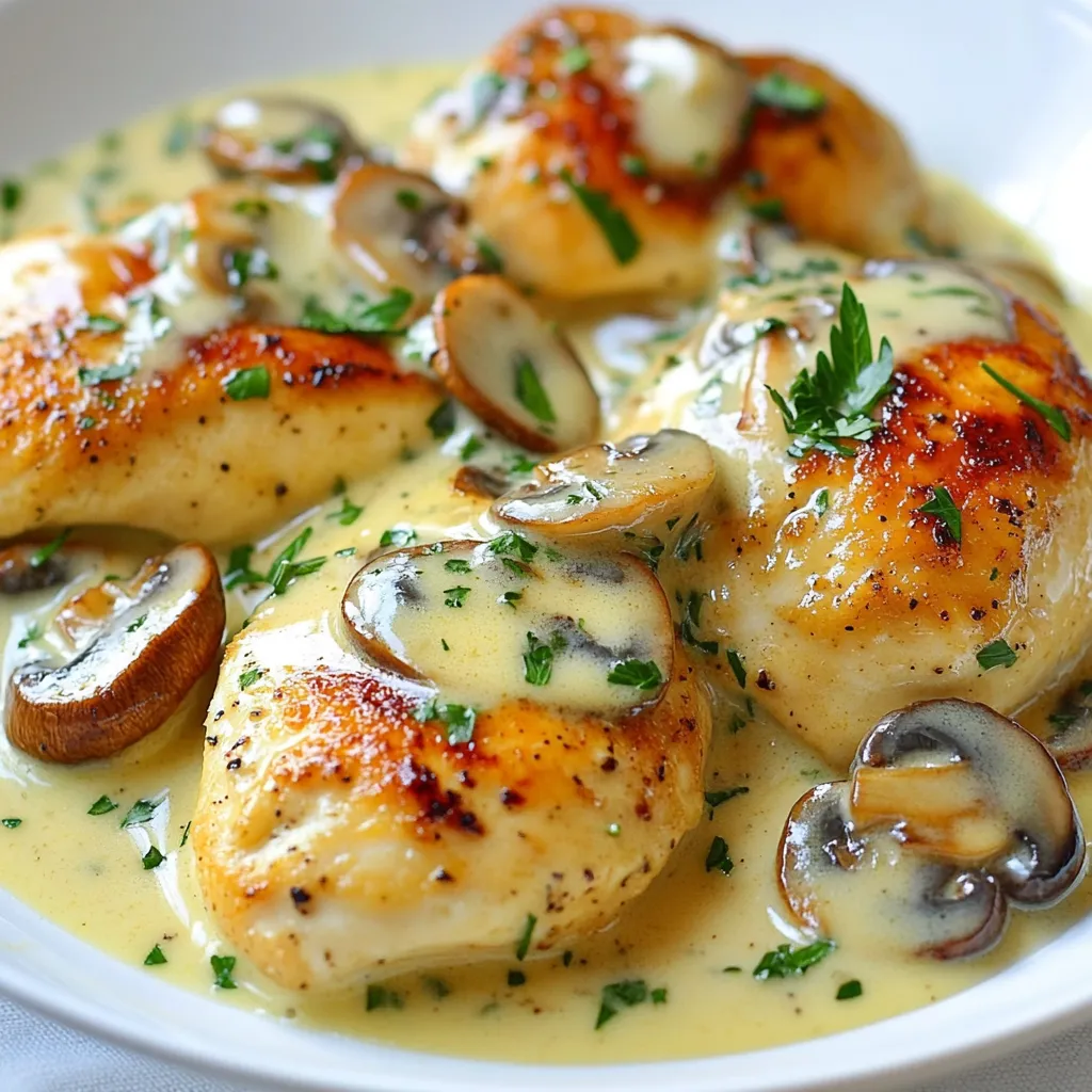 - 4 boneless, skinless chicken breasts - Salt and pepper to taste - 8 ounces mushrooms, sliced (cremini or button) - 3 cloves garlic, minced - 1 cup heavy cream - 1/2 cup chicken broth - 1 teaspoon dried thyme - 1 teaspoon dried parsley - 1 tablespoon olive oil - 1 tablespoon butter - Fresh parsley for garnish When you make Skillet Chicken Mushroom Cream Sauce, you need simple, fresh ingredients. This dish features tender chicken and rich mushroom sauce, perfect for a weeknight meal. First, choose your chicken. Boneless, skinless breasts work best. They cook evenly and stay juicy. Don't forget the salt and pepper. These basic seasonings bring out the chicken's natural flavor. Next, you’ll want mushrooms. Cremini or button mushrooms are great choices. They add a nice earthiness to the sauce. Fresh garlic is a must for a burst of flavor. For the creamy sauce, grab some heavy cream. It makes the dish rich and smooth. Chicken broth adds depth and balances the creaminess. Dried thyme and parsley give the sauce a hint of herbal freshness. These simple herbs make a big impact. Lastly, you need olive oil and butter for cooking. They help the chicken brown nicely and add flavor. Fresh parsley is perfect for garnishing. It adds color and a fresh taste. Gather these ingredients, and you’re ready to create a tasty meal. {{ingredient_image_1}} - Heat 1 tablespoon of olive oil in a large skillet over medium heat. - Season 4 boneless, skinless chicken breasts with salt and pepper on both sides. - Place the chicken in the skillet. Cook for 6-7 minutes on each side. - Look for a golden brown color and ensure they are cooked through. - Remove the chicken from the skillet and set it aside. - In the same skillet, melt 1 tablespoon of butter. - Add 8 ounces of sliced mushrooms. Sauté for about 5 minutes. - Stir occasionally until the mushrooms are tender and have released their moisture. - Add 3 cloves of minced garlic and sauté for an extra minute. - Pour in 1/2 cup of chicken broth. Scrape any brown bits from the skillet. - Let the mixture simmer for 2-3 minutes for added flavor. - Reduce the heat to low. Slowly stir in 1 cup of heavy cream, 1 teaspoon of dried thyme, and 1 teaspoon of dried parsley. - Let the sauce simmer for 3-5 minutes. It should thicken slightly. - Taste and adjust with more salt and pepper if needed. - Return the cooked chicken to the skillet. - Spoon some of the mushroom cream sauce over the chicken. - Let it simmer for an additional 2 minutes to heat through. - Serve the chicken drizzled with the sauce, garnished with fresh parsley. This method keeps your meal quick and tasty, perfect for a cozy dinner! To ensure your chicken cooks evenly, use a meat thermometer. The chicken should reach 165°F. This keeps it juicy and safe to eat. Cook on medium heat for about 6-7 minutes on each side. This will give you a nice, golden crust. For flavor, I recommend cremini or button mushrooms. They add a rich taste to the sauce. Clean the mushrooms with a damp cloth, not water. This keeps them from getting soggy. Slice them evenly for even cooking. The sauce should be creamy, not too thick. To achieve this, stir in the cream slowly. Let it simmer gently. This helps the sauce thicken just right. If it's too thick, add a splash of chicken broth. Adjust the seasoning to your liking. Taste as you cook. Add salt and pepper until it suits your palate. Fresh herbs can also brighten the flavor. Garnish your dish with fresh parsley. It adds color and freshness. Simply chop it finely and sprinkle on top. For sides, try serving with rice or pasta. These absorb the sauce well. Steamed veggies or a salad also pair nicely. They add a healthy crunch to your meal. Pro Tips Use Fresh Herbs: Fresh thyme and parsley can elevate the flavor profile of your mushroom cream sauce. Add them at the end of cooking for the best taste. Perfectly Cooked Chicken: To ensure your chicken is juicy, use a meat thermometer. The internal temperature should reach 165°F (75°C). Deglaze for Flavor: Don't skip scraping the bottom of the skillet after adding chicken broth. This captures the tasty browned bits, enhancing the sauce's flavor. Customize Your Mushrooms: Experiment with different types of mushrooms like shiitake or portobello for a unique twist on the sauce. {{image_2}} You can change the cream to make it lighter. Use light cream for fewer calories. Sour cream adds a tangy taste. For a rich flavor, blend in cheese, like Parmesan or cream cheese. This makes the sauce creamy and delicious. Chicken breasts are great, but thighs add more flavor. You can also use other cuts, like drumsticks or wings. If you want a vegetarian option, try mushrooms or tofu. Both options work well with the sauce. Herbs and spices can change the taste a lot. Add rosemary or basil for a fresh twist. You can also toss in veggies like spinach or bell peppers. They boost nutrition and taste great in the sauce. To store leftovers, let the chicken cool down first. Place it in an airtight container. This helps keep the chicken fresh. You can store it in the fridge for up to three days. Make sure to eat it within that time. When you reheat, keep the flavor intact. You can use a microwave or stovetop. For the microwave, heat it in short bursts. Check it often to avoid drying out. For stovetop, add a splash of broth. Heat it on low until warm. Stir occasionally to keep it juicy. Yes, you can freeze Skillet Chicken Mushroom Cream Sauce! First, let it cool completely. Then, use a freezer-safe container. Leave some space at the top for expansion. It can last in the freezer for up to three months. When ready to eat, thaw it in the fridge overnight before reheating. It takes about 10 minutes to prep and 20 minutes to cook. The total time is 30 minutes. This quick meal is perfect for busy nights when you want something tasty. Yes, you can use frozen chicken. Just make sure to cook it longer. Start at a low heat to thaw it safely. After that, raise the heat to cook it through. Always check the chicken's internal temperature. It should reach 165°F (75°C) for safety. Pair this dish with simple sides like: - Mashed potatoes - Rice - Steamed vegetables - Fresh salad These sides complement the creamy sauce well and make the meal more filling. Yes, you can make this recipe gluten-free. Use gluten-free chicken broth. For a dairy-free version, swap heavy cream with coconut cream or cashew cream. Both options will keep the sauce rich and tasty. This recipe for Skillet Chicken Mushroom Cream Sauce combines simple ingredients and easy steps. You season chicken breasts and cook them until golden. Then, you make a rich mushroom cream sauce with garlic and herbs. Remember, you can adjust flavors and sauces to suit your taste. This dish is versatile and perfect for various diets. You can even store leftovers for later enjoyment. Enjoy creating this meal, and share your results!