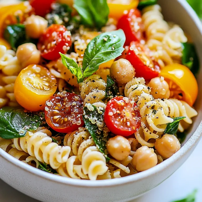 - 1 cup whole grain pasta - 1 cup cooked quinoa - 1 cup cherry tomatoes, halved - 1 cup fresh spinach, chopped - 1/2 cup canned chickpeas, rinsed and drained - 2 tablespoons olive oil - 1 tablespoon lemon juice - 1 teaspoon garlic powder - Salt and pepper to taste - Fresh basil leaves for garnish These ingredients create a healthy, tasty meal that packs a protein punch. Whole grain pasta gives you fiber and energy. Quinoa adds even more protein and a nutty flavor. Fresh veggies like tomatoes and spinach make it colorful and nutritious. Chickpeas bring in more plant-based protein. - 1/4 cup feta cheese, crumbled Feta cheese adds a creamy texture and a tangy taste. You can skip it if you want a dairy-free dish. - Large pot for boiling pasta - Mixing bowl for combining ingredients - Colander for draining pasta - Spoon for mixing - Knife and cutting board for chopping veggies Having these tools ready makes cooking easy and fast. You can whip up this Minute Protein Pasta Bowl in no time! {{ingredient_image_1}} First, bring a pot of salted water to a boil. Add 1 cup of whole grain pasta. Cook it according to the package instructions. You want the pasta to be al dente, which means it should have a little bite to it. This usually takes about 8 to 10 minutes. After cooking, drain the pasta and set it aside. In a large mixing bowl, combine 1 cup of cooked quinoa, 1 cup of halved cherry tomatoes, 1 cup of chopped fresh spinach, and 1/2 cup of rinsed canned chickpeas. The quinoa adds great protein and texture. Stir everything gently to mix the ingredients well. Now, add the cooked pasta to the bowl with the quinoa mixture. Drizzle 2 tablespoons of olive oil and 1 tablespoon of lemon juice over the top. Sprinkle with 1 teaspoon of garlic powder, and add salt and pepper to taste. Toss everything together until it is well combined. If you want to add flavor, gently fold in 1/4 cup of crumbled feta cheese. Serve right away with fresh basil leaves for a colorful touch. To cook pasta just right, start with a big pot of water. Add salt to the boiling water. This helps flavor the pasta. Cook the whole grain pasta until it is al dente, which means firm but not hard. Stir the pasta often to prevent it from sticking. Always check the package for cooking time. Once done, drain the pasta quickly. Rinse it with cold water to stop the cooking process. This step keeps it from getting mushy. Seasonings make your pasta bowl pop with taste. Use garlic powder to add a savory kick. Olive oil and lemon juice bring richness and brightness. Don’t forget salt and pepper to balance the flavors. If you want more zest, try adding fresh herbs like basil or parsley. You can also mix in a pinch of chili flakes for heat. If you choose feta cheese, it gives a nice salty crunch. Experiment with your favorite spices to find what you love. Meal prep makes weeknight dinners easy. To adjust this recipe, cook a larger batch of pasta and quinoa. Keep them separate until you’re ready to eat. This way, the pasta stays fresh and avoids becoming soggy. You can store the veggies in airtight containers. When you're ready to eat, mix them up and add the seasonings. This method saves time and keeps flavors bright. You can also divide the pasta bowl into portions for quick meals. Pro Tips Cook Pasta Al Dente: Ensure your pasta is cooked al dente to maintain its texture and prevent it from becoming mushy in the salad. Customize Your Veggies: Feel free to swap out or add different vegetables based on what you have on hand or your personal preferences. Chill Before Serving: For a refreshing twist, let the pasta bowl chill in the refrigerator for 30 minutes before serving. Use Fresh Herbs: Fresh basil not only adds color but also elevates the flavor; consider adding other herbs like parsley or oregano for variety. {{image_2}} You can easily make this dish vegetarian or vegan. To keep it vegetarian, just skip the feta. You can add more veggies like bell peppers or zucchini. For a vegan twist, replace feta with avocado or a vegan cheese. This way, you keep the creaminess without any dairy. If you need a gluten-free meal, use gluten-free pasta. Many brands offer tasty options made from rice or lentils. Quinoa is already gluten-free, so you’re in luck there. Just make sure to check the labels on your pasta for gluten content. You can change the flavor profile easily. Try adding olives for a briny taste or capers for more zing. You could also swap chickpeas for black beans or lentils. For more crunch, toss in some roasted nuts or seeds. The key is to mix and match to find what you love best! To keep your Minute Protein Pasta Bowl fresh, put leftovers in an airtight container. Make sure to cool it down first. Store it in the fridge. It will stay good for 3 to 4 days. When you're ready to eat the pasta bowl again, take it out of the fridge. You can reheat it in the microwave or on the stove. If using a microwave, heat it for 1 to 2 minutes. Stir halfway through to warm it evenly. If using the stove, add a splash of water to prevent sticking. Heat over medium until warm. If you want to keep it longer, you can freeze the pasta bowl. Use a freezer-safe container. It can last up to 2 months in the freezer. When you’re ready to eat, thaw it in the fridge overnight. You can then reheat it as mentioned above. Freezing may change the texture slightly, but the taste stays delicious. You can add grilled chicken or shrimp for even more protein. Tofu or tempeh also works well. You can mix in nuts like almonds or walnuts too. Each of these options boosts the protein level. They also add unique flavors and textures. Absolutely! You can swap in your favorite veggies. Bell peppers, zucchini, or broccoli are great choices. You can also use frozen vegetables for convenience. Just make sure to cook them until they are tender. This keeps them tasty and colorful in your dish. Yes, this recipe is perfect for meal prep. You can make it ahead and store it in containers. Keep it in the fridge for up to four days. Just reheat when you are ready to eat. This makes busy days easier while keeping meals healthy. You learned how to make a tasty Minute Protein Pasta Bowl using key ingredients, simple steps, and helpful tips. You can mix, match, and customize this dish to fit your tastes. Storage tips help keep leftovers fresh and ready. Whether for meal prep or a quick dinner, this bowl is a great choice. Enjoy experimenting with flavors and making it your own. Now, it’s time to cook and have fun!