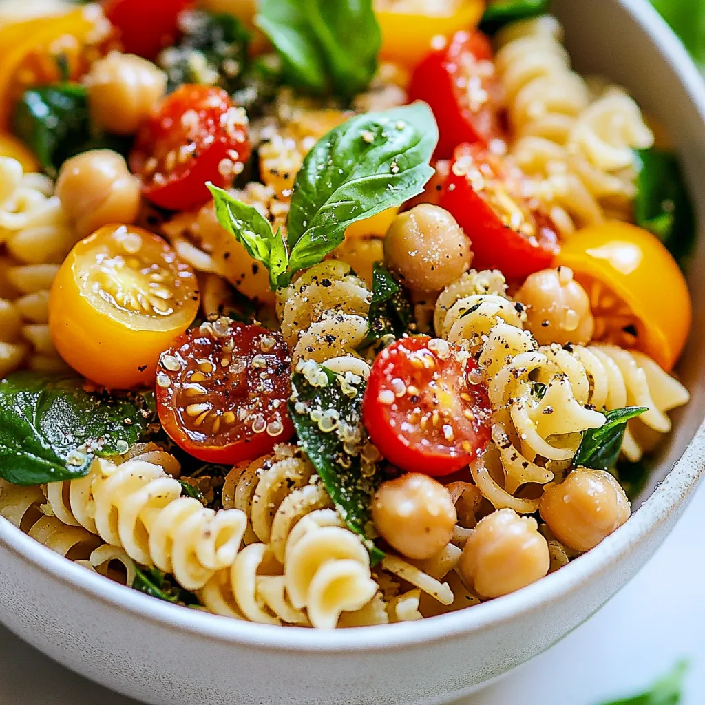 - 1 cup whole grain pasta - 1 cup cooked quinoa - 1 cup cherry tomatoes, halved - 1 cup fresh spinach, chopped - 1/2 cup canned chickpeas, rinsed and drained - 2 tablespoons olive oil - 1 tablespoon lemon juice - 1 teaspoon garlic powder - Salt and pepper to taste - Fresh basil leaves for garnish These ingredients create a healthy, tasty meal that packs a protein punch. Whole grain pasta gives you fiber and energy. Quinoa adds even more protein and a nutty flavor. Fresh veggies like tomatoes and spinach make it colorful and nutritious. Chickpeas bring in more plant-based protein. - 1/4 cup feta cheese, crumbled Feta cheese adds a creamy texture and a tangy taste. You can skip it if you want a dairy-free dish. - Large pot for boiling pasta - Mixing bowl for combining ingredients - Colander for draining pasta - Spoon for mixing - Knife and cutting board for chopping veggies Having these tools ready makes cooking easy and fast. You can whip up this Minute Protein Pasta Bowl in no time! {{ingredient_image_1}} First, bring a pot of salted water to a boil. Add 1 cup of whole grain pasta. Cook it according to the package instructions. You want the pasta to be al dente, which means it should have a little bite to it. This usually takes about 8 to 10 minutes. After cooking, drain the pasta and set it aside. In a large mixing bowl, combine 1 cup of cooked quinoa, 1 cup of halved cherry tomatoes, 1 cup of chopped fresh spinach, and 1/2 cup of rinsed canned chickpeas. The quinoa adds great protein and texture. Stir everything gently to mix the ingredients well. Now, add the cooked pasta to the bowl with the quinoa mixture. Drizzle 2 tablespoons of olive oil and 1 tablespoon of lemon juice over the top. Sprinkle with 1 teaspoon of garlic powder, and add salt and pepper to taste. Toss everything together until it is well combined. If you want to add flavor, gently fold in 1/4 cup of crumbled feta cheese. Serve right away with fresh basil leaves for a colorful touch. To cook pasta just right, start with a big pot of water. Add salt to the boiling water. This helps flavor the pasta. Cook the whole grain pasta until it is al dente, which means firm but not hard. Stir the pasta often to prevent it from sticking. Always check the package for cooking time. Once done, drain the pasta quickly. Rinse it with cold water to stop the cooking process. This step keeps it from getting mushy. Seasonings make your pasta bowl pop with taste. Use garlic powder to add a savory kick. Olive oil and lemon juice bring richness and brightness. Don’t forget salt and pepper to balance the flavors. If you want more zest, try adding fresh herbs like basil or parsley. You can also mix in a pinch of chili flakes for heat. If you choose feta cheese, it gives a nice salty crunch. Experiment with your favorite spices to find what you love. Meal prep makes weeknight dinners easy. To adjust this recipe, cook a larger batch of pasta and quinoa. Keep them separate until you’re ready to eat. This way, the pasta stays fresh and avoids becoming soggy. You can store the veggies in airtight containers. When you're ready to eat, mix them up and add the seasonings. This method saves time and keeps flavors bright. You can also divide the pasta bowl into portions for quick meals. Pro Tips Cook Pasta Al Dente: Ensure your pasta is cooked al dente to maintain its texture and prevent it from becoming mushy in the salad. Customize Your Veggies: Feel free to swap out or add different vegetables based on what you have on hand or your personal preferences. Chill Before Serving: For a refreshing twist, let the pasta bowl chill in the refrigerator for 30 minutes before serving. Use Fresh Herbs: Fresh basil not only adds color but also elevates the flavor; consider adding other herbs like parsley or oregano for variety. {{image_2}} You can easily make this dish vegetarian or vegan. To keep it vegetarian, just skip the feta. You can add more veggies like bell peppers or zucchini. For a vegan twist, replace feta with avocado or a vegan cheese. This way, you keep the creaminess without any dairy. If you need a gluten-free meal, use gluten-free pasta. Many brands offer tasty options made from rice or lentils. Quinoa is already gluten-free, so you’re in luck there. Just make sure to check the labels on your pasta for gluten content. You can change the flavor profile easily. Try adding olives for a briny taste or capers for more zing. You could also swap chickpeas for black beans or lentils. For more crunch, toss in some roasted nuts or seeds. The key is to mix and match to find what you love best! To keep your Minute Protein Pasta Bowl fresh, put leftovers in an airtight container. Make sure to cool it down first. Store it in the fridge. It will stay good for 3 to 4 days. When you're ready to eat the pasta bowl again, take it out of the fridge. You can reheat it in the microwave or on the stove. If using a microwave, heat it for 1 to 2 minutes. Stir halfway through to warm it evenly. If using the stove, add a splash of water to prevent sticking. Heat over medium until warm. If you want to keep it longer, you can freeze the pasta bowl. Use a freezer-safe container. It can last up to 2 months in the freezer. When you’re ready to eat, thaw it in the fridge overnight. You can then reheat it as mentioned above. Freezing may change the texture slightly, but the taste stays delicious. You can add grilled chicken or shrimp for even more protein. Tofu or tempeh also works well. You can mix in nuts like almonds or walnuts too. Each of these options boosts the protein level. They also add unique flavors and textures. Absolutely! You can swap in your favorite veggies. Bell peppers, zucchini, or broccoli are great choices. You can also use frozen vegetables for convenience. Just make sure to cook them until they are tender. This keeps them tasty and colorful in your dish. Yes, this recipe is perfect for meal prep. You can make it ahead and store it in containers. Keep it in the fridge for up to four days. Just reheat when you are ready to eat. This makes busy days easier while keeping meals healthy. You learned how to make a tasty Minute Protein Pasta Bowl using key ingredients, simple steps, and helpful tips. You can mix, match, and customize this dish to fit your tastes. Storage tips help keep leftovers fresh and ready. Whether for meal prep or a quick dinner, this bowl is a great choice. Enjoy experimenting with flavors and making it your own. Now, it’s time to cook and have fun!