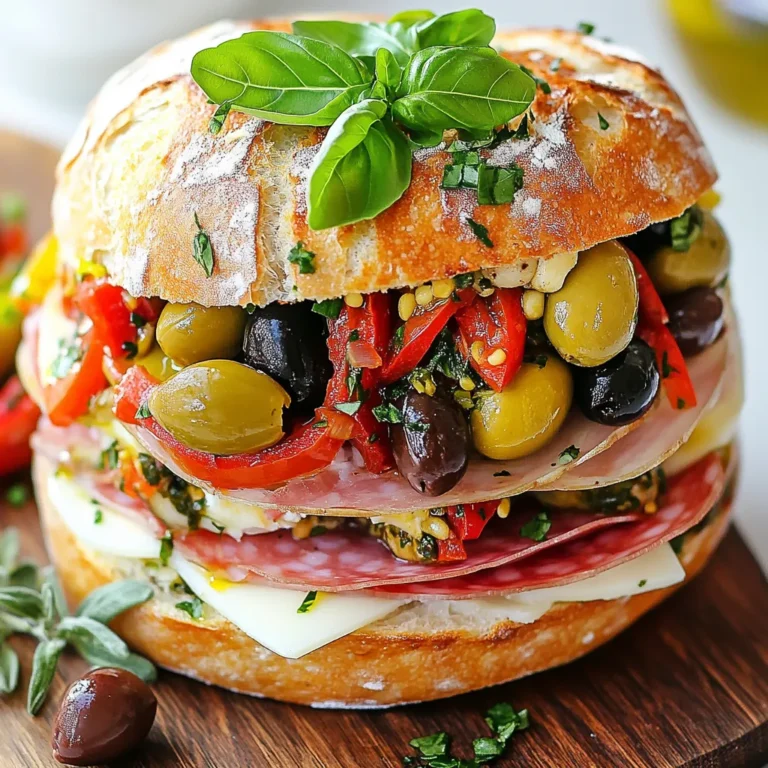 - 1 large round loaf of Sicilian bread - 1 cup green olives, pitted and chopped - 1 cup black olives, pitted and chopped - 1/2 cup roasted red peppers, sliced - 1/2 cup giardiniera (Italian pickled vegetables), chopped - 1/2 cup mozzarella cheese, thinly sliced - 1/2 cup provolone cheese, thinly sliced - 1/2 cup salami, thinly sliced - 1/2 cup ham, thinly sliced - 1/4 cup extra virgin olive oil - 2 tablespoons red wine vinegar (optional) - Salt and pepper to taste - Fresh basil leaves for garnish The Muffuletta sandwich shines thanks to its vibrant mix of flavors. Each ingredient plays a key role in making it special. The Sicilian bread is crucial. It holds all the tasty fillings. Its crust gives a nice crunch. Inside, it is soft and perfect for soaking up flavors. Using green and black olives adds a salty, tangy bite. The olives form the heart of the sandwich. They bring a unique taste that you will love. Roasted red peppers add sweetness. Giardiniera gives a tangy crunch. These veggies balance the meats and cheeses. Speaking of meats, salami and ham are classic choices. Their rich flavors mix well with the cheeses. Mozzarella and provolone add creaminess. Together, they create a delicious, melty layer. Extra virgin olive oil adds richness. A splash of red wine vinegar gives a nice tang. This helps cut through the richness of the meats and cheeses. Don't forget salt and pepper. They enhance all the flavors. Fresh basil leaves on top add a nice touch and flavor. - For bread, you can use another round bread like focaccia. - You can swap green olives for Kalamata olives or any favorite type. - Try different cheeses like gouda or cheddar for a twist. {{ingredient_image_1}} To make the olive salad, you need to combine your chopped green olives, black olives, roasted red peppers, and giardiniera in a medium bowl. This mix brings a burst of flavor to your Muffuletta. - Combine the olives and peppers: Mix the olives and peppers well. This helps each bite taste great. - Marinating tips for enhanced flavor: After mixing, drizzle with olive oil and, if you like, add red wine vinegar for tang. Add salt and pepper to taste. Let the salad sit for about 30 minutes. This waiting time allows the flavors to blend. Next, you will assemble the sandwich. This is where the magic happens. - Slicing the bread correctly: Take your serrated knife and slice the round loaf of Sicilian bread in half. You want to create a top and bottom. Be careful not to cut all the way through. - Layering technique for maximum flavor: Start with the bottom half. Lay down the salami and ham first. Then add the thin slices of mozzarella and provolone. Finally, spread the olive salad evenly over the cheeses. This layering creates a tasty mix in every bite. Now, it’s time to finish your sandwich. - Wrapping and refrigerating instructions: Place the top half of the bread on the sandwich. Press down gently to help the flavors meld. Wrap the sandwich tightly in plastic wrap. Put a heavy skillet or cutting board on top to compress it. Refrigerate for at least an hour. For even better flavor, leave it overnight. - Serving suggestions and presentation tips: When you are ready to serve, unwrap the sandwich. Slice it into wedges or halves. Garnish with fresh basil leaves to add color. Serve it on a wooden board with extra olive salad for dipping. Add some whole olives around for a nice touch. Enjoy your delicious Muffuletta! To make the best olive salad, start with fresh ingredients. Use green and black olives for great flavor. Chop them coarsely, and add roasted red peppers and giardiniera. Drizzle with olive oil for richness. If you want a tangy kick, add red wine vinegar. Season with salt and pepper to taste. Let this mix sit for at least 30 minutes. This marinating time helps the flavors blend well. You can enhance your olive salad with herbs like oregano or thyme. A pinch of crushed red pepper can add heat if you like spice. Always taste and adjust the seasoning before serving. If you have leftovers, store them in an airtight container in the fridge. This helps keep the flavors fresh. You can enjoy the sandwich cold or heat it up. To reheat, place it in a pan over low heat. This keeps the bread from becoming too soft. You can also use a toaster oven for a crispy finish. Muffuletta sandwiches pair well with simple sides. Try a crisp salad or some potato chips. A light pasta salad also complements the sandwich nicely. For drinks, consider a chilled white wine or lemonade. These options balance the rich flavors of the sandwich. Serve Muffuletta at picnics, family gatherings, or game days. Its bold tastes make it a crowd-pleaser. Pro Tips Use Fresh Ingredients: Always opt for fresh olives, cheeses, and meats for the best flavor and texture in your Muffuletta. Let It Marinate: Allowing the olive salad to marinate enhances the flavors, so don’t rush this step! Compress the Sandwich: Pressing the sandwich while it chills helps meld the flavors together, resulting in a more delicious bite. Experiment with Ingredients: Feel free to add your favorite pickled vegetables or different types of meats to customize your Muffuletta! {{image_2}} Muffuletta sandwiches can change based on where you are in Italy. Each region brings its own twist. In New Orleans, for example, the Muffuletta often adds meats like mortadella and capicola. The olive salad may also feature more garlic and herbs. In Sicily, you might find less meat and more veggies, like artichokes or sun-dried tomatoes. Each local version reflects its culture and tastes. If you want a vegetarian Muffuletta, just skip the meats. You can load up on extra roasted red peppers, olives, and cheeses. For a vegan option, use plant-based cheeses and omit any animal products. You can also make it gluten-free by using gluten-free bread. This way, everyone can enjoy the great flavors of the Muffuletta sandwich. To keep your Muffuletta fresh, wrap it tightly in plastic wrap. This helps keep the bread soft. You can also use an airtight container if you prefer. To avoid sogginess, take out some soft bread from the center. This space will help the ingredients stay intact. Your Muffuletta will last about three days in the fridge. If you see any mold or off smells, it’s time to toss it. Also, if the bread feels too hard or dry, it has likely lost its freshness. Always check before you take a bite! The Muffuletta sandwich comes from New Orleans. It has roots in Italian culture. It was created by Italian immigrants who wanted a flavorful meal. This sandwich mixes cold cuts, cheeses, and a special olive salad. The bread is a round Sicilian loaf, perfect for holding all the fillings. The flavors blend well, making it a favorite for many. People enjoy it for lunch, picnics, or gatherings. It’s not just a sandwich; it’s a taste of history! Yes, you can make a Muffuletta sandwich ahead of time. In fact, it tastes better after sitting. You want the flavors to mingle. To prep in advance, follow these steps: - Make the olive salad and let it marinate for at least 30 minutes. - Assemble the sandwich but do not cut it yet. - Wrap it tightly in plastic wrap. - Place something heavy on top to press it down. - Refrigerate for at least an hour or overnight for the best taste. You can add many different ingredients to your Muffuletta sandwich. Here are some ideas: - Sliced turkey or roast beef for extra protein. - Pepperoncini or banana peppers for a spicy kick. - Fresh arugula or spinach for some greens. - Different cheeses like goat cheese or cheddar for a twist. - You can even use spreads like pesto or hummus for variety. Feel free to mix and match based on your taste! This blog post covered the essential ingredients for a Muffuletta sandwich, step-by-step instructions, and tips for perfecting your dish. You learned about variations and how to store leftovers. Making this sandwich is fun and can impress your guests. Remember, you can adjust ingredients to fit your taste. Try different olives or cheeses for a unique twist. Enjoy the process and share this delicious dish with others. Your Muffuletta will be a hit!
