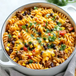 To make One-Pot Creamy Taco Pasta, you will need: - 12 oz. pasta (penne or rotini works well) - 1 lb. ground beef or turkey - 1 packet taco seasoning - 1 small onion, diced - 2 cloves garlic, minced - 1 can (14 oz.) diced tomatoes (with juices) - 1 can (15 oz.) black beans, drained and rinsed - 2 cups chicken broth - 1 cup heavy cream - 1 cup shredded cheddar cheese - 1 cup corn (frozen or canned) - Salt and pepper to taste To add a fresh touch, consider these garnishes: - Fresh cilantro - Fresh parsley These herbs add flavor and color to your dish. You can swap ingredients as needed: - Use ground chicken or plant-based meat for a lighter option. - For a dairy-free version, try coconut milk instead of heavy cream. - Instead of cheddar, you can use Monterey Jack or pepper jack for a kick. Feel free to mix and match to fit your tastes! {{ingredient_image_1}} Start by heating a large pot over medium heat. Add 1 pound of ground beef or turkey. Cook it for about 5-7 minutes. Use a spatula to break the meat apart as it cooks. You want it to brown nicely. If there is too much fat, drain it off. This step is key for a great base. Once the meat is ready, add 1 small diced onion and 2 minced cloves of garlic. Sauté these for 2-3 minutes. You want the onion to turn translucent. This process builds flavor, making your dish taste amazing. The garlic will smell great too! Next, stir in 1 packet of taco seasoning. Then, add 1 can of diced tomatoes with their juices, 1 can of black beans (drained and rinsed), and 2 cups of chicken broth. Bring this mixture to a gentle boil. Once boiling, toss in 12 ounces of pasta. Make sure to stir well. Cover the pot and lower the heat. Let it simmer for about 10-12 minutes. Stir occasionally to prevent sticking. When the pasta is al dente, turn the heat to low. Mix in 1 cup of heavy cream and 1 cup of shredded cheddar cheese. Stir until the cheese is melted and the sauce is creamy. Finally, season with salt and pepper to taste. Let it sit for a couple of minutes to thicken. Now, your one-pot creamy taco pasta is ready to serve! To prevent overcooking pasta, watch the time closely. I suggest cooking the pasta only until it's al dente. This means it should still have a firm bite. Follow the package instructions and set a timer. Stir the pasta often as it cooks. This helps it cook evenly and not stick together. Taco pasta pairs well with simple sides. You could serve it with a fresh salad. A side of tortilla chips with salsa adds crunch. You can also pair it with guacamole for a creamy touch. If you want more veggies, roasted corn or grilled peppers work great too. To make your dish even creamier, try adding more cheese. You can mix in cream cheese or sour cream. Another option is to use half-and-half instead of heavy cream. Adding a splash of lime juice brightens the flavors and adds a nice twist. Mixing in some avocado also gives a rich, creamy texture. Pro Tips Use a Mix of Cheeses: Combining different types of cheese, such as Monterey Jack or Pepper Jack, can add more flavor and creaminess to your pasta dish. Vegetarian Option: For a meatless version, substitute the ground beef or turkey with a plant-based protein like lentils or crumbled tofu. Add Extra Veggies: Feel free to toss in more vegetables like bell peppers, zucchini, or spinach to boost the nutrition and flavor of your one-pot meal. Make it Spicy: If you enjoy heat, consider adding diced jalapeños or a splash of hot sauce into the mix for a spicy kick. {{image_2}} To make a vegetarian version, skip the meat. Use a mix of mushrooms and bell peppers for texture. You can also add lentils or chickpeas for protein. The rest of the recipe stays the same. The taco seasoning will still add great flavor. Don't forget to use vegetable broth instead of chicken broth. Want some heat? Add chopped jalapeños or a dash of hot sauce. You can also use spicy taco seasoning for more kick. If you like it really hot, add crushed red pepper flakes. Adjust the spice level based on your taste. Serve with sour cream to cool it down if needed. Cheese makes this dish creamy and tasty. While cheddar is great, try other cheeses too. Pepper jack adds some spice. Cream cheese makes it extra creamy. You could even mix in some mozzarella for a different flavor. Choose your favorites to make this dish your own. Store any leftover One-Pot Creamy Taco Pasta in an airtight container. Let it cool first. Place it in the fridge within two hours of cooking. This dish will stay fresh for about three to four days. To reheat, you can use the stove or microwave. If using the stove, add a splash of water or broth. Heat on low until warm, stirring often. If using a microwave, heat in short bursts. Stir between each burst to heat evenly. You can freeze this pasta dish for longer storage. Place cooled pasta in a freezer-safe container. It will keep well for up to three months. When ready to eat, thaw it overnight in the fridge. Reheat it on the stove or microwave as mentioned above. Yes, you can. Ground turkey or chicken works well. You can also use beef. For a lighter option, turkey is great. If you want a vegetarian dish, try using mushrooms or lentils instead. I recommend using penne or rotini. These shapes hold the creamy sauce well. You can also use fusilli or shells. Just make sure it cooks in the same time frame. This dish lasts about 3 to 5 days in the fridge. Store it in an airtight container. Make sure it cools down before sealing. This helps keep it fresh. Absolutely! You can prepare it a day before. Just follow the steps, then cool it down. Store it in the fridge. Reheat it when you are ready to eat. This blog post covered how to make a delicious taco pasta meal. We looked at the ingredients, cooking steps, and tips to prevent overcooking. You learned about tasty variations and how to store leftovers. Cooking should be fun and easy. Use these tips to create your perfect taco pasta. Enjoy experimenting with flavors and ingredients as you make this dish your own. Happy cooking!
