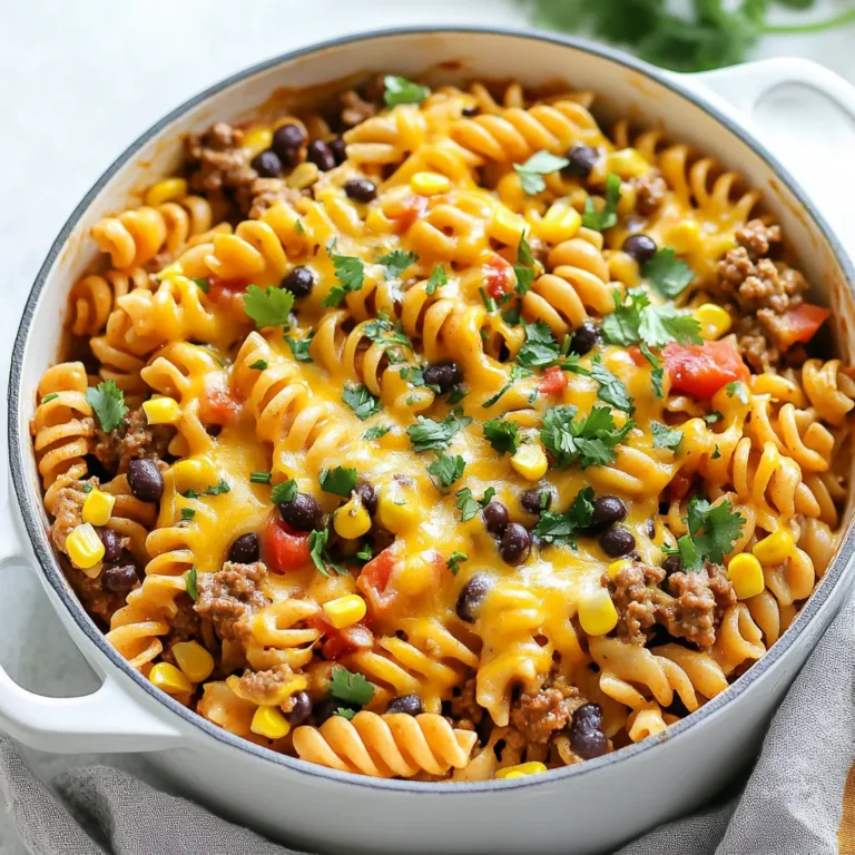 To make One-Pot Creamy Taco Pasta, you will need: - 12 oz. pasta (penne or rotini works well) - 1 lb. ground beef or turkey - 1 packet taco seasoning - 1 small onion, diced - 2 cloves garlic, minced - 1 can (14 oz.) diced tomatoes (with juices) - 1 can (15 oz.) black beans, drained and rinsed - 2 cups chicken broth - 1 cup heavy cream - 1 cup shredded cheddar cheese - 1 cup corn (frozen or canned) - Salt and pepper to taste To add a fresh touch, consider these garnishes: - Fresh cilantro - Fresh parsley These herbs add flavor and color to your dish. You can swap ingredients as needed: - Use ground chicken or plant-based meat for a lighter option. - For a dairy-free version, try coconut milk instead of heavy cream. - Instead of cheddar, you can use Monterey Jack or pepper jack for a kick. Feel free to mix and match to fit your tastes! {{ingredient_image_1}} Start by heating a large pot over medium heat. Add 1 pound of ground beef or turkey. Cook it for about 5-7 minutes. Use a spatula to break the meat apart as it cooks. You want it to brown nicely. If there is too much fat, drain it off. This step is key for a great base. Once the meat is ready, add 1 small diced onion and 2 minced cloves of garlic. Sauté these for 2-3 minutes. You want the onion to turn translucent. This process builds flavor, making your dish taste amazing. The garlic will smell great too! Next, stir in 1 packet of taco seasoning. Then, add 1 can of diced tomatoes with their juices, 1 can of black beans (drained and rinsed), and 2 cups of chicken broth. Bring this mixture to a gentle boil. Once boiling, toss in 12 ounces of pasta. Make sure to stir well. Cover the pot and lower the heat. Let it simmer for about 10-12 minutes. Stir occasionally to prevent sticking. When the pasta is al dente, turn the heat to low. Mix in 1 cup of heavy cream and 1 cup of shredded cheddar cheese. Stir until the cheese is melted and the sauce is creamy. Finally, season with salt and pepper to taste. Let it sit for a couple of minutes to thicken. Now, your one-pot creamy taco pasta is ready to serve! To prevent overcooking pasta, watch the time closely. I suggest cooking the pasta only until it's al dente. This means it should still have a firm bite. Follow the package instructions and set a timer. Stir the pasta often as it cooks. This helps it cook evenly and not stick together. Taco pasta pairs well with simple sides. You could serve it with a fresh salad. A side of tortilla chips with salsa adds crunch. You can also pair it with guacamole for a creamy touch. If you want more veggies, roasted corn or grilled peppers work great too. To make your dish even creamier, try adding more cheese. You can mix in cream cheese or sour cream. Another option is to use half-and-half instead of heavy cream. Adding a splash of lime juice brightens the flavors and adds a nice twist. Mixing in some avocado also gives a rich, creamy texture. Pro Tips Use a Mix of Cheeses: Combining different types of cheese, such as Monterey Jack or Pepper Jack, can add more flavor and creaminess to your pasta dish. Vegetarian Option: For a meatless version, substitute the ground beef or turkey with a plant-based protein like lentils or crumbled tofu. Add Extra Veggies: Feel free to toss in more vegetables like bell peppers, zucchini, or spinach to boost the nutrition and flavor of your one-pot meal. Make it Spicy: If you enjoy heat, consider adding diced jalapeños or a splash of hot sauce into the mix for a spicy kick. {{image_2}} To make a vegetarian version, skip the meat. Use a mix of mushrooms and bell peppers for texture. You can also add lentils or chickpeas for protein. The rest of the recipe stays the same. The taco seasoning will still add great flavor. Don't forget to use vegetable broth instead of chicken broth. Want some heat? Add chopped jalapeños or a dash of hot sauce. You can also use spicy taco seasoning for more kick. If you like it really hot, add crushed red pepper flakes. Adjust the spice level based on your taste. Serve with sour cream to cool it down if needed. Cheese makes this dish creamy and tasty. While cheddar is great, try other cheeses too. Pepper jack adds some spice. Cream cheese makes it extra creamy. You could even mix in some mozzarella for a different flavor. Choose your favorites to make this dish your own. Store any leftover One-Pot Creamy Taco Pasta in an airtight container. Let it cool first. Place it in the fridge within two hours of cooking. This dish will stay fresh for about three to four days. To reheat, you can use the stove or microwave. If using the stove, add a splash of water or broth. Heat on low until warm, stirring often. If using a microwave, heat in short bursts. Stir between each burst to heat evenly. You can freeze this pasta dish for longer storage. Place cooled pasta in a freezer-safe container. It will keep well for up to three months. When ready to eat, thaw it overnight in the fridge. Reheat it on the stove or microwave as mentioned above. Yes, you can. Ground turkey or chicken works well. You can also use beef. For a lighter option, turkey is great. If you want a vegetarian dish, try using mushrooms or lentils instead. I recommend using penne or rotini. These shapes hold the creamy sauce well. You can also use fusilli or shells. Just make sure it cooks in the same time frame. This dish lasts about 3 to 5 days in the fridge. Store it in an airtight container. Make sure it cools down before sealing. This helps keep it fresh. Absolutely! You can prepare it a day before. Just follow the steps, then cool it down. Store it in the fridge. Reheat it when you are ready to eat. This blog post covered how to make a delicious taco pasta meal. We looked at the ingredients, cooking steps, and tips to prevent overcooking. You learned about tasty variations and how to store leftovers. Cooking should be fun and easy. Use these tips to create your perfect taco pasta. Enjoy experimenting with flavors and ingredients as you make this dish your own. Happy cooking!