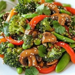 For a delicious Vegan Broccoli Mushroom Stir Fry, gather these simple ingredients: - 2 cups broccoli florets - 1 cup sliced mushrooms (shiitake or cremini) - 1 red bell pepper, sliced - 1 cup snap peas - 3 cloves garlic, minced - 1 tablespoon fresh ginger, grated - 2 tablespoons soy sauce (or tamari for gluten-free) - 1 tablespoon sesame oil - 1 tablespoon olive oil - 1 teaspoon red pepper flakes (adjust to taste) - 1 tablespoon sesame seeds - Fresh cilantro or green onions for garnish Each ingredient adds flavor and nutrition. Broccoli gives crunch and vitamins. Mushrooms add a meaty texture. Red bell pepper brings sweetness and color. Snap peas add crispness. Garlic and ginger give a warm, spicy aroma. Soy sauce adds savory depth while sesame oil brings a nutty taste. Red pepper flakes add heat, and sesame seeds offer a nice crunch. Fresh cilantro or green onions make the dish pop. Enjoy these ingredients as you create this vibrant stir fry! {{ingredient_image_1}} - Heating Oil and Aromatics Start by heating 1 tablespoon of olive oil in a large skillet or wok. Set the heat to medium-high. When the oil is hot, add 3 cloves of minced garlic and 1 tablespoon of freshly grated ginger. Stir quickly for about 30 seconds. This step brings out the flavors. - Cooking the Mushrooms Add 1 cup of sliced mushrooms to the skillet. You can use shiitake or cremini mushrooms. Cook them for about 3 to 4 minutes. Watch as they brown and release their moisture. This adds depth to your stir fry. - Adding Broccoli and Bell Pepper Next, toss in 2 cups of broccoli florets and 1 sliced red bell pepper. Stir-fry these for 5 minutes. The veggies should soften just a bit but still stay crunchy. This keeps the dish lively and fresh. - Incorporating Snap Peas and Sauce Now, mix in 1 cup of snap peas and 2 tablespoons of soy sauce. If you want it gluten-free, use tamari instead. Sprinkle in 1 teaspoon of red pepper flakes. Stir-fry for another 2 to 3 minutes. The snap peas should turn bright green and tender. - Final Toss with Sesame Oil and Garnish Drizzle 1 tablespoon of sesame oil over the stir-fry. Toss everything together to coat well. Cook for another minute to heat through. Remove from heat and sprinkle with sesame seeds. Finish with fresh cilantro or sliced green onions on top. This adds a nice touch! Ensuring Vegetables Retain Crunch To keep your veggies crisp, cook them quickly. Stir-fry over medium-high heat. Add each vegetable based on how long they take to cook. Start with mushrooms, then add broccoli and bell pepper. Finally, toss in snap peas for just a few minutes. This way, they stay bright and fresh. Preventing Garlic and Ginger from Burning Garlic and ginger can burn easily. To avoid this, heat your oil first. Add garlic and ginger only when the oil is hot. Stir them quickly for about 30 seconds. This will give you flavor without that bitter taste. Adjusting Spice Levels Want it spicier? Add more red pepper flakes. If you prefer less heat, start with a pinch. You can always add more later. Taste as you go to find your perfect spice level. Alternative Vegetables and Proteins Feel free to switch things up! You can use cauliflower, zucchini, or bell peppers instead of broccoli. For added protein, consider tofu or tempeh. Both will absorb flavors well and add texture. Gluten-Free Options If you need a gluten-free meal, use tamari instead of soy sauce. This keeps the dish safe for those with gluten sensitivities. You can also check the labels on oils and sauces. They should say "gluten-free" to be sure. Pro Tips Fresh Ingredients: Always use fresh, high-quality vegetables for the best flavor and nutrition in your stir fry. High Heat Cooking: Stir-frying is best done at high heat to achieve that signature char and to keep the vegetables crisp. Prep Ahead: Chop all your ingredients before you start cooking; stir-frying happens quickly, so preparation is key. Flavor Boost: For an extra kick, add a splash of rice vinegar or a squeeze of lime juice just before serving for brightness. {{image_2}} You can make this stir fry heartier by adding protein. Tofu or tempeh works great. - Tofu Suggestions: Use firm or extra-firm tofu. Cut it into cubes. Sauté it before adding veggies. This gives it a nice texture. - Tempeh Options: Tempeh has a nutty flavor. Slice it thinly and fry it for a crispy bite. You can also try adding other beans. Chickpeas or black beans add protein and fiber. They blend well with the veggies. You can boost the taste of your stir fry easily. Adding citrus is one way to do this. - Adding Citrus: A splash of lime or lemon juice brightens the dish. Squeeze it in just before serving. - Trying Different Sauces: You can switch up the sauce too. Try teriyaki or hoisin for a sweet twist. Peanut sauce adds a rich, nutty flavor. These changes keep the dish exciting and fun! Explore different flavors to find your favorite. To store leftovers, let your stir fry cool down first. Place it in an airtight container. It will stay fresh for about 3 to 4 days in the fridge. When you want to reheat, use the stove or microwave. If using the stove, warm it over low heat. Stir often to prevent burning. In the microwave, heat it in short bursts. Check and stir between each burst to ensure even warming. If you want to freeze your stir fry for meal prep, cool it completely. Use freezer-safe containers or bags to store it. This dish can last up to 3 months in the freezer. When freezing, remove as much air as you can from the bags. This helps prevent freezer burn. When ready to eat, thaw it in the fridge overnight. Reheat it on the stove or in the microwave. Enjoy a quick meal any day! Yes, you can easily make this dish gluten-free. Use tamari instead of soy sauce. Tamari has a similar flavor and works well in this recipe. This stir-fry lasts about three to four days in the fridge. Store it in an airtight container to keep it fresh. You can serve this stir-fry with rice or quinoa. Both pair well and soak up the flavors nicely. You could also have it with a simple salad for a refreshing touch. Absolutely! Feel free to add vegetables like carrots, bell peppers, or zucchini. They will add color and flavor to your dish. Yes, this stir-fry is perfect for meal prep. You can make it in advance and enjoy it throughout the week. Just reheat it gently to keep the veggies crisp. In this post, we explored a colorful stir-fry packed with healthy vegetables and bold flavors. I shared step-by-step instructions to help you cook it just right. You learned tips to keep your veggies crisp and even how to adjust spice levels to your taste. Remember, you can customize this dish with proteins or different sauces. Whether for meal prep or a family dinner, this stir-fry shines. Enjoy experimenting in your kitchen and make it your own!