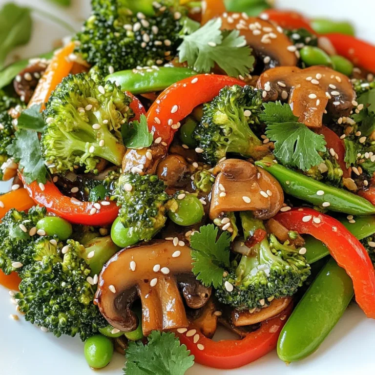 For a delicious Vegan Broccoli Mushroom Stir Fry, gather these simple ingredients: - 2 cups broccoli florets - 1 cup sliced mushrooms (shiitake or cremini) - 1 red bell pepper, sliced - 1 cup snap peas - 3 cloves garlic, minced - 1 tablespoon fresh ginger, grated - 2 tablespoons soy sauce (or tamari for gluten-free) - 1 tablespoon sesame oil - 1 tablespoon olive oil - 1 teaspoon red pepper flakes (adjust to taste) - 1 tablespoon sesame seeds - Fresh cilantro or green onions for garnish Each ingredient adds flavor and nutrition. Broccoli gives crunch and vitamins. Mushrooms add a meaty texture. Red bell pepper brings sweetness and color. Snap peas add crispness. Garlic and ginger give a warm, spicy aroma. Soy sauce adds savory depth while sesame oil brings a nutty taste. Red pepper flakes add heat, and sesame seeds offer a nice crunch. Fresh cilantro or green onions make the dish pop. Enjoy these ingredients as you create this vibrant stir fry! {{ingredient_image_1}} - Heating Oil and Aromatics Start by heating 1 tablespoon of olive oil in a large skillet or wok. Set the heat to medium-high. When the oil is hot, add 3 cloves of minced garlic and 1 tablespoon of freshly grated ginger. Stir quickly for about 30 seconds. This step brings out the flavors. - Cooking the Mushrooms Add 1 cup of sliced mushrooms to the skillet. You can use shiitake or cremini mushrooms. Cook them for about 3 to 4 minutes. Watch as they brown and release their moisture. This adds depth to your stir fry. - Adding Broccoli and Bell Pepper Next, toss in 2 cups of broccoli florets and 1 sliced red bell pepper. Stir-fry these for 5 minutes. The veggies should soften just a bit but still stay crunchy. This keeps the dish lively and fresh. - Incorporating Snap Peas and Sauce Now, mix in 1 cup of snap peas and 2 tablespoons of soy sauce. If you want it gluten-free, use tamari instead. Sprinkle in 1 teaspoon of red pepper flakes. Stir-fry for another 2 to 3 minutes. The snap peas should turn bright green and tender. - Final Toss with Sesame Oil and Garnish Drizzle 1 tablespoon of sesame oil over the stir-fry. Toss everything together to coat well. Cook for another minute to heat through. Remove from heat and sprinkle with sesame seeds. Finish with fresh cilantro or sliced green onions on top. This adds a nice touch! Ensuring Vegetables Retain Crunch To keep your veggies crisp, cook them quickly. Stir-fry over medium-high heat. Add each vegetable based on how long they take to cook. Start with mushrooms, then add broccoli and bell pepper. Finally, toss in snap peas for just a few minutes. This way, they stay bright and fresh. Preventing Garlic and Ginger from Burning Garlic and ginger can burn easily. To avoid this, heat your oil first. Add garlic and ginger only when the oil is hot. Stir them quickly for about 30 seconds. This will give you flavor without that bitter taste. Adjusting Spice Levels Want it spicier? Add more red pepper flakes. If you prefer less heat, start with a pinch. You can always add more later. Taste as you go to find your perfect spice level. Alternative Vegetables and Proteins Feel free to switch things up! You can use cauliflower, zucchini, or bell peppers instead of broccoli. For added protein, consider tofu or tempeh. Both will absorb flavors well and add texture. Gluten-Free Options If you need a gluten-free meal, use tamari instead of soy sauce. This keeps the dish safe for those with gluten sensitivities. You can also check the labels on oils and sauces. They should say "gluten-free" to be sure. Pro Tips Fresh Ingredients: Always use fresh, high-quality vegetables for the best flavor and nutrition in your stir fry. High Heat Cooking: Stir-frying is best done at high heat to achieve that signature char and to keep the vegetables crisp. Prep Ahead: Chop all your ingredients before you start cooking; stir-frying happens quickly, so preparation is key. Flavor Boost: For an extra kick, add a splash of rice vinegar or a squeeze of lime juice just before serving for brightness. {{image_2}} You can make this stir fry heartier by adding protein. Tofu or tempeh works great. - Tofu Suggestions: Use firm or extra-firm tofu. Cut it into cubes. Sauté it before adding veggies. This gives it a nice texture. - Tempeh Options: Tempeh has a nutty flavor. Slice it thinly and fry it for a crispy bite. You can also try adding other beans. Chickpeas or black beans add protein and fiber. They blend well with the veggies. You can boost the taste of your stir fry easily. Adding citrus is one way to do this. - Adding Citrus: A splash of lime or lemon juice brightens the dish. Squeeze it in just before serving. - Trying Different Sauces: You can switch up the sauce too. Try teriyaki or hoisin for a sweet twist. Peanut sauce adds a rich, nutty flavor. These changes keep the dish exciting and fun! Explore different flavors to find your favorite. To store leftovers, let your stir fry cool down first. Place it in an airtight container. It will stay fresh for about 3 to 4 days in the fridge. When you want to reheat, use the stove or microwave. If using the stove, warm it over low heat. Stir often to prevent burning. In the microwave, heat it in short bursts. Check and stir between each burst to ensure even warming. If you want to freeze your stir fry for meal prep, cool it completely. Use freezer-safe containers or bags to store it. This dish can last up to 3 months in the freezer. When freezing, remove as much air as you can from the bags. This helps prevent freezer burn. When ready to eat, thaw it in the fridge overnight. Reheat it on the stove or in the microwave. Enjoy a quick meal any day! Yes, you can easily make this dish gluten-free. Use tamari instead of soy sauce. Tamari has a similar flavor and works well in this recipe. This stir-fry lasts about three to four days in the fridge. Store it in an airtight container to keep it fresh. You can serve this stir-fry with rice or quinoa. Both pair well and soak up the flavors nicely. You could also have it with a simple salad for a refreshing touch. Absolutely! Feel free to add vegetables like carrots, bell peppers, or zucchini. They will add color and flavor to your dish. Yes, this stir-fry is perfect for meal prep. You can make it in advance and enjoy it throughout the week. Just reheat it gently to keep the veggies crisp. In this post, we explored a colorful stir-fry packed with healthy vegetables and bold flavors. I shared step-by-step instructions to help you cook it just right. You learned tips to keep your veggies crisp and even how to adjust spice levels to your taste. Remember, you can customize this dish with proteins or different sauces. Whether for meal prep or a family dinner, this stir-fry shines. Enjoy experimenting in your kitchen and make it your own!