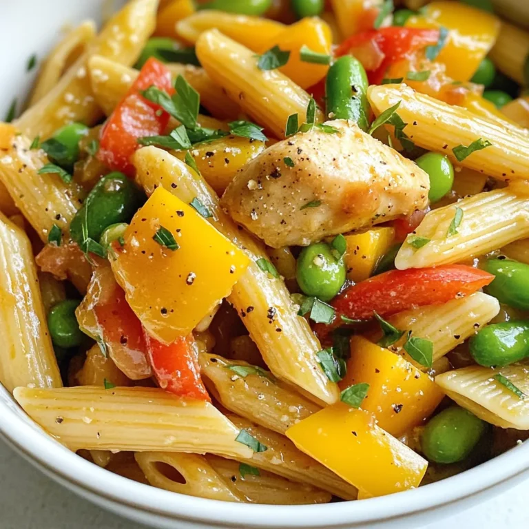 - 2 cups uncooked penne pasta - 1 pound chicken breast, cut into bite-sized pieces - 3 tablespoons honey - 1 tablespoon black pepper (adjust to taste) - 3 tablespoons soy sauce - 2 tablespoons olive oil - 1 red bell pepper, sliced - 1 yellow bell pepper, sliced - 1 cup snap peas, trimmed - 3 cloves garlic, minced - 1 teaspoon ginger, minced - Salt to taste - Fresh parsley, chopped (for garnish) For this recipe, accuracy matters. Measure your ingredients carefully. Use a scale for the chicken, if possible. The honey gives a sweet touch, so don’t skip it. Adjust the black pepper based on your taste. If you like it spicy, add more. When cutting vegetables, keep them similar in size for even cooking. If you don’t have penne, any pasta will do. Try bowtie or spaghetti instead. For the chicken, use shrimp or tofu for a different protein. If you want less sweetness, use maple syrup or agave instead of honey. Tamari can replace soy sauce for a gluten-free option. Don’t have bell peppers? Use zucchini or broccoli for crunch. {{ingredient_image_1}} First, you need to cook the pasta. Boil water in a large pot. Add 2 cups of uncooked penne pasta. Cook it according to the package directions until it is al dente. This usually takes about 8 to 10 minutes. Once done, drain the pasta and rinse it with cold water. This keeps it from sticking. Set it aside for later. Next, we will prepare the chicken. In a large bowl, take 1 pound of chicken breast, cut into bite-sized pieces. Add 3 tablespoons of honey, 1 tablespoon of black pepper, soy sauce, and a pinch of salt. Mix everything well to coat the chicken. This gives it a sweet and spicy flavor that tastes great. Now, let’s sauté the vegetables. Heat 2 tablespoons of olive oil in a large skillet over medium-high heat. Add the marinated chicken to the skillet. Cook it for about 6 to 8 minutes until it turns golden brown and is fully cooked. Once done, take the chicken out and set it aside. In the same skillet, add sliced red and yellow bell peppers, snap peas, minced garlic, and ginger. Sauté these for about 4 to 5 minutes. You want them to be tender but still crisp. It's time to combine everything. Return the cooked chicken to the skillet with the sautéed vegetables. Add the cooked penne pasta to the mix. If you like it sweeter, drizzle a bit more honey on top. Toss everything together until it is warm. Make sure all the flavors mix well. Finally, let’s serve it up! Taste your dish and add more salt or pepper if you need to. Once you’re happy with the flavor, remove it from the heat. Plate the honey pepper chicken pasta and sprinkle fresh chopped parsley on top. This adds a nice pop of color and flavor. Enjoy your meal! To get the best chicken, start with fresh meat. Cut your chicken breast into even pieces. This helps it cook evenly. Marinate the chicken with honey, black pepper, soy sauce, and salt. Let it sit for at least 15 minutes. This adds flavor and moisture. When cooking, use medium-high heat. This gives a nice golden color. Cook the chicken for about 6-8 minutes. Make sure it's cooked through, but not dry. To make your pasta sing, use quality ingredients. Fresh vegetables like red and yellow bell peppers add sweetness. Garlic and ginger bring warmth and depth to the dish. Feel free to adjust the black pepper to your taste. If you want it sweeter, add more honey. For a tangy kick, a splash of lime juice can work wonders. Toss everything together gently to combine the flavors well. If your chicken is tough, it may have cooked too long. Use a meat thermometer to check for 165°F for doneness. If the sauce is too thick, add a splash of water or broth to loosen it. If your dish is too salty, a little sugar can balance it out. For a dry pasta, add a bit of olive oil or extra sauce. Remember, cooking is all about adjusting to your taste! Pro Tips Adjust the Spice Level: If you prefer a milder dish, reduce the amount of black pepper or substitute it with a less spicy seasoning. Marinating Time: For enhanced flavor, marinate the chicken for at least 30 minutes or up to 2 hours in the refrigerator before cooking. Vegetable Variations: Feel free to mix and match your favorite vegetables, such as broccoli, carrots, or zucchini, for a different twist. Leftover Storage: Store any leftovers in an airtight container in the refrigerator for up to 3 days. Reheat on the stovetop for best results. {{image_2}} You can easily make this dish vegetarian or vegan. Instead of chicken, use firm tofu or tempeh. Cut it into small pieces, just like chicken. Marinate it with honey and soy sauce. For a vegan version, swap honey with agave syrup or maple syrup. This keeps the sweet flavor and works well in the dish. While penne is great, you can use other pasta types. Try fusilli, farfalle, or even gluten-free pasta. Cooking times may change, so check the package. Different shapes add fun and variety. Each type holds sauce differently, changing the taste experience. Boost the nutrition by adding more veggies. Consider carrots, broccoli, or spinach. You can add these while sautéing the other vegetables. For more protein, add chickpeas or black beans. This makes the meal heartier and even more satisfying. Feel free to get creative and mix in your favorites! Store your leftover honey pepper chicken pasta in an airtight container. Let it cool down to room temperature first. Then, place it in the fridge. It will stay fresh for about 3 to 4 days. Make sure to label the container with the date. This helps you keep track of how long it’s been there. To reheat, take the pasta out of the fridge. You can use a microwave or a skillet. If using the microwave, heat on medium for 1-2 minutes. Stir halfway through to ensure even heating. If using a skillet, add a splash of water or broth. Heat over low until warm. This keeps the pasta moist and tasty. You can freeze honey pepper chicken pasta too! First, cool it completely. Then, transfer it to a freezer-safe container. Leave some space at the top since it will expand. Label the container with the date. It can last for up to 3 months in the freezer. To thaw, move it to the fridge overnight before reheating. Yes, you can use any pasta you like. I suggest rotini or farfalle for fun shapes. They hold the sauce well and add a nice twist. Just keep an eye on the cooking time, as it may vary. To amp up the heat, add more black pepper. You can also toss in red pepper flakes. For an extra kick, try slicing fresh jalapeños. Start with a little, then taste and adjust. This pasta goes well with a light salad or garlic bread. A fresh cucumber salad adds a nice crunch and coolness. You can also serve it with a side of roasted vegetables for a colorful plate. Yes, you can make it ahead. Cook the pasta and chicken, then store them separately. Keep vegetables fresh in the fridge. When ready, just heat everything together. This saves time on busy days! This blog post covered how to make Honey Pepper Chicken Pasta. We touched on key ingredients, how to prepare them, and important cooking steps. I shared tips for cooking chicken and achieving great flavor. We also explored variations, storage tips, and answered common questions. In the end, you can create a tasty dish with simple steps. Try it out and make it your own. Happy cooking!
