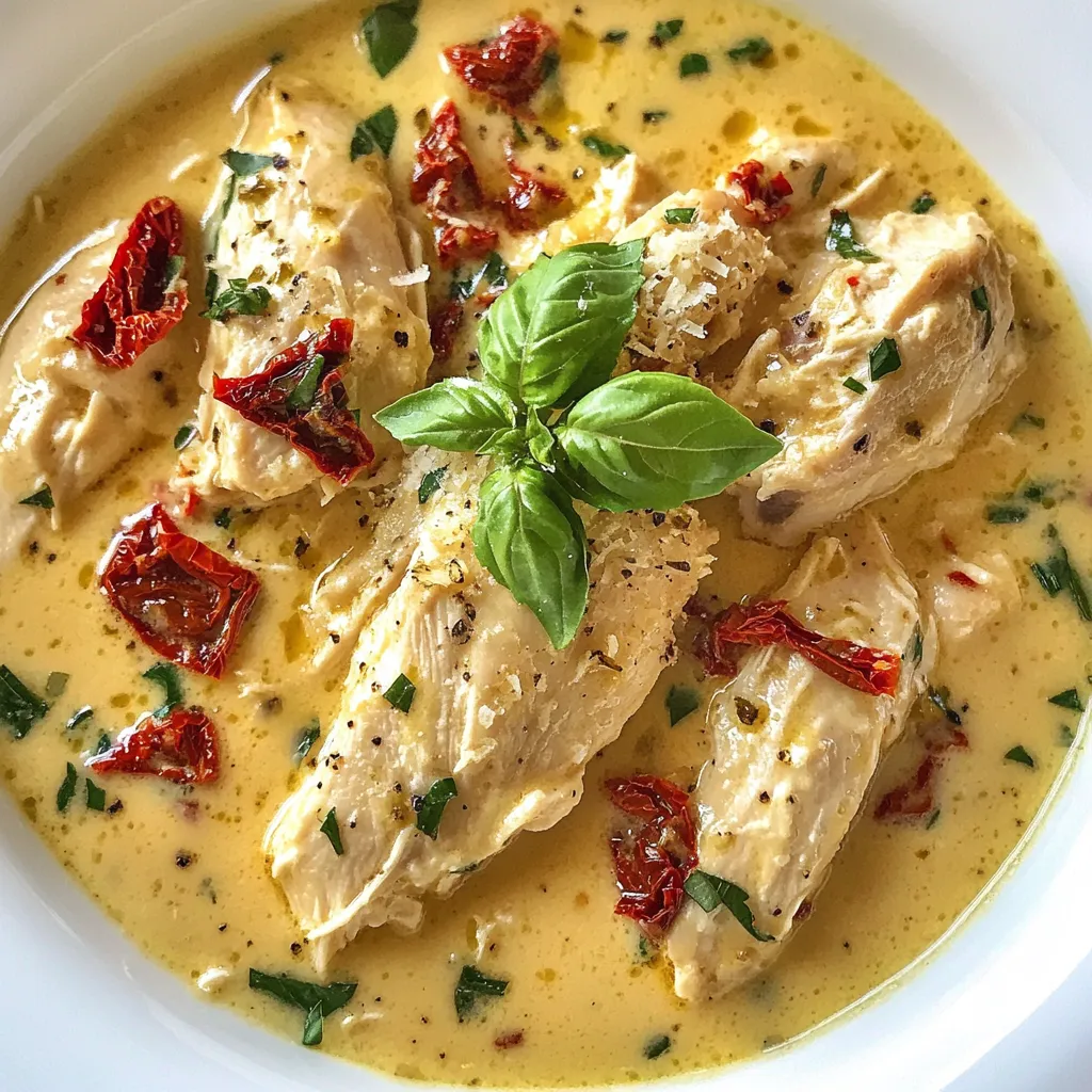 - 4 boneless, skinless chicken breasts - 1 cup sun-dried tomatoes, chopped - 1 cup chicken broth - 1 cup heavy cream Crockpot Marry Me Chicken needs four main ingredients. First, you have boneless, skinless chicken breasts. They form the meal's base. Next, use sun-dried tomatoes for a burst of flavor. Chicken broth adds moisture and depth. Finally, heavy cream makes the dish rich and creamy. - 1 teaspoon garlic powder - 1 teaspoon Italian seasoning - 1/2 teaspoon red pepper flakes (optional) Spices and seasonings elevate your dish. Garlic powder gives a nice, savory taste. Italian seasoning brings in herbs that add warmth. If you like heat, add red pepper flakes. They give a gentle kick that balances the creaminess. - 1 cup grated Parmesan cheese - Fresh basil leaves, for garnish - Salt and pepper to taste For garnish, use grated Parmesan cheese. It melts beautifully and adds a salty touch. Fresh basil leaves brighten the dish with color and flavor. Don’t forget to season with salt and pepper to taste. These small details make a big difference. {{ingredient_image_1}} To start, season the chicken breasts. Use salt and pepper on both sides. This step adds flavor. Next, place the seasoned chicken at the bottom of the crockpot. Make sure they are spread out evenly. This helps them cook well. Now, it’s time to add more flavor. Top the chicken with chopped sun-dried tomatoes. Sprinkle garlic powder and Italian seasoning on top. If you like heat, add red pepper flakes too. Next, whisk together the chicken broth and heavy cream in a bowl. This sauce is creamy and rich. Pour it over the chicken and tomatoes in the crockpot. Finally, sprinkle the grated Parmesan cheese over everything. This adds a nice, cheesy touch. Cook on low for 6-8 hours or on high for 3-4 hours. The low setting gives the best flavor and texture. To check for doneness, make sure the chicken is tender and cooked through. You can use a meat thermometer. It should read 165°F. This ensures your meal is safe and delicious. - Adjusting seasonings to taste: Start with the basic amounts. After cooking, taste the dish. If it needs more flavor, add salt, pepper, or red pepper flakes. Each cook has their own flavor preference. - Ensuring tender chicken: Use boneless, skinless chicken breasts. Cook them on low for 6-8 hours. This slow cooking makes the chicken soft and juicy. Always check the chicken's internal temperature. It should reach 165°F. - Best side dishes to pair with Marry Me Chicken: Pasta, rice, or a mix of steamed veggies pair well. They soak up the creamy sauce nicely. You can also serve it with a fresh salad for a nice crunch. - Creative serving ideas: Shred the chicken and mix it with the sauce. Then, serve it in bowls or on plates. Garnish with fresh basil for color and taste. You can also stuff it in a wrap or use it in tacos. - Overcooking the chicken: Cooking too long can dry out the chicken. Stick to the recommended times. If you're unsure, use a meat thermometer. - Skipping the seasoning: Don’t skip the garlic powder or Italian seasoning. These spices bring life to the dish. Without them, your meal may taste flat. Always season to your liking before serving. Pro Tips Use Fresh Herbs: Fresh basil or parsley can elevate the dish, adding a burst of flavor right before serving. Adjust Creaminess: If you prefer a lighter dish, substitute half of the heavy cream with Greek yogurt for a tangy twist. Meal Prep Friendly: This dish holds up well in the fridge, making it perfect for meal prep for the week ahead. Pair with Sides: Serve over zucchini noodles or cauliflower rice for a low-carb option that complements the rich flavors. {{image_2}} You can switch out heavy cream for many things. For a lighter option, use Greek yogurt. Coconut milk also works well for a dairy-free choice. If you want a vegan twist, try cashew cream. Using fresh tomatoes adds a nice touch. You can use about four medium tomatoes. Chop them and toss them in. They bring a fresh flavor that pairs well with the chicken. If you own an Instant Pot, you can use it for this dish. Sauté the chicken and spices first. Then add the broth and cream. Cook on high pressure for about 10 minutes. Let it naturally release for 5 minutes. You can also cook this meal on the stovetop. Use a large pan and add the chicken with all the ingredients. Cover and simmer on low heat for about 30 minutes. Stir occasionally to avoid sticking. To make this dish low-carb, skip the heavy cream. Use cauliflower puree instead. It adds creaminess without the carbs. You can also serve it over zucchini noodles or cauliflower rice. For gluten-free options, check your chicken broth. Most brands are gluten-free, but always read labels. You can enjoy this meal safely without worrying about gluten. To store leftovers in the refrigerator, place the chicken in an airtight container. Make sure it cools down before sealing. Store it for up to three days. For longer storage, you can freeze the chicken. To freeze, put it in a freezer-safe bag or container. Remove as much air as possible to prevent freezer burn. It can last up to three months in the freezer. The best way to reheat Crockpot Marry Me Chicken is in the microwave. Place it in a microwave-safe dish and cover it with a lid. Heat on medium power to keep it moist. You can also use the stovetop. Heat it gently in a pan over low heat, stirring often. This avoids sogginess and keeps the chicken tender. When stored properly, Crockpot Marry Me Chicken stays fresh for about three days in the fridge. If frozen, it remains good for three months. Always check for any strange smells or changes in color before eating. Marry Me Chicken is a creamy, savory dish. It features chicken breasts, sun-dried tomatoes, and Parmesan cheese. The name suggests that this dish is so good, it might lead to a proposal! Many people love this dish for its rich flavors and ease of preparation. It brings comfort and joy to any meal. You can serve it for family dinners or special occasions. Yes, you can cook this recipe on high. Cooking it on low takes 6-8 hours. If you choose high, it only takes 3-4 hours. The main difference is the texture. Low cooking makes the chicken very tender. High cooking can yield a firmer texture. If you are short on time, cooking on high works well. Just make sure to check for doneness. You can serve this dish with several tasty sides. Here are some great options: - Pasta, which soaks up the sauce nicely - Rice, perfect for a filling meal - Steamed vegetables for a healthy touch - Garlic bread, to complement the flavors These sides enhance the dish and make your meal complete. Enjoy experimenting with different pairings! Marry Me Chicken is a simple, tasty dish that anyone can make. We covered key ingredients like chicken breasts, sun-dried tomatoes, and heavy cream. You learned easy steps for cooking, plus tips to avoid common mistakes. Offering variations keeps things fresh, whether you want low-carb or gluten-free versions. As you try this recipe, remember to adjust flavors to your liking. Enjoy pairing your dish with tasty sides for a full meal. With practice, you'll master Marry Me Chicken and impress those you serve.
