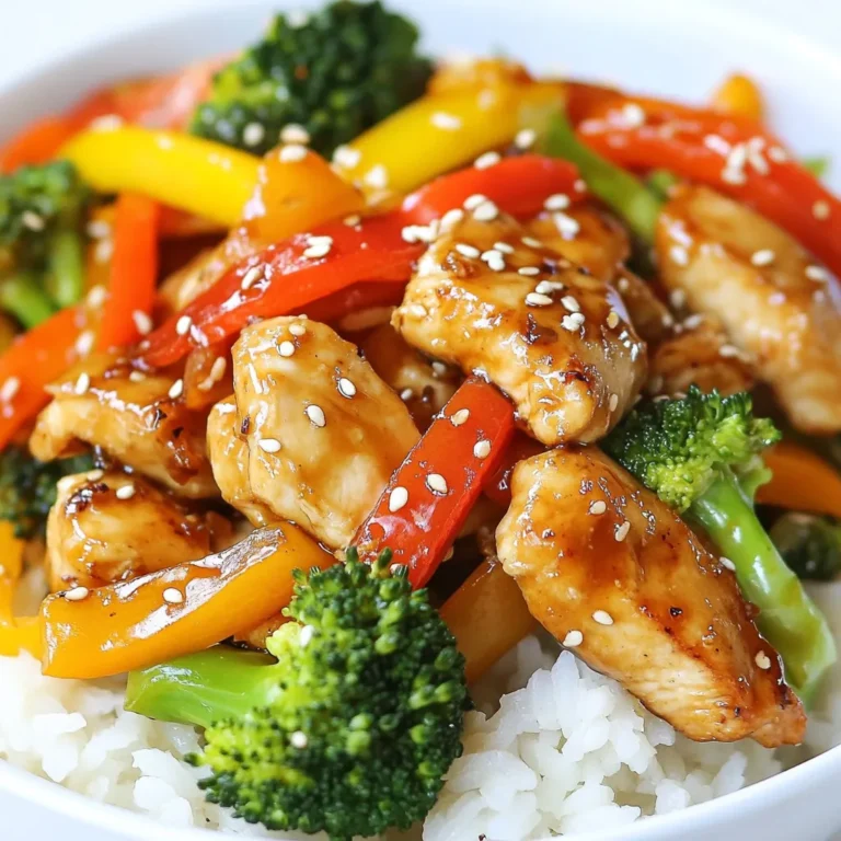To make this easy chicken stir fry, you need: - 2 boneless, skinless chicken breasts, sliced thin - 2 cups mixed bell peppers (red, yellow, green), cut into strips - 1 cup broccoli florets - 2 carrots, julienned - 3 cloves garlic, minced - 1-inch piece of ginger, grated - 3 tablespoons soy sauce (low sodium) - 1 tablespoon sesame oil - 1 tablespoon vegetable oil - 2 teaspoons cornstarch - 1 tablespoon water - Salt and pepper to taste - Sesame seeds for garnish - Cooked rice or noodles for serving These ingredients can add more depth to your stir fry: - Green onions, sliced - Fresh cilantro, chopped - Red pepper flakes for heat - Peanuts for crunch - Lemon juice for brightness You can swap out some ingredients if you need to: - Chicken: Try shrimp, beef, or tofu for a different protein. - Bell peppers: Use snap peas, zucchini, or mushrooms instead. - Broccoli: Cauliflower or bok choy work well too. - Soy sauce: Coconut aminos are a great gluten-free option. - Sesame oil: Use olive oil or peanut oil if needed. These swaps keep your dish tasty and fun! {{ingredient_image_1}} Start by gathering all your ingredients. You need two boneless, skinless chicken breasts. Slice them thin so they cook fast. Next, get two cups of mixed bell peppers. Use red, yellow, and green for color. Cut them into strips. Grab one cup of broccoli florets and two carrots. Julienne the carrots into thin strips. Don’t forget three cloves of garlic. Mince them well. For a kick, you need a one-inch piece of ginger. Grate it finely. Set these aside. In a small bowl, mix two teaspoons of cornstarch with one tablespoon of water. This will help thicken your sauce later. Heat a large skillet or wok over medium-high heat. Add one tablespoon of vegetable oil to the pan. Once hot, add the sliced chicken. Season it with salt and pepper. Cook for five to seven minutes. You want the chicken to be browned and cooked all the way through. Once done, remove the chicken from the skillet and set it aside. This keeps it juicy and tasty. In the same skillet, add the minced garlic and grated ginger. Sauté them for about 30 seconds. You want to smell those wonderful aromas. Then, toss in the mixed bell peppers, broccoli, and carrots. Stir-fry these colorful veggies for about four to five minutes. They should be tender-crisp. After that, return the cooked chicken to the skillet. Drizzle three tablespoons of low-sodium soy sauce and one tablespoon of sesame oil over everything. Stir well to combine. Finally, pour in the cornstarch slurry. Stir again to thicken the sauce. Cook for one to two more minutes, then remove from heat. Garnish with sesame seeds before serving. Enjoy your easy chicken stir fry! To make your stir fry burst with flavor, use fresh ingredients. Fresh veggies and herbs add life to your dish. Try to use low-sodium soy sauce. It keeps the taste strong without being too salty. Adding ginger and garlic gives a nice kick. Don't skip on the sesame oil; it adds a great nutty taste. Heat is key in a stir fry. Use high heat to get that nice sear on your chicken. Cook the chicken until it's brown and cooked through. Then, remove it to keep it juicy. Stir-fry your veggies quickly. Aim for that tender-crisp texture. This means they should stay bright and colorful, not mushy. Finally, add the cornstarch slurry at the end. This will thicken your sauce and coat everything nicely. Prep your ingredients before you start cooking. Slice the chicken and chop the veggies ahead of time. You can even do this the night before. Use pre-cut veggies from the store if you're in a rush. Cook your rice or noodles while you stir-fry. This saves time and keeps everything warm. With these steps, you can have a quick and tasty meal ready in no time! Pro Tips Slice Chicken Thinly: This ensures that the chicken cooks quickly and evenly, making it tender and juicy. Use Fresh Ingredients: Fresh vegetables and herbs enhance the flavor and texture of your stir fry, making it more vibrant and delicious. High Heat Cooking: Stir frying is best done at high heat to achieve that signature char and keep the vegetables crisp. Customize Your Veggies: Feel free to add or substitute your favorite vegetables, such as snap peas or bok choy, to suit your taste. {{image_2}} You can switch up the veggies in your stir fry. Try adding snow peas for crunch. Zucchini or snap peas also work well. You can use bok choy or mushrooms for a rich taste. Carrots give a nice sweetness, but feel free to add any veggies you love. Just keep them cut small for even cooking. Want some heat? Add sliced jalapeños or a dash of chili flakes. You can also mix in a spicy sauce. Sriracha or chili garlic sauce adds great flavor. For a kick, use a spicy soy sauce. Adjust the spice level to suit your taste. Start small, then add more if you like it hot! To make this dish gluten-free, use tamari instead of soy sauce. It has a similar flavor but no gluten. Check your vegetable oil and sesame oil for gluten-free labels. You can also serve it with rice instead of noodles. Always read labels to ensure your ingredients are safe to use. To store your chicken stir fry, let it cool first. Place it in an airtight container. You can keep it in the fridge for up to three days. If you want to enjoy it later, storing it properly is key. Make sure to separate the rice or noodles from the stir fry. This keeps everything fresh and tasty. When you want to reheat the stir fry, use the stove for best results. Heat a pan over medium heat. Add a splash of water or oil to keep it moist. Stir it often until it's hot. You can also use the microwave if you’re in a hurry. Heat it on high for one to two minutes. Stir halfway through for even warming. You can freeze chicken stir fry for future meals. Place it in a freezer-safe container. It can last for up to three months in the freezer. When you're ready to eat, thaw it in the fridge overnight. Then, reheat as mentioned above. This way, you have a quick meal ready to go! Yes, you can use other proteins. Tofu, shrimp, or beef work well. Just slice them thin, like the chicken. Cook them until they're done, just like with chicken. Adjust the cooking time as needed. For shrimp, cook for 3-4 minutes. For beef, it may take a bit longer. This way, you have options for everyone! I love serving chicken stir fry over rice or noodles. It makes the meal filling and tasty. You can use white rice, brown rice, or even quinoa. Noodles like lo mein or rice noodles are great too. For a pop of color, sprinkle fresh cilantro or green onions on top. It adds that nice crunch and freshness. To make a vegetarian stir fry, use your favorite veggies. Bell peppers, broccoli, and carrots are great choices. You can also add mushrooms, snap peas, or zucchini. Replace the chicken with tofu for protein. Use soy sauce and sesame oil for flavor, just like in the chicken stir fry. Cook the veggies until they are tender-crisp. Enjoy a colorful and healthy meal! This blog post covers how to make a tasty chicken stir fry. We talked about the key and optional ingredients, along with smart substitutions. I shared step-by-step instructions to prepare ingredients and cook the chicken. Helpful tips ensure your stir fry is flavorful and quick. We explored variations like spicy options and gluten-free adjustments. Finally, I included storage tips for leftovers. Remember, cooking can be fun and easy. Enjoy creating your next stir fry dish!