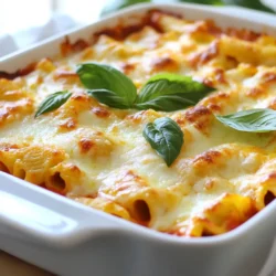 - 1 pound ziti pasta - 2 cups marinara sauce - 1 cup ricotta cheese - 1 cup mozzarella cheese, shredded - 1 cup provolone cheese, shredded - 1 cup aged cheddar cheese, shredded - 1/2 cup Parmesan cheese, grated - 1/2 teaspoon garlic powder - 1/4 teaspoon red pepper flakes (optional) - 1/2 teaspoon dried Italian herbs (oregano, basil) - Salt and pepper to taste - 2 tablespoons olive oil - Fresh basil leaves for garnish Each ingredient plays a key role in the dish. The ziti pasta provides a sturdy base. Marinara sauce adds moisture and rich flavor. Ricotta cheese gives creaminess. Mozzarella offers gooeyness and stretch. Provolone brings a sharp taste. Aged cheddar adds depth and tang. Parmesan gives a salty finish. Garlic powder enhances the savory notes. Red pepper flakes add heat. Italian herbs boost the flavor profile. Salt and pepper balance everything. Olive oil adds richness. Fresh basil garnishes for color and freshness. If you can't find ziti, use penne or rigatoni. For marinara, any tomato sauce works well. Swap ricotta for cottage cheese if needed. If you don’t have mozzarella, try gouda or Monterey Jack. Provolone can be replaced with fontina or havarti. Use any sharp cheese instead of aged cheddar. If Parmesan is unavailable, Pecorino Romano is a great choice. Garlic powder can be swapped with minced fresh garlic. If red pepper flakes are absent, use hot sauce for heat. Dried herbs can be replaced with fresh herbs if you have them. {{ingredient_image_1}} Start by boiling a large pot of salted water. Once the water boils, add 1 pound of ziti pasta. Cook it until it is al dente. This usually takes about 8 to 10 minutes. After cooking, drain the pasta and set it aside. Make sure not to rinse it, as you want the starch to help the sauce stick later. In a big mixing bowl, add the following cheeses: - 1 cup ricotta cheese - 1/2 cup mozzarella cheese (reserve the rest for later) - 1 cup provolone cheese - 1 cup aged cheddar cheese - 1/4 cup Parmesan cheese Next, sprinkle in 1/2 teaspoon of garlic powder, 1/4 teaspoon of red pepper flakes (if you like heat), and 1/2 teaspoon of dried Italian herbs. Season with salt and pepper to taste. Mix everything well until it’s smooth and creamy. Grab a greased 9x13-inch baking dish. Start by spreading a thin layer of marinara sauce on the bottom. Then, add half of the cooked ziti on top of the sauce. Spoon half of the cheese mixture over the pasta. Pour half of the remaining marinara sauce over this layer. Repeat this process with the remaining ziti, cheese mixture, and sauce. It creates a lovely, layered effect. Now it’s time to bake! First, sprinkle the remaining mozzarella and Parmesan cheese on top for that perfect cheesy crust. Drizzle 2 tablespoons of olive oil over the top to add flavor. Cover the dish with aluminum foil to keep everything moist. Bake in a preheated oven at 375°F (190°C) for 25 minutes. After that, remove the foil and bake for another 15 minutes until the cheese is bubbly and golden brown. Let it cool for a few minutes, then garnish with fresh basil leaves before serving. Enjoy your cheesy masterpiece! To get that golden, crunchy cheese crust, use a mix of cheeses. The mozzarella gives you the gooey stretch, while the Parmesan adds a nice crisp. After baking, let it cool for a few minutes. This lets the cheese set and makes serving easier. Add a splash of cream to the cheese mix for rich flavor. A dash of lemon zest can brighten the dish. Use fresh herbs instead of dried ones whenever possible. They add a burst of flavor that dried herbs cannot match. Don’t skip the step of mixing the cheeses well. This helps the flavors blend and creates a creamy filling. Avoid overcooking the pasta; it should stay firm. Lastly, don’t forget to check the oven temperature. An oven that’s too hot can burn the top before the inside cooks. Pro Tips Use Fresh Herbs: Fresh basil or parsley will enhance the flavor of your ziti. Add them just before serving for a burst of freshness. Mix Cheeses for Depth: Experiment with different cheeses beyond the five suggested. A bit of goat cheese or fontina can add unique flavors. Don’t Overcook the Pasta: Since the pasta will continue to cook in the oven, ensure it’s al dente to prevent mushiness. Let it Rest: Allow the baked ziti to sit for a few minutes before serving. This helps the layers set and makes for easier slicing. {{image_2}} You can add vegetables to the ziti for extra flavor and nutrition. Try using spinach, zucchini, or bell peppers. Just sauté them in olive oil before mixing with the cheeses. This adds color and taste, making your dish even better. You can also add mushrooms for an earthy flavor. If you need a gluten-free option, use gluten-free ziti pasta. Many brands make great gluten-free pasta that cooks well. Just follow the package instructions for cooking time. The rest of the recipe stays the same. You won’t lose any flavor in this tasty dish. Feel free to mix up the cheeses based on what you like. Instead of provolone, you can try gouda or fontina. For a sharper taste, use more aged cheddar. You can even add a bit of blue cheese for a bold flavor. Get creative with what you have on hand! To store your Five Cheese Ziti Al Forno, let it cool first. Place leftovers in a sealed container. Keep them in the fridge for up to three days. This dish tastes great even after a day or two. Avoid letting it sit out too long to keep it safe to eat. When you want to enjoy your leftovers, preheat your oven to 350°F (175°C). Place the ziti in an oven-safe dish. Cover it with aluminum foil to keep it moist. Heat for about 20 minutes or until it's warm. You can also use a microwave. Just heat it in short bursts, stirring in between. This helps it warm evenly. You can freeze Five Cheese Ziti Al Forno for up to three months. To do this, let it cool completely, then wrap it tightly in plastic wrap. After that, place it in a freezer-safe bag. When you're ready to eat it, thaw overnight in the fridge. Reheat as mentioned before. This way, you get a delicious meal anytime without the fuss. Five Cheese Ziti Al Forno is a baked pasta dish. It features ziti pasta and five types of cheese. The cheeses include ricotta, mozzarella, provolone, cheddar, and Parmesan. This dish is creamy and rich, with layers of marinara sauce. It’s a comfort food that many love. To spice up your Five Cheese Ziti Al Forno, add more red pepper flakes. You can also use spicy marinara sauce. Try adding jalapeños or crushed red pepper for extra heat. Adjust the spice level to match your taste. Yes, you can use different pasta shapes. Penne, rigatoni, or fusilli work well too. Just make sure the pasta is sturdy enough to hold the sauce and cheese. Cook the pasta until al dente for the best texture. Your Five Cheese Ziti Al Forno lasts up to five days in the fridge. Store it in an airtight container to keep it fresh. Reheat it in the oven or microwave until hot. Pair this dish with a simple salad or garlic bread. Steamed vegetables also make a great side. A light, fresh side balances the rich flavors of the ziti. Enjoy your meal with a glass of wine for a perfect dinner. This blog post covered everything about making Five Cheese Ziti Al Forno. We detailed the ingredients, their roles, and easy substitutes. You learned step-by-step instructions for prep, combining, layering, and baking. Helpful tips ensure the perfect cheese crust and flavor. We also shared great variations like veggie options and gluten-free choices. Finally, we discussed storage and reheating, plus answered common questions. With these insights, you can create a delicious, cheesy dish that your family will love. Now, it's time to enjoy your cooking journey and share this tasty meal with everyone!