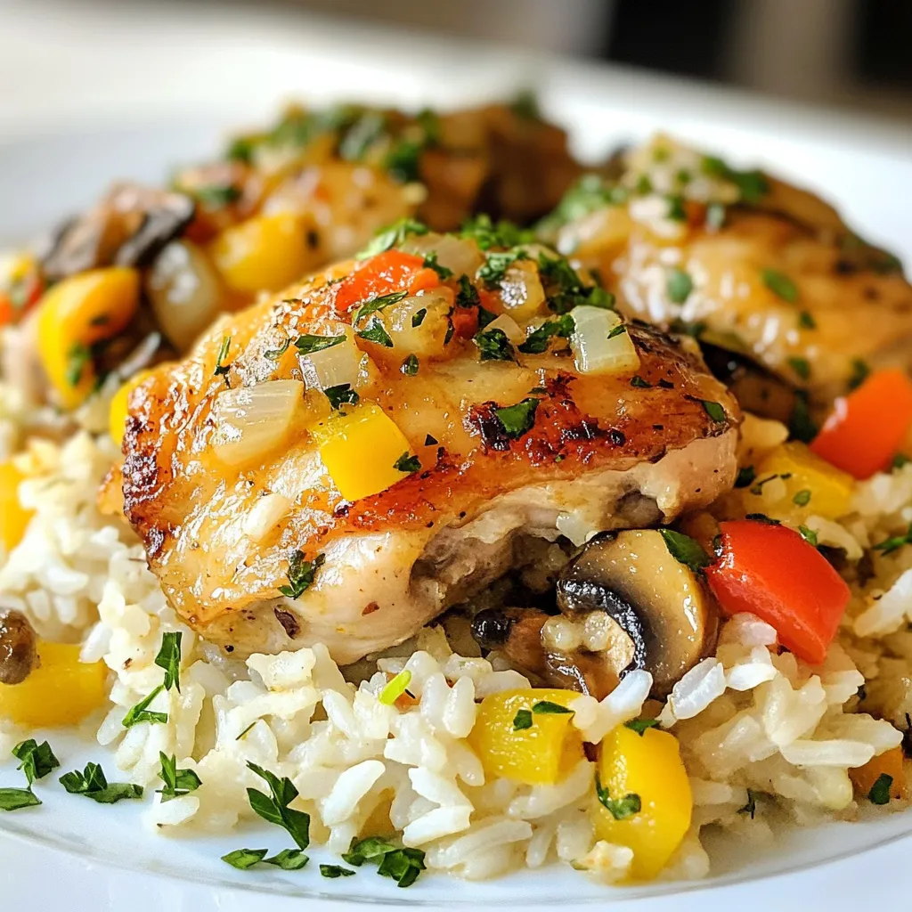 - 4 boneless, skinless chicken thighs - 1 cup long-grain rice - 2 cups low-sodium chicken broth - 1 large onion, sliced - 2 cloves garlic, minced - 1 bell pepper, diced (any color) - 1 cup sliced mushrooms - 1 teaspoon paprika - 1 teaspoon dried thyme - Salt and pepper to taste - 2 tablespoons olive oil To make smothered chicken and rice, you need fresh and good-quality ingredients. The chicken thighs give a rich flavor. They stay moist and tender during cooking. Long-grain rice absorbs the broth well. This keeps the dish creamy and delicious. The vegetables add color and crunch. You can use any bell pepper you like. I often choose red or yellow for their sweetness. The onion adds a sweet base, while mushrooms bring umami. Garlic gives a nice kick to the flavors. For seasonings, paprika adds warmth and depth. Dried thyme brings a hint of earthiness. Salt and pepper are crucial for balance. Use them to taste, as they bring all the flavors together. - Fresh parsley, chopped Garnishing with fresh parsley adds a pop of color. It also gives a fresh taste that brightens the dish. You can sprinkle it on just before serving. This makes your meal look even more inviting. {{ingredient_image_1}} Start by heating olive oil in a large skillet over medium heat. While it warms, season the chicken thighs with salt, pepper, and paprika. This adds flavor to the chicken. Place the thighs in the hot skillet. Brown them on both sides for about 5 minutes each. Once they are golden, remove them from the skillet and set them aside. In the same skillet, add the sliced onion, diced bell pepper, and mushrooms. Cook these vegetables for about 5 to 7 minutes. You want the vegetables to soften and the onions to turn translucent. This brings out their natural sweetness. After that, add the minced garlic. Cook for one more minute to let the garlic release its aroma. Next, stir in the long-grain rice. Cook it for about 2 minutes. This step helps the rice soak up all the flavors from the skillet. Then, pour in the chicken broth and add the dried thyme. Stir everything together and bring the mixture to a boil. Once boiling, lower the heat to a simmer. Place the browned chicken thighs back into the skillet. Nestle them into the rice mixture. Cover the skillet and let it simmer for 20 to 25 minutes. This helps the rice cook and absorb most of the broth. If the rice seems too dry, add a bit more broth or water. After cooking, let the dish sit for 5 minutes. Before serving, sprinkle some fresh parsley on top for a nice touch. To ensure your chicken is tender, choose boneless, skinless thighs. They have great flavor and stay juicy. When browning the chicken, don't rush it. Let it cook for about five minutes on each side. This gives a nice sear. After browning, remove the chicken and let it rest. This helps keep the juices inside. For a flavor boost, try adding a dash of cayenne pepper. It adds warmth without overwhelming. You can also mix in a teaspoon of garlic powder for extra depth. Fresh herbs like thyme or rosemary can change the dish. Add them during the last few minutes of cooking for a fresh taste. Serve this dish directly from the skillet for a cozy feel. For a neater look, plate the chicken and rice separately. Scoop a generous portion of rice with each piece of chicken. A sprinkle of fresh parsley on top adds color and freshness. This small touch makes the meal appealing and vibrant. Pro Tips Tip Title: Searing the Chicken: Ensure the skillet is hot enough before adding the chicken to achieve a nice golden-brown crust, enhancing flavor and texture. Tip Title: Vegetable Variations: Feel free to add other vegetables like zucchini or spinach to the dish for added nutrition and flavor. Tip Title: Broth Flavor: Use homemade chicken broth if possible, as it will give the dish a richer and deeper flavor compared to store-bought options. Tip Title: Resting Time: Allow the dish to rest after cooking, as this helps the flavors meld together and makes the rice fluffier. {{image_2}} You can swap chicken thighs for chicken breasts if you prefer. Bone-in chicken adds more flavor but takes longer to cook. For a meatless version, use tofu or chickpeas instead. Long-grain rice works best, but you can use basmati or jasmine rice for a twist. If you want a different grain, quinoa or farro can be great options too. For gluten-free needs, check your broth for gluten. Most chicken broth is gluten-free. You can also replace the rice with cauliflower rice for a low-carb option. This keeps the dish light and healthy while still being filling. If you’re watching carbs, consider using a mix of vegetables in place of rice. Adding spices can change the whole dish. Try adding cayenne pepper for heat or cumin for warmth. Fresh herbs like thyme or rosemary give fresh flavor. You can also include more veggies, like carrots or zucchini, for color and nutrition. Mixing in diced tomatoes adds a nice tang and moisture. To keep your smothered chicken and rice fresh, store it in an airtight container. Let it cool down for about 30 minutes before sealing. This helps avoid condensation inside the container. You can keep leftovers in the fridge for up to four days. Make sure to label the container with the date. When you're ready to enjoy leftovers, reheat them gently. You can use a microwave or a skillet. If using a microwave, place the chicken and rice in a bowl and cover it. Heat for one to two minutes. Stir halfway to ensure even warmth. If using a skillet, add a splash of broth to keep it moist. Heat on low for about five minutes, stirring often. Freezing is a great way to save this dish for later. To freeze, let the dish cool completely. Then, portion it into freezer-safe containers. Leave some space at the top for expansion. You can freeze it for up to three months. When you're ready to eat, thaw it overnight in the fridge. Reheat it gently as mentioned above for the best taste and texture. I recommend using boneless, skinless chicken thighs. They stay juicy and tender. Thighs have more flavor than chicken breasts. You can also use chicken legs if you prefer. Just cook them longer to ensure they are tender. Yes, you can use brown rice! It adds a nutty flavor and more fiber. Remember, brown rice takes longer to cook. Use about 2 ½ cups of chicken broth instead of 2 cups. This helps the brown rice cook well. To spice things up, add cayenne pepper or red pepper flakes. You can also use spicy sausage or hot sauce in the broth. If you like jalapeños, mix them in with the vegetables. Some great sides are steamed broccoli, green beans, or a simple salad. Cornbread makes a delicious addition too. These sides balance the flavors of the chicken and rice well. Store leftovers in an airtight container. They will stay fresh for about 3 to 4 days. Reheat them on the stove or in the microwave. Add a splash of broth or water to keep it moist. This article covered how to make Smothered Chicken and Rice. We discussed key ingredients, cooking steps, and tips for the best flavor. You learned about optional garnishes and variations for dietary needs. Storing and reheating leftovers were also important topics. In the end, this dish is simple and flexible. You can customize it to fit your taste. I hope you feel ready to try your own version of this hearty meal. Enjoy your cooking journey!